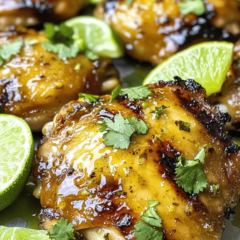 For this dish, you will need the following key ingredients: - 6 bone-in, skin-on chicken thighs - 1/4 cup honey - 1/4 cup fresh lime juice (about 2 limes) - Zest of 1 lime - 3 cloves garlic, minced - 1 tablespoon soy sauce - 1 teaspoon ground cumin - 1 teaspoon smoked paprika - Salt and pepper to taste These ingredients work together to create a juicy and flavorful meal. The honey adds sweetness while the lime juice gives a nice tang. Garlic enhances the taste with its rich aroma. Ground cumin and smoked paprika bring warmth and depth, making every bite delicious. To make your meal even better, consider these garnishes and sides: - Fresh cilantro, chopped (for garnish) - Lime wedges (for serving) - Cilantro-lime rice - Grilled vegetables Garnishing with cilantro and lime wedges adds freshness. Serving with cilantro-lime rice or grilled veggies complements the chicken’s bold flavors. This dish offers a good balance of protein and flavor. Here’s a basic breakdown per serving: - Calories: Approximately 300 - Protein: 24g - Fat: 20g - Carbohydrates: 10g - Fiber: 0g Honey Lime Chicken Thighs can fit well into a balanced diet. Enjoy this meal as part of your healthy eating plan. For the complete cooking method, check the Full Recipe. To start, you'll need a bowl. Combine these ingredients for the marinade: - 1/4 cup honey - 1/4 cup fresh lime juice (about 2 limes) - Zest of 1 lime - 3 cloves garlic, minced - 1 tablespoon soy sauce - 1 teaspoon ground cumin - 1 teaspoon smoked paprika - Salt and pepper to taste Whisk these until smooth. This mix brings sweet and tangy flavors. Next, take 6 bone-in, skin-on chicken thighs. Place them in a large resealable bag or a shallow dish. Pour your marinade over the chicken. Make sure every piece is well coated. Seal the bag or cover the dish with plastic wrap. Refrigerate for at least 1 hour. For more flavor, let it marinate up to 6 hours. You can cook the chicken in two ways: grilling or baking. For grilling: 1. Preheat your grill to 400°F (200°C). Grease the grates. 2. Take the chicken out of the marinade. Let excess marinade drip off. 3. Place the thighs skin-side down on the grill. Cook for 6-8 minutes. 4. Flip and baste with leftover marinade. Cook for another 6-8 minutes. 5. Ensure the internal temperature reaches 165°F (75°C). The skin should be crispy. For baking: 1. Preheat your oven to 400°F (200°C). 2. Line a baking sheet with aluminum foil for easy cleanup. 3. Arrange the marinated chicken thighs on the sheet. 4. Bake for about 30-35 minutes. Baste with marinade halfway through. 5. Check that the chicken reaches 165°F (75°C). Let the chicken rest for 5 minutes after cooking. This helps keep it juicy. Now, you can serve it beautifully plated with a touch of cilantro and lime wedges. For the full recipe, check the recipe section above. To cook chicken thighs just right, aim for an internal temperature of 165°F (75°C). Use a meat thermometer for accuracy. This ensures your chicken is tender and juicy. If you grill, cook skin-side down for a crispy texture. On the other hand, if you bake, line your pan with foil for easy cleanup. Always let the chicken rest for five minutes after cooking. This helps the juices settle back in, giving you more flavor. To boost the flavor of your Honey Lime Chicken Thighs, try adding fresh herbs. Cilantro or parsley can brighten the dish. You can also mix in some chili pepper for heat. If you want a smoky taste, add more smoked paprika. Consider marinating the chicken overnight for a deeper flavor. This extra time allows the flavors to soak in well. One mistake is not marinating long enough. If you only marinate for 30 minutes, the flavor will not be as strong. Another common error is not using a meat thermometer. This can lead to undercooked or overcooked chicken. Always check the temperature. Lastly, avoid skipping the resting time after cooking. Cutting into the chicken too soon lets the juices run out. Follow these tips for the best results with your meal. For the full recipe, check out the Honey Lime Chicken Thighs recipe above. {{image_4}} You can cook Honey Lime Chicken Thighs in different ways. Grilling gives the chicken a smoky flavor. The high heat creates a crispy skin. Baking is easy and keeps the chicken juicy. Either way, use a meat thermometer. You want the chicken to reach 165°F (75°C). This ensures it's safe to eat. Feel free to mix things up with your ingredients. Honey can be swapped for maple syrup or agave. Lime juice can be replaced with lemon juice for a different twist. If you like spice, add chili powder or sriracha. For a more herbaceous flavor, try using fresh herbs like oregano. This will change the taste but still keep it delicious. You can take this dish around the world. For a Mexican flair, add some chipotle peppers and serve with corn tortillas. If you want an Asian twist, replace soy sauce with teriyaki sauce and add sesame seeds. You can also use coconut milk for a tropical vibe. The options are endless! Just remember to keep the honey and lime for that sweet-tart taste. For the full recipe, check the section above. After cooking, let the honey lime chicken thighs cool down. Store them in an airtight container. They can stay fresh in the fridge for up to four days. If you want to keep them longer, consider freezing. To freeze, wrap the chicken tightly in plastic wrap or foil. Place them in a freezer-safe bag, removing as much air as possible. They can stay frozen for up to three months. Label the bag with the date for easy tracking. To reheat, use the oven or stovetop for best results. Preheat your oven to 350°F (175°C). Place the chicken on a baking sheet and cover it with foil. Heat for about 15-20 minutes, or until warm. For stovetop reheating, place them in a skillet over medium heat. Add a splash of water or broth to keep them moist. Cook until heated through, about 5-7 minutes. Enjoy them just like the first time! I suggest marinating chicken thighs for at least one hour. This gives flavors time to soak in. For the best taste, marinate for up to six hours. The longer the chicken sits in the marinade, the more intense the flavor becomes. This tasty blend of honey and lime will make your chicken shine! Yes, you can use boneless chicken thighs. They will cook faster than bone-in ones. Just make sure to check their internal temperature reaches 165°F (75°C). Boneless thighs will still absorb the marinade well. You’ll enjoy a juicy and flavorful meal either way! For sides, I recommend cilantro-lime rice or a fresh salad. Roasted veggies like zucchini or bell peppers also pair nicely. You could even serve some corn on the cob for added crunch. These sides will complement the sweet and tangy chicken perfectly. Enjoy your meal! Honey lime chicken thighs are easy and tasty. You learned about the key ingredients and how to prepare a rich marinade. I shared cooking methods like grilling and baking for perfect flavor. You found tips to make this dish shine, along with variations to suit your taste. Storage advice helps keep leftovers fresh and delicious. Enjoy trying this recipe and make it your own! Your kitchen will shine with this simple, flavorful dish.