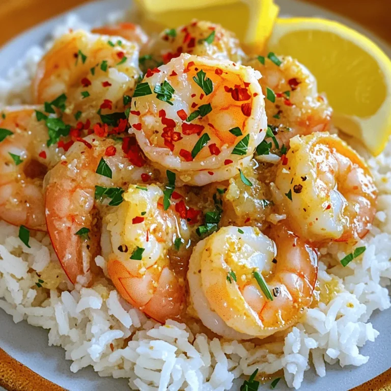 To make garlic butter shrimp, gather these simple ingredients: - 1 lb large shrimp, deveined and peeled - 6 tablespoons unsalted butter - 5 cloves garlic, finely minced - 1 teaspoon red pepper flakes - 1 lemon, zested and juiced - 2 tablespoons fresh parsley, finely chopped - Salt and freshly ground black pepper, to taste - Optional: 1 tablespoon extra virgin olive oil These ingredients create a dish full of flavor. The shrimp give a sweet and briny taste. The garlic brings a warm, earthy aroma. Butter adds richness and a smooth texture. Lemon juice brightens the dish and balances the flavors. Fresh parsley gives a pop of color and freshness. Feel free to adjust the red pepper flakes. If you like heat, add more! If you prefer a milder flavor, use less. The optional olive oil helps prevent butter from burning. It adds depth to the dish. Once you gather these ingredients, you're ready to dive into the world of garlic butter shrimp. For a full recipe, check out the section above. To start, heat a large skillet over medium heat. Add 3 tablespoons of unsalted butter and, if you like, 1 tablespoon of extra virgin olive oil. This oil helps keep the butter from burning and adds flavor. Once the butter melts, add 5 cloves of minced garlic along with 1 teaspoon of red pepper flakes. Sauté for about 1-2 minutes. Stir often until the garlic smells great and turns light golden brown. Watch closely, so the garlic doesn’t burn. Now, it’s time for the shrimp. Carefully add 1 pound of peeled and deveined shrimp to the skillet. Spread them out in a single layer. Season with salt and freshly ground black pepper. Let the shrimp cook for about 2-3 minutes without stirring. You will see them change color to pink and opaque. When they look good, gently flip the shrimp over. Add the zest and juice from 1 lemon along with the remaining 3 tablespoons of butter. Cook for another 2-3 minutes until the shrimp are fully cooked and coated in the buttery sauce. When the shrimp are done, take the skillet off the heat. Stir in 2 tablespoons of finely chopped parsley. Taste the dish and adjust seasoning by adding more salt or pepper if needed. Serve the garlic butter shrimp hot to enjoy the best flavor. For more details, check the Full Recipe. To make your garlic butter shrimp shine, focus on two key areas: garlic and seasoning. - Avoid burning garlic: Garlic burns fast. Keep your heat at medium. Stir it often. You want it golden, not dark. Burnt garlic tastes bad. - Adjust seasoning to preference: Taste is personal. Start with salt and pepper. Add more to match your liking. You can also play with red pepper flakes for heat. Now, let’s talk about how to serve your dish. Presentation matters, and there are tasty ways to enjoy it. - Pairing with rice or bread: Serve your shrimp over fluffy rice. Jasmine or basmati works great. If you prefer, slice some warm bread. It soaks up the sauce well. - Garnishing ideas: Fresh parsley adds color. A few lemon wedges brighten your plate. A sprinkle of extra red pepper flakes adds a kick. Need more help? Here are some useful tools. - Suggested video tutorial or high-quality images: Look for a video that shows the steps in action. It helps to see the cooking process. - Nutritional information: Check out the calories and nutrients in this dish. It’s good to know what you're eating. For the full recipe, click [Full Recipe]. Enjoy cooking! {{image_4}} You can play with the flavors in garlic butter shrimp. For a kick, try Spicy Garlic Butter Shrimp. Just add more red pepper flakes. Adjust the heat to your taste. This gives the dish a nice kick that many love. Another great option is Lemon Herb Garlic Shrimp. Add fresh herbs like thyme or basil for a fresh twist. You can also squeeze extra lemon juice for more brightness. This variation makes the dish feel light and refreshing. You can swap some ingredients for different flavors. Instead of butter, try using olive oil. This gives a different taste and is a healthier choice. You can also use ghee for a rich flavor. Adding vegetables can change the dish too. Toss in asparagus or cherry tomatoes. These add color and nutrients. They cook quickly and soak up the garlic butter sauce. If you need gluten-free options, this recipe is easy. Just make sure your red pepper flakes and any other spices are gluten-free. For a dairy-free option, use olive oil instead of butter. You can also try vegan butter. This keeps the flavor while making it suitable for those avoiding dairy. By making these small adjustments, you can enjoy garlic butter shrimp in many ways. For the full recipe, check out the details above. To store leftovers, place the garlic butter shrimp in an airtight container. Ensure the shrimp cool down first. This keeps them fresh and tasty. You should eat the leftovers within 2 days. The flavors stay best within this time. For reheating, I suggest using a skillet. Heat it on low and add a little butter. This method keeps the shrimp moist. Stir gently to avoid overcooked shrimp. If you use the microwave, heat in short bursts. Check every 30 seconds until warm. You can freeze cooked shrimp for later use. Place them in a freezer-safe bag and remove as much air as possible. They can last up to 3 months in the freezer. To defrost, place the shrimp in the fridge overnight. For a faster method, submerge the bag in cold water. This way, you can enjoy your garlic butter shrimp whenever you want. For the full recipe, check out the [Full Recipe]. Cook shrimp for about 2-3 minutes on each side. They turn pink and opaque. This short time keeps them tender and juicy. Overcooking makes them tough. Always check their texture before serving. Yes, you can use frozen shrimp. Thaw them first in cold water. It takes about 15-20 minutes. Pat them dry before cooking. This helps them sear nicely in the pan. Cooking frozen shrimp directly may not give the best results. You can pair garlic butter shrimp with many sides. Rice is a great choice, like jasmine or basmati. You can also serve it with crusty bread. A fresh salad or steamed veggies work well too. They balance the rich flavors of the shrimp. This recipe is very flexible. You can adjust the spice level by adding more or less red pepper flakes. Want a different flavor? Try adding fresh herbs like basil or cilantro. You can even add veggies like asparagus or bell peppers. The choice is yours! For the full recipe, check the earlier section. This blog post covered a simple garlic butter shrimp recipe with step-by-step instructions. You learned about key ingredients, cooking tips, and variations for flavor. Storing and reheating shrimp was also discussed. This dish is not only easy to make, but it’s also delicious too. Experiment with the ingredients or try new sides to make it your own. Enjoy your cooking, and have fun exploring different flavors and options!