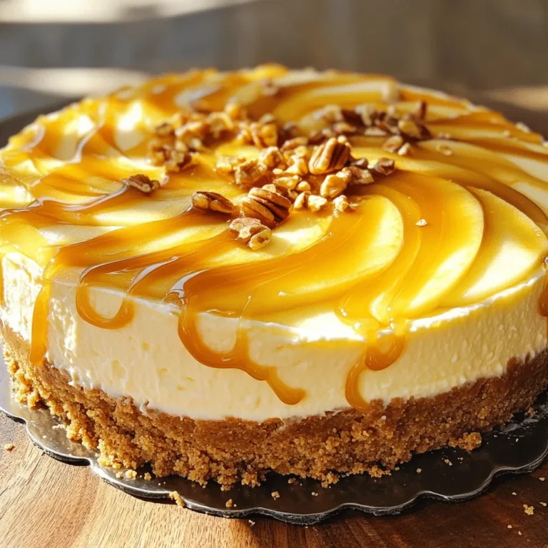 - 1 ½ cups graham cracker crumbs - ½ cup unsalted butter, melted - 2 tablespoons granulated sugar - 3 packages (8 oz each) cream cheese, softened - 1 cup granulated sugar - 3 large eggs, at room temperature - 1 teaspoon pure vanilla extract - 1 teaspoon ground cinnamon - 2 cups apples, peeled, cored, and thinly sliced (preferably Granny Smith) - 1 cup caramel sauce (plus extra for drizzling) - ¼ cup chopped pecans (optional for garnish) When making caramel apple cheesecake, you want the best ingredients. Start with graham cracker crumbs. They give the crust a nice crunch. Use unsalted butter to blend with the crumbs for a rich base. Cream cheese is the star of this dessert. Choose high-quality cream cheese for a smooth filling. Fresh apples add a wonderful tartness. Granny Smith apples work best, but you can use others too. Ground cinnamon adds warmth and flavor. Caramel sauce is a must for that sweet, sticky finish. Lastly, chopped pecans can give a lovely crunch on top. - 9-inch springform pan - Mixing bowls - Electric mixer - Spatula To make this recipe, you need a few key tools. A 9-inch springform pan holds the cheesecake well. Mixing bowls help you combine ingredients easily. An electric mixer makes it simple to beat the cream cheese until smooth. A spatula helps fold in the apples and spread the filling evenly. - Substitutes for cream cheese: Use dairy-free cream cheese for a vegan option. - Gluten-free crumb options: Look for gluten-free graham cracker crumbs. - Sugar alternatives: Try using coconut sugar or agave syrup for a healthier option. These swaps make this dessert fit your dietary needs. They allow you to enjoy caramel apple cheesecake without worry. Whether you need gluten-free or vegan options, you can still enjoy this sweet treat. 1. Preheat your oven to 325°F (160°C). This helps the crust bake evenly. 2. In a medium bowl, mix 1 ½ cups of graham cracker crumbs, ½ cup of melted butter, and 2 tablespoons of sugar. Stir until it looks like wet sand. 3. Press this mixture firmly into the bottom of a 9-inch springform pan. Make it even and compact. 4. Bake this crust for 10 minutes. When done, take it out and let it cool. 1. In a large bowl, beat 3 packages of softened cream cheese with 1 cup of sugar. Use an electric mixer on medium speed. Mix until smooth and creamy. 2. Add 3 large eggs, one at a time. Make sure to mix well after each egg. 3. Then, mix in 1 teaspoon of vanilla extract and 1 teaspoon of ground cinnamon. Don’t over-mix; you want it airy. 1. Take 2 cups of thinly sliced apples. Fold these gently into the cream cheese filling. Make sure the apples spread evenly. 2. Pour this mixture over your cooled crust. Use a spatula to smooth the top. 3. Drizzle about ½ cup of caramel sauce over the surface. Use a knife to swirl it in for a pretty look. 4. Place the cheesecake into the oven and bake for 60-70 minutes. The center should be set but a bit jiggly. 5. Turn off the oven and leave the door slightly open. Let the cheesecake cool inside for 1 hour to avoid cracks. 6. Finally, chill your cheesecake in the fridge for at least 4 hours, or overnight for best results. Enjoy this easy and tasty caramel apple cheesecake using the Full Recipe! To get a smooth and creamy cheesecake, avoid over-mixing. Mix just until smooth and fluffy. Over-mixing can add too much air, causing cracks. When cooling your cheesecake, follow these steps to prevent cracks: - After baking, leave the oven door slightly open for about an hour. - This helps the cheesecake cool slowly and evenly. For great results, bake your cheesecake for 60-70 minutes. The center should look set but still jiggle slightly. To check for doneness, gently shake the pan. If the edges are firm and the center wiggles, it is ready. After baking, cool the cheesecake properly by: - Turning off the oven and leaving the door ajar. - Allowing it to cool for at least an hour in the oven. Chill the cheesecake in the fridge for at least 4 hours or overnight for the best flavor and texture. To make your cheesecake shine, drizzle caramel sauce on top. This adds a sweet touch and makes it look inviting. For a crunchy finish, sprinkle chopped pecans over the caramel. This adds texture and a nice nutty flavor. These tips will help you serve a beautiful caramel apple cheesecake that everyone will love! For the complete guide, check the Full Recipe. {{image_4}} You can make your caramel apple cheesecake even better. Try adding spices like nutmeg or allspice. A little nutmeg gives warmth to the flavors. Allspice adds a hint of depth. You can also mix in different fruits. Pears work great with the apples. They add sweetness and a unique twist. If you want a vegan version, use dairy-free cream cheese. It gives the same creamy taste without dairy. You can also swap regular sugar for sugar-free alternatives. This way, you make a lighter version without losing taste. Serve your cheesecake with whipped cream or a scoop of ice cream. The creaminess pairs well with the rich flavors. This dessert shines during holidays and special events. It impresses guests and brings joy to gatherings. For the best experience, drizzle extra caramel sauce on top just before serving. You can find the full recipe for this delicious treat right here. To keep your caramel apple cheesecake fresh, store it in the fridge. Use an airtight container or cover it with plastic wrap. This will help it stay moist and delicious. The cheesecake will last for about 5 days in the fridge. If you have extra cheesecake, freezing is a great option. First, cut the cheesecake into individual slices. Wrap each slice tightly in plastic wrap. Then, place the wrapped slices in a freezer-safe bag or container. This helps keep the cheesecake fresh for up to 3 months. When you want to eat it, move the cheesecake to the fridge for a few hours. Let it thaw slowly. Avoid using the microwave, as it can change the texture. If you want to enjoy a warm slice, you can reheat it safely. Use an oven set to 250°F (120°C). Place the slice on a baking sheet and warm it for about 10-15 minutes. This method helps keep the cheesecake creamy. Avoid reheating if the cheesecake has been frozen for too long. It may lose its taste and texture. Enjoy each slice fresh for the best experience. For the full recipe, check the complete guide I included earlier! Can I make this cheesecake ahead of time? Yes, you can make this cheesecake a day in advance. It tastes even better after sitting. Just chill it in the fridge overnight. This helps the flavors blend well. How do I prevent my cheesecake from cracking? To avoid cracks, don’t over-mix your batter. Mix just until smooth. Also, cool the cheesecake slowly in the oven after baking. Leaving the oven door ajar helps a lot. What should I serve with caramel apple cheesecake? I love to serve this cheesecake with whipped cream or a scoop of vanilla ice cream. A drizzle of extra caramel sauce adds a nice touch. You can also sprinkle some chopped nuts for extra crunch. How long should I chill the cheesecake? Chill the cheesecake for at least four hours. For the best results, let it sit overnight. This makes it firm and easy to slice. Can I change the flavor profile of this cheesecake? Of course! You can add spices like nutmeg or ginger for a warm flavor. You can even mix in chocolate chips or swap apples for pears. What are the best apple varieties for baking? Granny Smith apples work best for this recipe. Their tartness balances the sweet caramel. You can also try Honeycrisp or Braeburn for a different taste. This post covered how to make a delicious caramel apple cheesecake. You learned about key ingredients, necessary tools, and steps for success. I shared tips for texture and baking for great results. You discovered fun variations and ways to store leftovers. Remember, cheesecake is a versatile treat. Have fun customizing your recipe. Enjoy sharing this dessert with family and friends!