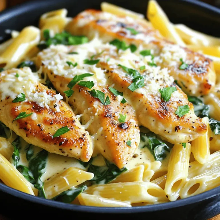 - 2 boneless, skinless chicken breasts - 8 oz penne pasta - 1 cup heavy cream - 1 cup freshly grated Parmesan cheese - Olive oil - 3 cloves garlic, finely minced - 1 teaspoon Italian seasoning blend - 1 cup baby spinach leaves - Salt to taste - Freshly ground black pepper to taste - Fresh parsley, chopped (for garnish) Gathering these ingredients is the first step. I always buy fresh chicken and high-quality cheese. It makes a big difference in flavor. I love using freshly grated Parmesan. It melts better and tastes richer than pre-packaged cheese. The seasonings add depth to the dish. Garlic gives a nice aroma, while Italian seasoning brings warmth. Baby spinach adds color and nutrition. Always taste for salt and pepper. Adjust them to your liking. For the best results, use good olive oil. It helps sear the chicken perfectly. The parsley not only looks nice but adds freshness. These ingredients create a creamy, savory dish. Each bite of Creamy Parmesan Chicken with Penne will delight your taste buds. For the full recipe, check the details above. 1. Bring a large pot of salted water to a boil. 2. Add the penne pasta and cook as the package directs, usually 10-11 minutes. 3. Drain the pasta and set it aside. Reserve a splash of pasta water to use later. 1. While the pasta cooks, heat olive oil in a large skillet over medium heat. 2. Season both sides of the chicken breasts with salt, pepper, and Italian seasoning. 3. Place the chicken in the hot skillet. Cook for about 6-7 minutes on each side until golden brown. 4. Check that the chicken reaches an internal temperature of 165°F (75°C). Remove it from the skillet and let it rest. 1. Lower the heat and add minced garlic to the same skillet. Sauté for about 1 minute until fragrant. 2. Pour in the heavy cream and bring to a gentle simmer while stirring. 3. Gradually add the grated Parmesan cheese. Stir continuously until the cheese melts and the sauce is smooth. 1. Add the baby spinach to the creamy sauce. Stir until it wilts down, about 1-2 minutes. 2. Add the cooked penne pasta to the sauce. Toss gently to combine everything. 3. If the sauce is too thick, adjust the consistency with reserved pasta water. 1. Slice the rested chicken into strips. Arrange it on top of the creamy penne pasta. 2. Garnish with freshly chopped parsley and serve immediately. For a complete guide, check out the Full Recipe. To keep your sauce from separating, focus on the temperature. Always cook over low to medium heat. If it gets too hot, the cream can break. Stir often for a nice, smooth blend. To get the best texture, add the cheese slowly. This way, it melts evenly and creates that creamy goodness you love. To ensure your chicken stays juicy, don’t skip the resting step. After cooking, let it sit for a few minutes. This helps the juices stay inside. You can marinate the chicken before cooking for more flavor. Try a mix of olive oil, lemon juice, and garlic for a tasty marinade. For perfect al dente pasta, follow the package instructions closely. Test the pasta a minute before the time ends. It should be firm but not hard. When draining, save a cup of pasta water. This water is starchy and can help thicken your sauce. {{image_4}} You can switch up the protein in this dish. Shrimp works well and adds a nice touch. Tofu is a great choice for a vegetarian option. Both will soak up the creamy sauce beautifully. If you prefer a lighter sauce, try half-and-half instead of heavy cream. It still gives a rich flavor without the extra calories. You can also use Greek yogurt for a tangy twist, but be sure to add it at the end to prevent curdling. To kick up the flavor, add sun-dried tomatoes or artichokes. These ingredients bring a burst of taste and color. You can also try herbs like fresh basil or oregano for a fragrant boost. Just sprinkle them in as you stir the sauce. If you need a gluten-free option, choose gluten-free penne pasta. Many brands offer delicious alternatives made from rice or lentils. You can also make this dish vegetarian by omitting the chicken and adding more veggies. Zucchini, bell peppers, or mushrooms work well. Experimenting with these variations can make your creamy Parmesan chicken with penne even more delightful! For detailed instructions, check out the Full Recipe. To keep your creamy pasta fresh, store it in a sealed container. Make sure it cools to room temperature first. Refrigerate it within two hours after cooking. This helps stop bacteria. For freezing, use airtight containers. Portion it out for easy meals later. It can last in the freezer for up to three months. When you reheat, add a splash of water or cream if it looks dry. In the fridge, Creamy Parmesan Chicken with Penne lasts about three to four days. Always check for signs of spoilage. If it smells sour or has mold, throw it away. If the color changes or it looks slimy, do not eat it. To reheat, gently warm it on the stove over low heat. Stir it often to avoid sticking. You can also use the microwave. Heat in short bursts, stirring in between. This way, you keep the creamy texture. Avoid high heat, as it can make the sauce separate. Enjoy your meal just as much the next day! You can prep this dish ahead of time. First, cook the penne and chicken. Store them in separate containers in the fridge. Prepare the creamy sauce the day you plan to eat it. This way, the pasta and chicken stay fresh. Reheat everything together before serving. You can also cut the chicken into strips for quick heating. This saves time on busy nights. Yes, you can use half-and-half or whole milk as a lighter choice. Both options reduce the fat a bit. However, the sauce will be less rich and creamy. If you want a similar texture, try adding a little cornstarch. Mix it with the milk before adding it to the sauce. This will help thicken it up. Great sides include fresh salads or steamed veggies. A simple green salad with lemon dressing works well. Roasted broccoli or asparagus are tasty choices, too. Garlic bread is another nice touch. It helps soak up the creamy sauce. Yes, this recipe is perfect for meal prep! Start by portioning the creamy penne and chicken into containers. Store them in the fridge for up to four days. To reheat, warm them in the microwave or on the stove. Be sure to add a splash of water if the sauce thickens too much. For the complete recipe and detailed instructions, check out the Full Recipe. In this post, we explored how to make Creamy Parmesan Chicken with Penne. We started with the key ingredients, including chicken, pasta, and cream. I shared step-by-step instructions to guide you through cooking each part of the dish. Tips helped to elevate your cooking, while variations showed how to tailor the recipe to your taste. Finally, we discussed storage and reheating for leftovers. With this recipe, you can create a creamy, delicious meal that’s easy to customize and enjoy repeatedly. Happy cooking!