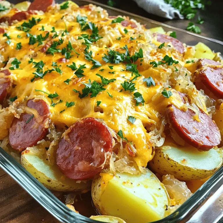 - 1 lb kielbasa sausage, cut into 1-inch pieces - 2 cups sauerkraut, well-drained - 4 medium-sized potatoes, peeled and diced into 1-inch cubes - 2 tablespoons olive oil - 1 teaspoon garlic powder - 1 teaspoon smoked paprika - Salt and freshly ground pepper, to taste - Large mixing bowl - Sheet pan - Oven This meal is simple yet packed with flavor. Kielbasa sausage gives a hearty taste. The sauerkraut adds a tangy crunch. The cheesy potatoes provide comfort and richness. You will need a mixing bowl to combine the ingredients. A sheet pan allows for even cooking. An oven is essential for that perfect roast. I love how easy it is to prepare this dish. You can set everything up in no time. The balance of flavors creates a delightful experience. Each ingredient plays a role in making this dinner special. For the full recipe, you can refer to the section above. Set your oven to 400°F (200°C). This step warms the oven for even cooking. A hot oven makes the potatoes crisp and the cheese bubbly. In a large bowl, take four medium potatoes. Peel and cut them into 1-inch cubes. Add two tablespoons of olive oil, one teaspoon of garlic powder, one teaspoon of smoked paprika, salt, and pepper. Toss the potatoes until they are well coated with the oil and spices. This mixture gives the potatoes a nice flavor. Spread the seasoned potatoes in a single layer on a large sheet pan. This helps them roast well. After 20 minutes in the oven, take the pan out. Now, add one pound of kielbasa sausage, cut into 1-inch pieces, and one thinly sliced onion on top of the potatoes. Return the pan to the oven for another 15 minutes. After that, take two cups of well-drained sauerkraut and spread it over the kielbasa and potatoes. Top everything with one cup of shredded sharp cheddar cheese. Bake for another 15 minutes. The dish is ready when the cheese is melted and golden. Let it cool for a few minutes before serving. For extra flair, sprinkle fresh parsley on top. For detailed cooking instructions, refer to the Full Recipe. To get the best roasted potatoes, spread them in a single layer on the sheet pan. If they are too crowded, they will steam instead of roast. This means soggy potatoes instead of crispy ones. Make sure to leave space between each piece. This helps them brown nicely and cook through evenly. Choosing the right cheese is key for a melty topping. I love using sharp cheddar because it melts well and adds great flavor. You can also try gouda or mozzarella for different tastes. Just make sure the cheese is shredded. Shredded cheese melts faster and creates that gooey texture we all love. Add some extra spices or herbs to boost flavor. A pinch of thyme or rosemary can make a big difference. You can also sprinkle in some red pepper flakes for heat. If you like a smoky taste, smoked paprika is a great choice. These small tweaks can take your dish from good to great! {{image_4}} You can swap kielbasa for other sausages. Try bratwurst, chorizo, or even turkey sausage. Each choice brings its own flavor. If you want a meat-free option, use plant-based sausage. These swaps keep the dish fresh and fun. Feel free to add more veggies to the mix. Carrots, bell peppers, or zucchini work well. They add color and nutrition. Broccoli or green beans can also bring a nice crunch. Just chop them into similar sizes for even cooking. If you prefer, use a slow cooker. Just layer the ingredients in it and cook on low for 6-8 hours. You can also try the stovetop. Sauté the kielbasa and onions first, then add potatoes and sauerkraut. Cover and cook until everything is tender. These methods change the texture but keep the taste. To store leftovers, let the dish cool first. Place any leftover Kielbasa Sheet Pan Dinner in an airtight container. This keeps it fresh and tasty. Store it in the fridge for up to three days. When ready to eat, simply reheat it. The best way to reheat this dish is in the oven. Preheat your oven to 350°F (175°C). Place the dish in an oven-safe container. Cover it with foil to keep it moist. Heat for about 20 minutes or until warm. You can also use a microwave, but it may not keep the texture as good. Yes, you can freeze this meal! To do this, let the dish cool completely. Then, place it in a freezer-safe container. Make sure to seal it well to avoid freezer burn. It can last for up to three months in the freezer. When you’re ready to eat, defrost it in the fridge overnight before reheating. For the full recipe, check back to see how to make it! Bake this dish for about 50 minutes total. Start by roasting the potatoes for 20 minutes. Then, add the kielbasa and onions, and bake for another 15 minutes. Finally, add the sauerkraut and cheese, and bake for an extra 15 minutes. This method ensures everything cooks evenly and develops great flavor. Yes, you can prepare this meal in advance. Chop the vegetables and sausage a day before. Store them in the fridge until you're ready to cook. You can also mix the potatoes with oil and spices ahead of time. Just remember to let everything come to room temperature before baking. This makes the cooking process quick and easy. This dish pairs well with several sides. Here are some ideas: - A light green salad for freshness. - Crusty bread to soak up the juices. - Pickles for a tangy contrast. - Mustard for a bit of zing. These sides balance the rich flavors of kielbasa and sauerkraut. For the complete recipe details, check out the Full Recipe section above. You now know how to make a delicious Kielbasa Sheet Pan Dinner. We covered the ingredients, cooking steps, and tips for perfecting your dish. Remember to layer your ingredients well and choose the right cheese for meltiness. You can try variations with different meats or veggies. Store leftovers correctly and use optimal reheating methods. With these insights, your next meal will be a hit. Enjoy your cooking adventure and the tasty results that follow!