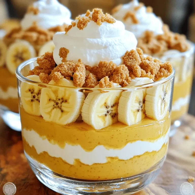 - 1 cup Biscoff cookie spread - 2 cups whole milk - 1 cup heavy cream - 1/2 cup granulated sugar - 1/4 cup cornstarch - 1 teaspoon vanilla extract - 1/8 teaspoon salt - 3 ripe bananas, sliced - 1 cup crushed Biscoff cookies (for layering and garnish) - Whipped cream (optional, for topping) The Biscoff banana pudding is a treat, but it comes with calories. Each serving has about 350 calories. It has sugar and fat from the cookies and cream. If you want to reduce calories, you can use less sugar or lighter cream. You can also switch to a non-dairy milk for a vegan option. This dessert has a good mix of flavors and textures. You get the creaminess from the pudding and the crunch from the cookies. - Mix Dry Ingredients: In a medium saucepan, combine 1/2 cup granulated sugar, 1/4 cup cornstarch, and 1/8 teaspoon salt. Whisk them until there are no lumps. - Add Milk and Cook Mixture: Slowly pour in 2 cups of whole milk while whisking. This helps to avoid clumps in your pudding. Place the saucepan on medium heat and stir constantly. Cook until the mixture thickens and bubbles, about 5 to 7 minutes. - Incorporate Flavors: Once thickened, remove the saucepan from heat. Stir in 1 teaspoon vanilla extract and 1 cup of Biscoff cookie spread. Mix well until everything is smooth and combined. - Whip the Cream: In a separate bowl, whip 1 cup of heavy cream using an electric mixer. Beat until soft peaks form. Make sure it holds shape but is not too stiff. - Combine with Biscoff Mixture: Gently fold the whipped cream into the Biscoff mixture. Use a spatula and be gentle to keep the airy texture. - Layer the Dessert: In a large dish or individual cups, lay down sliced bananas. Then, spoon a layer of the Biscoff pudding over the bananas. - Add Crushed Cookies: Sprinkle a layer of crushed Biscoff cookies on the pudding. Repeat the layers with the remaining ingredients. Ensure the top layer is the Biscoff pudding. - Finishing Touches: For a nice look, pipe or dollop whipped cream on top. Garnish with extra crushed Biscoff cookies. - Chill the Dessert: Cover the dessert and place it in the fridge for at least 4 hours, or overnight. This helps all the flavors blend together. For the complete recipe, check the [Full Recipe]. Enjoy your cooking! To get the right whipped cream consistency, start with cold heavy cream. Use a clean bowl and beaters for the best results. Whip at medium speed until soft peaks form. This means the cream should hold its shape but still be smooth. Avoid over-whipping, as this can turn it into butter. To prevent lumps in the pudding, whisk the dry ingredients well before adding milk. Pour in the milk slowly while stirring. This helps mix everything evenly. Keep stirring as you cook the mixture over medium heat. This ensures a smooth pudding without any lumps. For the best presentation, use clear glasses or bowls. This shows off the lovely layers of bananas, creamy pudding, and crunchy cookies. You can also add a banana slice or a whole Biscoff cookie on top for a nice touch. This makes each serving look even more inviting. For garnishing ideas, sprinkle extra crushed Biscoff cookies on top. A dollop of whipped cream adds a nice finishing touch. You can also drizzle some melted Biscoff cookie spread over the top for added flavor and flair. The best time to prepare this dessert is a day ahead. This gives the flavors time to blend well. The pudding needs at least 4 hours in the fridge, but overnight is even better. This chilling time lets the pudding set perfectly. For optimal flavor, chill the dessert for at least 4 hours. This helps all the elements come together. The longer you chill, the more delicious it gets! Enjoy your Biscoff banana pudding after the wait; it will be worth it. {{image_4}} You can make this dessert even more fun by adding chocolate layers. Just mix cocoa powder into the Biscoff pudding. This mix creates a rich, sweet flavor. You can also use chocolate pudding as a layer. The blend of chocolate and Biscoff is a match made in dessert heaven. You can easily make a vegan version of Biscoff banana pudding. Use almond milk or coconut milk instead of whole milk. For the cream, try coconut cream. You can replace granulated sugar with maple syrup or agave. These swaps keep the taste yummy while being plant-based. If you need a gluten-free option, use gluten-free cookies. Look for brands that make gluten-free Biscoff-style cookies. Ensure that all other ingredients are gluten-free. This way, everyone can enjoy this delightful dessert without worry. To keep your Biscoff banana pudding fresh, store leftovers in the fridge. Use an airtight container to prevent air and moisture from spoiling it. If you don’t have one, cover the dish tightly with plastic wrap. This keeps the pudding creamy and tasty. In the fridge, this pudding lasts about 3 to 5 days. After that, it may lose its texture and flavor. Always check for any signs of spoilage before enjoying it again. If it smells off or looks strange, it’s best to toss it. Yes, you can freeze this pudding! To freeze, spoon it into a freezer-safe container, leaving room for expansion. Cover tightly with a lid or plastic wrap. When you're ready to eat, thaw in the fridge overnight. Avoid refreezing once thawed, as it may change the texture. Enjoy your creamy treat! For the full recipe, check out the Biscoff banana pudding delight. Can I use other nut butters instead of Biscoff? You can try using almond or peanut butter. However, Biscoff has a unique flavor. It adds a sweet, spiced taste. This makes it hard to replicate. Use other nut butters if you prefer them. The result will be different but still tasty. How do I know when the pudding mixture is thick enough? Stir the mixture while it cooks. It will start to bubble and thicken. When it coats the back of a spoon, it's ready. If it drips off the spoon slowly, you've got the right texture. This usually takes about 5-7 minutes. Can I make this dessert ahead of time? Yes, you can make it a day in advance. It tastes better when the flavors blend. Just cover it well and chill it in the fridge. This way, you save time and enjoy a delicious dessert. Can I use low-fat milk? Low-fat milk works, but it changes the creaminess. The pudding may be less rich. If you choose this option, consider adding a little extra whipped cream for texture. What if I don't have cornstarch? You can use flour as a substitute. It will work to thicken the pudding. Use about twice the amount of flour. Just remember, it might slightly change the taste. What can I pair with Biscoff banana pudding? This dessert pairs well with fresh fruit. Try berries or slices of mango. It also goes great with coffee or tea. The flavors balance nicely. Is it suitable for special occasions? Absolutely! Biscoff banana pudding is perfect for parties. Its layers look stunning in clear cups. Everyone loves a sweet and creamy dessert like this. It's a showstopper that impresses guests! This blog post covered how to make a delicious Biscoff banana pudding. We explored key ingredients and discussed the preparation and assembly steps to perfect the dish. I shared tips for achieving the best texture and serving suggestions to impress guests. You also learned about variations for diet needs and how to store leftovers safely. Enjoying this pudding can bring joy to many occasions. With the right ingredients and care, you can make this treat a family favorite.