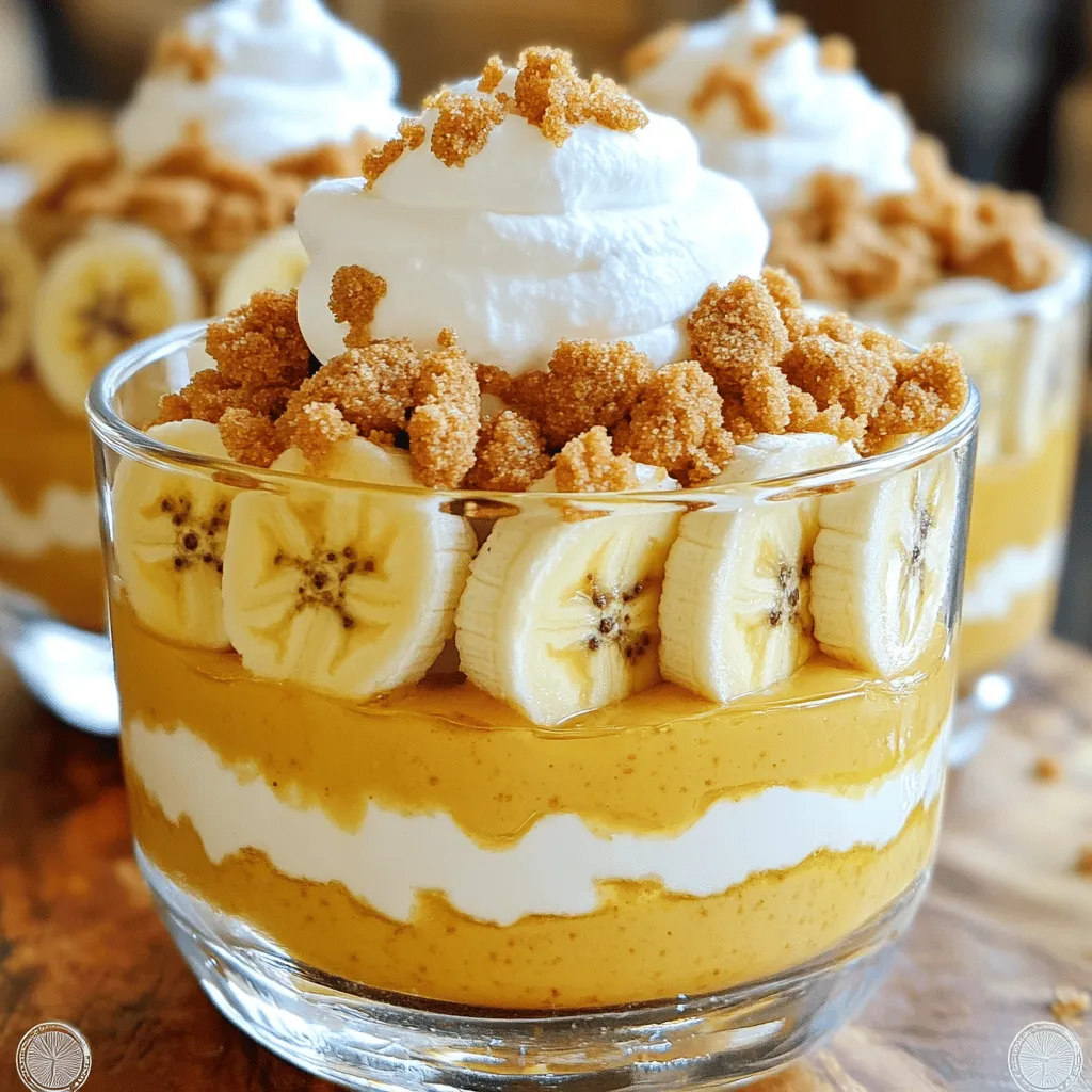 - 1 cup Biscoff cookie spread - 2 cups whole milk - 1 cup heavy cream - 1/2 cup granulated sugar - 1/4 cup cornstarch - 1 teaspoon vanilla extract - 1/8 teaspoon salt - 3 ripe bananas, sliced - 1 cup crushed Biscoff cookies (for layering and garnish) - Whipped cream (optional, for topping) The Biscoff banana pudding is a treat, but it comes with calories. Each serving has about 350 calories. It has sugar and fat from the cookies and cream. If you want to reduce calories, you can use less sugar or lighter cream. You can also switch to a non-dairy milk for a vegan option. This dessert has a good mix of flavors and textures. You get the creaminess from the pudding and the crunch from the cookies. - Mix Dry Ingredients: In a medium saucepan, combine 1/2 cup granulated sugar, 1/4 cup cornstarch, and 1/8 teaspoon salt. Whisk them until there are no lumps. - Add Milk and Cook Mixture: Slowly pour in 2 cups of whole milk while whisking. This helps to avoid clumps in your pudding. Place the saucepan on medium heat and stir constantly. Cook until the mixture thickens and bubbles, about 5 to 7 minutes. - Incorporate Flavors: Once thickened, remove the saucepan from heat. Stir in 1 teaspoon vanilla extract and 1 cup of Biscoff cookie spread. Mix well until everything is smooth and combined. - Whip the Cream: In a separate bowl, whip 1 cup of heavy cream using an electric mixer. Beat until soft peaks form. Make sure it holds shape but is not too stiff. - Combine with Biscoff Mixture: Gently fold the whipped cream into the Biscoff mixture. Use a spatula and be gentle to keep the airy texture. - Layer the Dessert: In a large dish or individual cups, lay down sliced bananas. Then, spoon a layer of the Biscoff pudding over the bananas. - Add Crushed Cookies: Sprinkle a layer of crushed Biscoff cookies on the pudding. Repeat the layers with the remaining ingredients. Ensure the top layer is the Biscoff pudding. - Finishing Touches: For a nice look, pipe or dollop whipped cream on top. Garnish with extra crushed Biscoff cookies. - Chill the Dessert: Cover the dessert and place it in the fridge for at least 4 hours, or overnight. This helps all the flavors blend together. For the complete recipe, check the [Full Recipe]. Enjoy your cooking! To get the right whipped cream consistency, start with cold heavy cream. Use a clean bowl and beaters for the best results. Whip at medium speed until soft peaks form. This means the cream should hold its shape but still be smooth. Avoid over-whipping, as this can turn it into butter. To prevent lumps in the pudding, whisk the dry ingredients well before adding milk. Pour in the milk slowly while stirring. This helps mix everything evenly. Keep stirring as you cook the mixture over medium heat. This ensures a smooth pudding without any lumps. For the best presentation, use clear glasses or bowls. This shows off the lovely layers of bananas, creamy pudding, and crunchy cookies. You can also add a banana slice or a whole Biscoff cookie on top for a nice touch. This makes each serving look even more inviting. For garnishing ideas, sprinkle extra crushed Biscoff cookies on top. A dollop of whipped cream adds a nice finishing touch. You can also drizzle some melted Biscoff cookie spread over the top for added flavor and flair. The best time to prepare this dessert is a day ahead. This gives the flavors time to blend well. The pudding needs at least 4 hours in the fridge, but overnight is even better. This chilling time lets the pudding set perfectly. For optimal flavor, chill the dessert for at least 4 hours. This helps all the elements come together. The longer you chill, the more delicious it gets! Enjoy your Biscoff banana pudding after the wait; it will be worth it. {{image_4}} You can make this dessert even more fun by adding chocolate layers. Just mix cocoa powder into the Biscoff pudding. This mix creates a rich, sweet flavor. You can also use chocolate pudding as a layer. The blend of chocolate and Biscoff is a match made in dessert heaven. You can easily make a vegan version of Biscoff banana pudding. Use almond milk or coconut milk instead of whole milk. For the cream, try coconut cream. You can replace granulated sugar with maple syrup or agave. These swaps keep the taste yummy while being plant-based. If you need a gluten-free option, use gluten-free cookies. Look for brands that make gluten-free Biscoff-style cookies. Ensure that all other ingredients are gluten-free. This way, everyone can enjoy this delightful dessert without worry. To keep your Biscoff banana pudding fresh, store leftovers in the fridge. Use an airtight container to prevent air and moisture from spoiling it. If you don’t have one, cover the dish tightly with plastic wrap. This keeps the pudding creamy and tasty. In the fridge, this pudding lasts about 3 to 5 days. After that, it may lose its texture and flavor. Always check for any signs of spoilage before enjoying it again. If it smells off or looks strange, it’s best to toss it. Yes, you can freeze this pudding! To freeze, spoon it into a freezer-safe container, leaving room for expansion. Cover tightly with a lid or plastic wrap. When you're ready to eat, thaw in the fridge overnight. Avoid refreezing once thawed, as it may change the texture. Enjoy your creamy treat! For the full recipe, check out the Biscoff banana pudding delight. Can I use other nut butters instead of Biscoff? You can try using almond or peanut butter. However, Biscoff has a unique flavor. It adds a sweet, spiced taste. This makes it hard to replicate. Use other nut butters if you prefer them. The result will be different but still tasty. How do I know when the pudding mixture is thick enough? Stir the mixture while it cooks. It will start to bubble and thicken. When it coats the back of a spoon, it's ready. If it drips off the spoon slowly, you've got the right texture. This usually takes about 5-7 minutes. Can I make this dessert ahead of time? Yes, you can make it a day in advance. It tastes better when the flavors blend. Just cover it well and chill it in the fridge. This way, you save time and enjoy a delicious dessert. Can I use low-fat milk? Low-fat milk works, but it changes the creaminess. The pudding may be less rich. If you choose this option, consider adding a little extra whipped cream for texture. What if I don't have cornstarch? You can use flour as a substitute. It will work to thicken the pudding. Use about twice the amount of flour. Just remember, it might slightly change the taste. What can I pair with Biscoff banana pudding? This dessert pairs well with fresh fruit. Try berries or slices of mango. It also goes great with coffee or tea. The flavors balance nicely. Is it suitable for special occasions? Absolutely! Biscoff banana pudding is perfect for parties. Its layers look stunning in clear cups. Everyone loves a sweet and creamy dessert like this. It's a showstopper that impresses guests! This blog post covered how to make a delicious Biscoff banana pudding. We explored key ingredients and discussed the preparation and assembly steps to perfect the dish. I shared tips for achieving the best texture and serving suggestions to impress guests. You also learned about variations for diet needs and how to store leftovers safely. Enjoying this pudding can bring joy to many occasions. With the right ingredients and care, you can make this treat a family favorite.