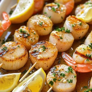- 12 large sea scallops - 12 large shrimp, peeled and deveined - 2 tablespoons unsalted butter, melted - 2 cloves garlic, minced - 1 tablespoon fresh lemon juice - 1 teaspoon smoked paprika - 1 teaspoon fresh thyme (or 1/2 teaspoon dried thyme) - Salt and freshly ground black pepper to taste - Skewers (if wooden, soak in water for 30 minutes to prevent burning) - Fresh lemon wedges and chopped parsley for garnish Using fresh, high-quality seafood is key. I love the taste of large sea scallops and juicy shrimp. They make each bite feel like a treat. The melted butter, garlic, and seasonings create a marinade that blends well. The smoked paprika gives a nice touch of warmth, while the lemon juice brightens the dish. Marinating the seafood adds flavor and enhances the dish. I prefer to let the scallops and shrimp soak for 15 to 20 minutes. This time allows the flavors to seep in. Just remember to coat them well. The blend of spices makes them taste amazing. When grilling, keep an eye on the skewers. They cook quickly, just 2 to 3 minutes on each side. I like to see the shrimp turn pink and the scallops get a golden crust. This means they are ready to eat. You can find the full recipe with all the steps I follow to make these skewers delicious. First, grab a medium bowl. In this bowl, I whisk together the melted butter, minced garlic, fresh lemon juice, smoked paprika, thyme, salt, and pepper. Mix until everything blends well. The smell will be amazing! Now, gently add the scallops and shrimp into the bowl. Make sure they are coated in the flavorful butter mix. Cover the bowl and place it in the fridge for 15-20 minutes. This time helps the seafood soak up all the great flavors. While your seafood marinates, preheat your grill. Get it hot on medium-high heat. After marinating, take your skewers. Thread 2 scallops and 2 shrimp onto each skewer, alternating them. Aim for 3 skewers for even cooking. Place the skewers on the grill and cook for 2-3 minutes on each side. Watch closely! The shrimp should turn pink and the scallops should get a nice golden crust. This is key to perfect seafood. When they are done, remove the skewers from the grill. Drizzle any leftover marinade over them for extra flavor. Finish with fresh lemon wedges and chopped parsley for a pop of color. For the full recipe, check out the complete details. Monitor the grill time closely. Scallops and shrimp cook fast. If you overcook them, they become tough and dry. Cook for just 2-3 minutes on each side. Look for shrimp to turn pink and scallops to get a nice golden crust. This careful timing keeps your seafood juicy. After grilling, drizzle any leftover marinade over the skewers. This adds extra flavor. You can also serve a small bowl of the marinade on the side. It makes dipping easy and fun. The extra taste makes the dish even more special. Arrange the skewers on a bright platter. This makes them stand out. Garnish them with fresh lemon wedges and chopped parsley. The green and yellow colors add a nice touch. A well-presented dish impresses guests and makes the meal feel gourmet. {{image_4}} You can add chili flakes to bring heat to your skewers. The spice balances well with the sweet seafood. Fresh herbs like basil or cilantro can also enhance the taste. They add a bright note to the dish. Try mixing in a bit of lime zest for a citrus twist. This small change can make a big difference in flavor. If you prefer cooking indoors, you can bake or pan-sear the skewers. For baking, place them on a lined baking sheet. Bake at 400°F for about 10-12 minutes. Flip them halfway through to ensure even cooking. For pan-searing, use a hot skillet with a little oil. Cook for about 3-4 minutes on each side. Both methods yield tasty results while keeping your kitchen smoke-free. These skewers shine when paired with sides. A simple rice dish complements the seafood well. You can also serve them with a fresh salad. Grilled vegetables add a nice touch, too. For a fun twist, serve with a dipping sauce. A garlic lemon aioli or a spicy cocktail sauce works wonders. Each option enhances the meal and adds variety to your plate. For the complete recipe, check out the Full Recipe. To keep your buttery scallop and shrimp skewers fresh, refrigerate them in an airtight container. They taste best when eaten within 2 days. If you plan to enjoy them later, this is the way to go. When you're ready to eat your leftovers, gently reheat the skewers. You can do this in a pan over low heat or use the microwave. This keeps the seafood tender. Just be careful not to overcook them. If you want to save some skewers for later, you can freeze them. Freeze raw marinated skewers for up to 2 months. Just remember to thaw them before cooking. This way, you can enjoy a tasty meal anytime. For the full recipe, just check the earlier sections! Yes, but ensure they are completely thawed and patted dry before marinating. This step keeps the seafood from becoming watery and losing flavor. Soak wooden skewers in water for at least 30 minutes before using them. This simple trick helps prevent burning on the grill and keeps your seafood safe. These skewers pair well with quinoa, grilled vegetables, or a fresh green salad. Each option adds color and nutrition to your meal. No, scallops should be cooked until opaque and firm to ensure safety. Undercooked scallops can pose health risks, so always check for doneness. You now have a simple and tasty recipe for buttery scallop and shrimp skewers. We covered the ingredients, easy steps, and tips for great grilling. Remember to check the cooking time so your seafood stays tender. You can even try different spices or sides to make it your own. Enjoy making this dish for family or friends, and savor every bite. Cooking should be fun and delicious, so get grilling!