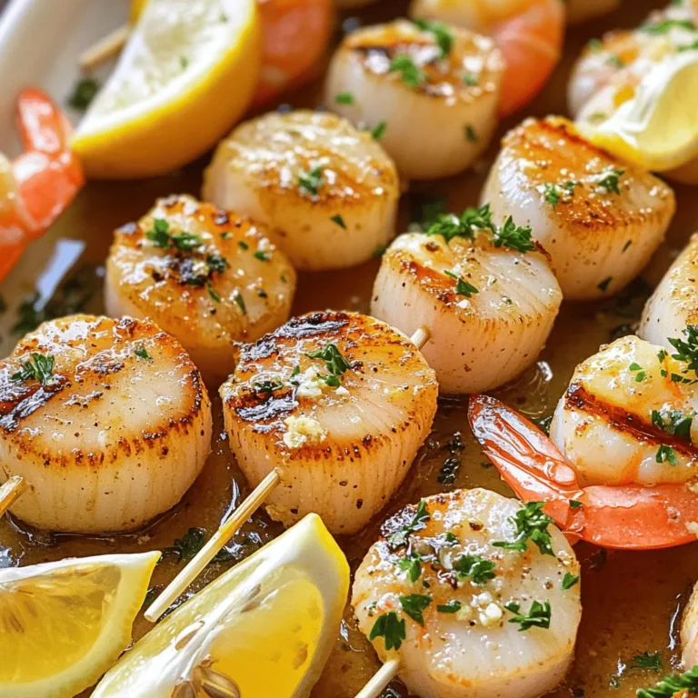 - 12 large sea scallops - 12 large shrimp, peeled and deveined - 2 tablespoons unsalted butter, melted - 2 cloves garlic, minced - 1 tablespoon fresh lemon juice - 1 teaspoon smoked paprika - 1 teaspoon fresh thyme (or 1/2 teaspoon dried thyme) - Salt and freshly ground black pepper to taste - Skewers (if wooden, soak in water for 30 minutes to prevent burning) - Fresh lemon wedges and chopped parsley for garnish Using fresh, high-quality seafood is key. I love the taste of large sea scallops and juicy shrimp. They make each bite feel like a treat. The melted butter, garlic, and seasonings create a marinade that blends well. The smoked paprika gives a nice touch of warmth, while the lemon juice brightens the dish. Marinating the seafood adds flavor and enhances the dish. I prefer to let the scallops and shrimp soak for 15 to 20 minutes. This time allows the flavors to seep in. Just remember to coat them well. The blend of spices makes them taste amazing. When grilling, keep an eye on the skewers. They cook quickly, just 2 to 3 minutes on each side. I like to see the shrimp turn pink and the scallops get a golden crust. This means they are ready to eat. You can find the full recipe with all the steps I follow to make these skewers delicious. First, grab a medium bowl. In this bowl, I whisk together the melted butter, minced garlic, fresh lemon juice, smoked paprika, thyme, salt, and pepper. Mix until everything blends well. The smell will be amazing! Now, gently add the scallops and shrimp into the bowl. Make sure they are coated in the flavorful butter mix. Cover the bowl and place it in the fridge for 15-20 minutes. This time helps the seafood soak up all the great flavors. While your seafood marinates, preheat your grill. Get it hot on medium-high heat. After marinating, take your skewers. Thread 2 scallops and 2 shrimp onto each skewer, alternating them. Aim for 3 skewers for even cooking. Place the skewers on the grill and cook for 2-3 minutes on each side. Watch closely! The shrimp should turn pink and the scallops should get a nice golden crust. This is key to perfect seafood. When they are done, remove the skewers from the grill. Drizzle any leftover marinade over them for extra flavor. Finish with fresh lemon wedges and chopped parsley for a pop of color. For the full recipe, check out the complete details. Monitor the grill time closely. Scallops and shrimp cook fast. If you overcook them, they become tough and dry. Cook for just 2-3 minutes on each side. Look for shrimp to turn pink and scallops to get a nice golden crust. This careful timing keeps your seafood juicy. After grilling, drizzle any leftover marinade over the skewers. This adds extra flavor. You can also serve a small bowl of the marinade on the side. It makes dipping easy and fun. The extra taste makes the dish even more special. Arrange the skewers on a bright platter. This makes them stand out. Garnish them with fresh lemon wedges and chopped parsley. The green and yellow colors add a nice touch. A well-presented dish impresses guests and makes the meal feel gourmet. {{image_4}} You can add chili flakes to bring heat to your skewers. The spice balances well with the sweet seafood. Fresh herbs like basil or cilantro can also enhance the taste. They add a bright note to the dish. Try mixing in a bit of lime zest for a citrus twist. This small change can make a big difference in flavor. If you prefer cooking indoors, you can bake or pan-sear the skewers. For baking, place them on a lined baking sheet. Bake at 400°F for about 10-12 minutes. Flip them halfway through to ensure even cooking. For pan-searing, use a hot skillet with a little oil. Cook for about 3-4 minutes on each side. Both methods yield tasty results while keeping your kitchen smoke-free. These skewers shine when paired with sides. A simple rice dish complements the seafood well. You can also serve them with a fresh salad. Grilled vegetables add a nice touch, too. For a fun twist, serve with a dipping sauce. A garlic lemon aioli or a spicy cocktail sauce works wonders. Each option enhances the meal and adds variety to your plate. For the complete recipe, check out the Full Recipe. To keep your buttery scallop and shrimp skewers fresh, refrigerate them in an airtight container. They taste best when eaten within 2 days. If you plan to enjoy them later, this is the way to go. When you're ready to eat your leftovers, gently reheat the skewers. You can do this in a pan over low heat or use the microwave. This keeps the seafood tender. Just be careful not to overcook them. If you want to save some skewers for later, you can freeze them. Freeze raw marinated skewers for up to 2 months. Just remember to thaw them before cooking. This way, you can enjoy a tasty meal anytime. For the full recipe, just check the earlier sections! Yes, but ensure they are completely thawed and patted dry before marinating. This step keeps the seafood from becoming watery and losing flavor. Soak wooden skewers in water for at least 30 minutes before using them. This simple trick helps prevent burning on the grill and keeps your seafood safe. These skewers pair well with quinoa, grilled vegetables, or a fresh green salad. Each option adds color and nutrition to your meal. No, scallops should be cooked until opaque and firm to ensure safety. Undercooked scallops can pose health risks, so always check for doneness. You now have a simple and tasty recipe for buttery scallop and shrimp skewers. We covered the ingredients, easy steps, and tips for great grilling. Remember to check the cooking time so your seafood stays tender. You can even try different spices or sides to make it your own. Enjoy making this dish for family or friends, and savor every bite. Cooking should be fun and delicious, so get grilling!