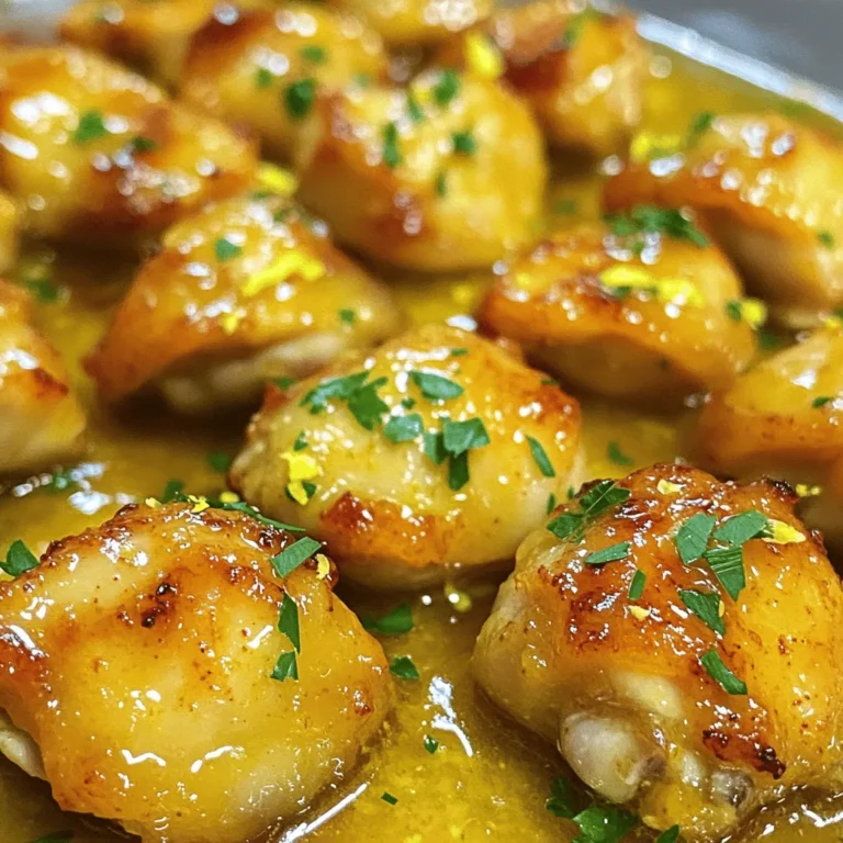 - 1 lb (450g) boneless, skinless chicken thighs, cut into bite-sized pieces - 4 tablespoons unsalted butter, divided - 4 cloves garlic, minced finely - 1 large lemon, zested and juiced - 1 teaspoon dried thyme - 1 teaspoon paprika - Salt and freshly ground black pepper to taste - Fresh parsley, chopped (for garnish) These ingredients make the dish shine. The chicken thighs give a tender bite. Garlic adds a strong aroma. Lemon brings brightness and tang. Butter makes everything rich and smooth. Thyme and paprika add depth and warmth. - Red pepper flakes for heat - Fresh herbs like basil or cilantro - A splash of white wine for extra richness - Honey for a touch of sweetness Adding some of these can make your dish unique. Red pepper flakes can spice things up. Fresh herbs can add a pop of freshness. A splash of wine creates a deeper flavor. Honey can balance the tartness of lemon. - Large skillet for cooking - Cutting board for prepping the chicken - Sharp knife for cutting the chicken - Measuring spoons for accuracy - Tongs for turning the chicken These tools will help you cook efficiently. A large skillet allows even cooking. A cutting board keeps the workspace tidy. A sharp knife ensures safe and quick cutting. Measuring spoons keep your flavors balanced. Tongs help with easy flipping and serving. For the detailed cooking steps and more, check the Full Recipe. Start by gathering your ingredients. You will need: - 1 lb boneless, skinless chicken thighs, cut into bite-sized pieces - 4 tablespoons unsalted butter, divided - 4 cloves garlic, minced finely - 1 large lemon, zested and juiced - 1 teaspoon dried thyme - 1 teaspoon paprika - Salt and freshly ground black pepper to taste - Fresh parsley, chopped (for garnish) Next, melt 2 tablespoons of butter in a skillet over medium heat. As it melts, season the chicken thighs with paprika, salt, and pepper. This step adds great flavor. Once the butter is bubbling, add the chicken pieces to the skillet. Spread them out evenly for the best sear. Sear the chicken for 5-7 minutes. Turn the chicken occasionally until it turns golden brown on all sides. This browning adds depth to the dish. When done, remove the chicken and set it aside on a plate. In the same skillet, melt the remaining 2 tablespoons of butter. Add the minced garlic and sauté it for about 30 seconds. Stir constantly to prevent burning. Once fragrant, stir in the lemon juice and zest, along with the dried thyme. Let this simmer for 1-2 minutes. This step melds all the flavors together. Now, return the cooked chicken to the skillet. Toss it in the lemon garlic butter sauce until well coated. Cook everything together for another 2 minutes. This helps the chicken absorb the sauce and heat through completely. Once finished, remove the skillet from the heat. Sprinkle fresh parsley over the chicken bites for a vibrant look. Serve the chicken bites in a large dish or individual bowls. Drizzle any remaining garlic butter sauce over the top. Add lemon wedges and extra parsley for an inviting presentation. For the full recipe, check the earlier section. To get juicy chicken, use boneless, skinless thighs. They cook faster and stay moist. Cut the chicken into even pieces for uniform cooking. Sear the chicken in a hot skillet. This gives a nice brown crust. Cook it for 5-7 minutes, flipping halfway through. Always check for doneness; the chicken should reach 165°F (75°C) inside. For a richer sauce, use high-quality butter. Add fresh herbs like rosemary or basil. If you like heat, toss in red pepper flakes. A splash of white wine adds depth, too. For extra zing, use fresh lemon juice instead of bottled. Don’t forget to taste and adjust seasoning. Every bite should burst with flavor. Prep your ingredients before you start cooking. Chop garlic and zest the lemon ahead of time. Use a sharp knife for quick cutting. Consider using a pre-made garlic butter if you’re short on time. You can also marinate the chicken a few hours before cooking. This step adds flavor and cuts down on cooking time. Feel free to explore the [Full Recipe] for complete instructions! {{image_4}} You can swap chicken thighs for other proteins. Try shrimp for a quick cook. Just sauté until they turn pink. You can use pork tenderloin, cut into small pieces. It cooks fast and absorbs flavor well. Even beef cubes work if you like a heartier bite. Adjust cooking time to match the protein you choose. For a vegetarian version, use mushrooms or tofu. Both soak up flavors like a sponge. Sauté mushrooms until golden brown. For tofu, press to remove water, then cut into cubes. Cook until crispy on all sides. Toss these in the lemon garlic butter sauce just like the chicken. If you have allergies, there are easy swaps. Use olive oil instead of butter for a dairy-free option. You can replace garlic with garlic powder if you're sensitive to fresh garlic. For a low-sodium version, use less salt and a salt substitute. Adjust the recipe to fit your taste and needs. Check out the Full Recipe for more ideas and details! To keep your leftover chicken bites fresh, place them in an airtight container. Make sure to let them cool to room temperature first. Store the container in the refrigerator. They will stay good for up to three days. Label the container with the date for easy tracking. Reheating is simple! You can use a skillet or microwave. For the skillet, heat a little butter over medium heat. Add the chicken bites and stir until warmed through. This keeps the flavors intact. If using a microwave, place the chicken in a microwave-safe dish. Cover it with a damp paper towel and heat in 30-second intervals until hot. If you want to freeze the chicken bites, make sure they are cool first. Place them in a freezer-safe bag or container. Remove as much air as possible to avoid freezer burn. They can last for up to three months in the freezer. When ready to eat, thaw them in the fridge overnight. Then reheat them as mentioned above. Enjoy your Lemon Garlic Butter Chicken Bites again! For the full recipe, check out the earlier section. Yes, you can use chicken breast instead of thighs. Chicken breast is leaner and will cook faster. Just make sure to cut it into similar bite-sized pieces. You may need to adjust the cooking time to keep it juicy. Lemon Garlic Butter Chicken Bites pair well with many sides. Here are a few ideas: - Steamed rice - Pasta with olive oil - Roasted vegetables - A fresh green salad - Garlic bread These options balance the rich flavors of the chicken and add variety to your meal. This recipe is not spicy. It focuses on lemon, garlic, and herbs for flavor. If you want some heat, you can add red pepper flakes. Start with a small amount and taste as you go. To keep the chicken juicy, follow these tips: - Do not overcook the chicken. Use a meat thermometer to check for doneness. - Let the chicken rest for a few minutes after cooking. This helps keep the juices inside. - Use the butter and garlic sauce generously. It adds moisture and flavor. Following these steps will help you achieve tender and juicy chicken bites. For the complete recipe, check out the [Full Recipe]. This blog covered how to make Lemon Garlic Butter Chicken Bites. We looked at key and optional ingredients, as well as the tools you need. I provided step-by-step cooking instructions and tips for perfect chicken. We explored variations, storage methods, and answered common questions. Now, you have all the tools to whip up this dish with ease. Enjoy cooking and share your tasty results!