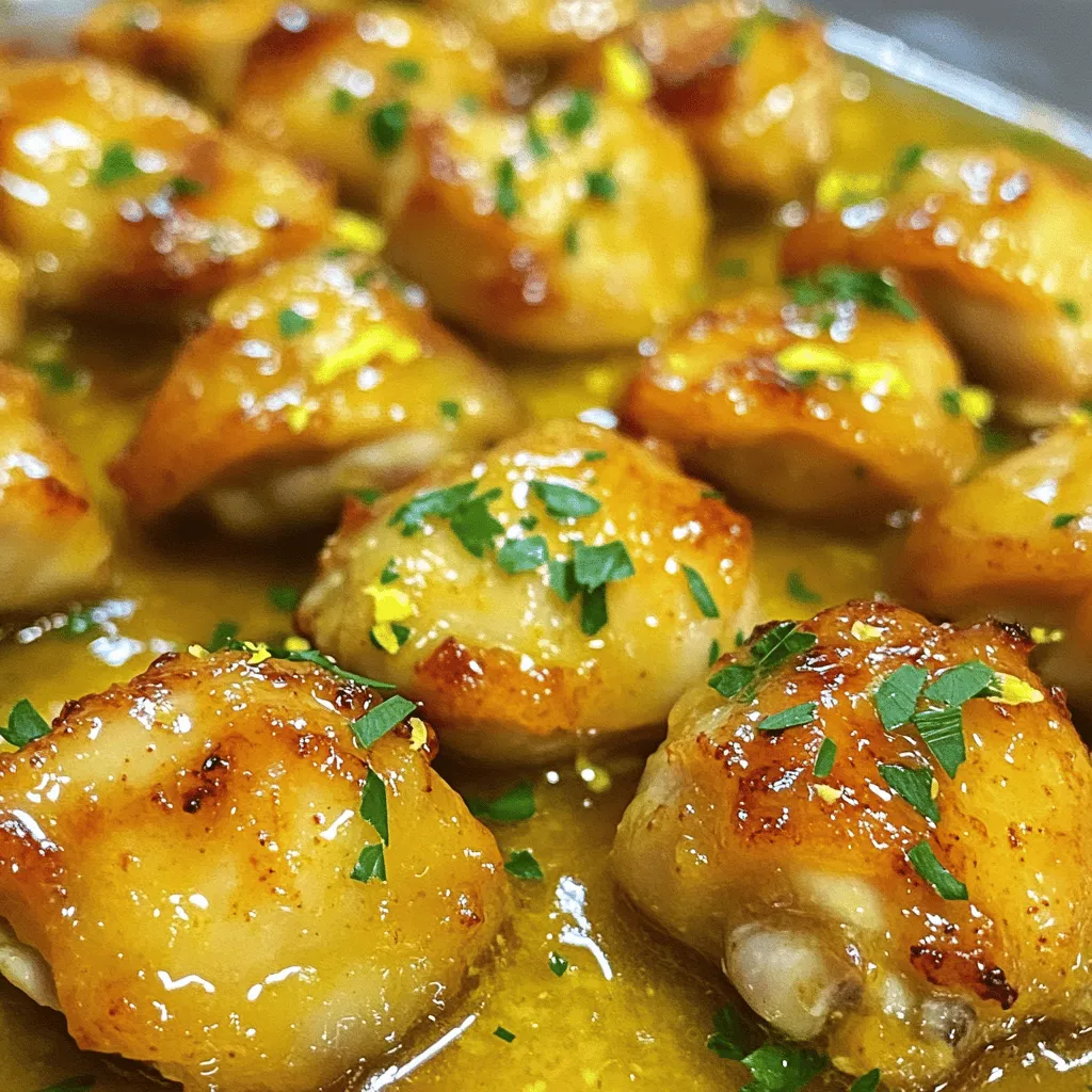 - 1 lb (450g) boneless, skinless chicken thighs, cut into bite-sized pieces - 4 tablespoons unsalted butter, divided - 4 cloves garlic, minced finely - 1 large lemon, zested and juiced - 1 teaspoon dried thyme - 1 teaspoon paprika - Salt and freshly ground black pepper to taste - Fresh parsley, chopped (for garnish) These ingredients make the dish shine. The chicken thighs give a tender bite. Garlic adds a strong aroma. Lemon brings brightness and tang. Butter makes everything rich and smooth. Thyme and paprika add depth and warmth. - Red pepper flakes for heat - Fresh herbs like basil or cilantro - A splash of white wine for extra richness - Honey for a touch of sweetness Adding some of these can make your dish unique. Red pepper flakes can spice things up. Fresh herbs can add a pop of freshness. A splash of wine creates a deeper flavor. Honey can balance the tartness of lemon. - Large skillet for cooking - Cutting board for prepping the chicken - Sharp knife for cutting the chicken - Measuring spoons for accuracy - Tongs for turning the chicken These tools will help you cook efficiently. A large skillet allows even cooking. A cutting board keeps the workspace tidy. A sharp knife ensures safe and quick cutting. Measuring spoons keep your flavors balanced. Tongs help with easy flipping and serving. For the detailed cooking steps and more, check the Full Recipe. Start by gathering your ingredients. You will need: - 1 lb boneless, skinless chicken thighs, cut into bite-sized pieces - 4 tablespoons unsalted butter, divided - 4 cloves garlic, minced finely - 1 large lemon, zested and juiced - 1 teaspoon dried thyme - 1 teaspoon paprika - Salt and freshly ground black pepper to taste - Fresh parsley, chopped (for garnish) Next, melt 2 tablespoons of butter in a skillet over medium heat. As it melts, season the chicken thighs with paprika, salt, and pepper. This step adds great flavor. Once the butter is bubbling, add the chicken pieces to the skillet. Spread them out evenly for the best sear. Sear the chicken for 5-7 minutes. Turn the chicken occasionally until it turns golden brown on all sides. This browning adds depth to the dish. When done, remove the chicken and set it aside on a plate. In the same skillet, melt the remaining 2 tablespoons of butter. Add the minced garlic and sauté it for about 30 seconds. Stir constantly to prevent burning. Once fragrant, stir in the lemon juice and zest, along with the dried thyme. Let this simmer for 1-2 minutes. This step melds all the flavors together. Now, return the cooked chicken to the skillet. Toss it in the lemon garlic butter sauce until well coated. Cook everything together for another 2 minutes. This helps the chicken absorb the sauce and heat through completely. Once finished, remove the skillet from the heat. Sprinkle fresh parsley over the chicken bites for a vibrant look. Serve the chicken bites in a large dish or individual bowls. Drizzle any remaining garlic butter sauce over the top. Add lemon wedges and extra parsley for an inviting presentation. For the full recipe, check the earlier section. To get juicy chicken, use boneless, skinless thighs. They cook faster and stay moist. Cut the chicken into even pieces for uniform cooking. Sear the chicken in a hot skillet. This gives a nice brown crust. Cook it for 5-7 minutes, flipping halfway through. Always check for doneness; the chicken should reach 165°F (75°C) inside. For a richer sauce, use high-quality butter. Add fresh herbs like rosemary or basil. If you like heat, toss in red pepper flakes. A splash of white wine adds depth, too. For extra zing, use fresh lemon juice instead of bottled. Don’t forget to taste and adjust seasoning. Every bite should burst with flavor. Prep your ingredients before you start cooking. Chop garlic and zest the lemon ahead of time. Use a sharp knife for quick cutting. Consider using a pre-made garlic butter if you’re short on time. You can also marinate the chicken a few hours before cooking. This step adds flavor and cuts down on cooking time. Feel free to explore the [Full Recipe] for complete instructions! {{image_4}} You can swap chicken thighs for other proteins. Try shrimp for a quick cook. Just sauté until they turn pink. You can use pork tenderloin, cut into small pieces. It cooks fast and absorbs flavor well. Even beef cubes work if you like a heartier bite. Adjust cooking time to match the protein you choose. For a vegetarian version, use mushrooms or tofu. Both soak up flavors like a sponge. Sauté mushrooms until golden brown. For tofu, press to remove water, then cut into cubes. Cook until crispy on all sides. Toss these in the lemon garlic butter sauce just like the chicken. If you have allergies, there are easy swaps. Use olive oil instead of butter for a dairy-free option. You can replace garlic with garlic powder if you're sensitive to fresh garlic. For a low-sodium version, use less salt and a salt substitute. Adjust the recipe to fit your taste and needs. Check out the Full Recipe for more ideas and details! To keep your leftover chicken bites fresh, place them in an airtight container. Make sure to let them cool to room temperature first. Store the container in the refrigerator. They will stay good for up to three days. Label the container with the date for easy tracking. Reheating is simple! You can use a skillet or microwave. For the skillet, heat a little butter over medium heat. Add the chicken bites and stir until warmed through. This keeps the flavors intact. If using a microwave, place the chicken in a microwave-safe dish. Cover it with a damp paper towel and heat in 30-second intervals until hot. If you want to freeze the chicken bites, make sure they are cool first. Place them in a freezer-safe bag or container. Remove as much air as possible to avoid freezer burn. They can last for up to three months in the freezer. When ready to eat, thaw them in the fridge overnight. Then reheat them as mentioned above. Enjoy your Lemon Garlic Butter Chicken Bites again! For the full recipe, check out the earlier section. Yes, you can use chicken breast instead of thighs. Chicken breast is leaner and will cook faster. Just make sure to cut it into similar bite-sized pieces. You may need to adjust the cooking time to keep it juicy. Lemon Garlic Butter Chicken Bites pair well with many sides. Here are a few ideas: - Steamed rice - Pasta with olive oil - Roasted vegetables - A fresh green salad - Garlic bread These options balance the rich flavors of the chicken and add variety to your meal. This recipe is not spicy. It focuses on lemon, garlic, and herbs for flavor. If you want some heat, you can add red pepper flakes. Start with a small amount and taste as you go. To keep the chicken juicy, follow these tips: - Do not overcook the chicken. Use a meat thermometer to check for doneness. - Let the chicken rest for a few minutes after cooking. This helps keep the juices inside. - Use the butter and garlic sauce generously. It adds moisture and flavor. Following these steps will help you achieve tender and juicy chicken bites. For the complete recipe, check out the [Full Recipe]. This blog covered how to make Lemon Garlic Butter Chicken Bites. We looked at key and optional ingredients, as well as the tools you need. I provided step-by-step cooking instructions and tips for perfect chicken. We explored variations, storage methods, and answered common questions. Now, you have all the tools to whip up this dish with ease. Enjoy cooking and share your tasty results!