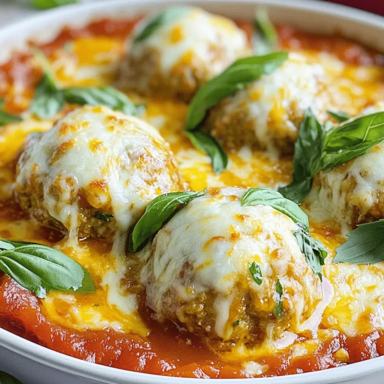 - 1 pound ground beef - 1/2 cup breadcrumbs - 1/4 cup grated Parmesan cheese - 1/4 cup fresh parsley, finely chopped - 1 large egg - 2 cloves garlic, minced - 1 teaspoon dried oregano - 1/2 teaspoon salt - 1/4 teaspoon freshly ground black pepper - 1 cup marinara sauce - 1 cup shredded mozzarella cheese In this recipe, I use pounds, cups, and teaspoons for measurement. These units help you get the right amount of each ingredient. For example, using a pound of ground beef ensures you have enough meat for everyone. A half cup of breadcrumbs acts as a binder for the meatballs. Using fresh herbs adds bright flavor to your dish. Fresh parsley enhances the taste and aroma. You can swap fresh herbs for dried ones if needed. Just remember, use less dried herb since it is more potent. For example, one tablespoon of fresh parsley equals one teaspoon of dried parsley. This simple swap lets you adjust based on what you have at home. 1. Preheat your oven to 400°F (200°C). This step gets your oven ready for baking. 2. In a large mixing bowl, combine the ground beef, breadcrumbs, Parmesan cheese, parsley, egg, garlic, oregano, salt, and black pepper. Use your hands or a spatula to mix until everything is well blended. - Aim for meatballs about 1 to 1.5 inches in diameter. This size cooks evenly and is easy to eat. - Place the shaped meatballs on a baking sheet lined with parchment paper. This prevents sticking and makes cleanup easier. - Bake the meatballs for 15 to 20 minutes. They should be fully cooked and golden brown. - Check the internal temperature. It should reach 160°F (70°C) to ensure they are safe to eat. This step is crucial for both taste and safety. Once the meatballs are ready, you can layer them with marinara sauce and cheese for that final bake. For the full recipe, follow the instructions above. To avoid dryness in your meatballs, keep moisture in mind. Use 80/20 ground beef. This mix has enough fat to keep the meatballs juicy. Don't overmix your meatball mixture. This can make them tough. Just mix until everything is combined. Binding agents like breadcrumbs and eggs help hold the meatballs together. Breadcrumbs absorb moisture. The egg adds richness and binds the ingredients. You can also use oats or ground flaxseed as alternatives for binding. To give your meatballs a flavor boost, consider adding spices. Try red pepper flakes for heat or smoked paprika for depth. Fresh herbs like basil or thyme can elevate the dish. These add bright notes. Customizing the marinara sauce is easy. You can add sautéed onions, bell peppers, or mushrooms. A pinch of sugar helps cut acidity. For a richer taste, stir in a splash of red wine. This adds complexity to the sauce. For the best melting cheese, use mozzarella. It has a great stretch and melts well. You can also mix in provolone for extra flavor. To achieve the perfect golden crust, bake at a higher temperature. Broil the dish for the last few minutes. Watch closely to avoid burning. This step gives your cheese a beautiful, bubbly top. {{image_4}} You can use different types of meat for this dish. Ground turkey or chicken works great. They keep the dish light and tasty. If you want a meat-free option, try vegetarian meatballs. You can find them made from beans, lentils, or even vegetables. These options taste great and are good for any diet. You can switch up the sauce too. Try using Alfredo sauce or barbecue sauce. Each gives a unique flavor. You can also add veggies to your sauce. Chopped bell peppers, onions, or mushrooms can boost the taste and nutrition. Mix and match until you find your favorite! Pair your meatballs and cheese bake with side dishes. Garlic bread is a classic choice and adds crunch. A simple green salad with a light dressing can balance the meal. You can also serve it in a fun way. Try putting the meatballs in a sub roll, topped with extra cheese and sauce. It’s a tasty twist! For more ideas, check the Full Recipe for inspiration. To keep your meatballs and cheese bake fresh, store leftovers in the fridge. Use an airtight container to prevent moisture loss. You can keep it in the fridge for up to three days. If you need a longer storage option, freeze the leftovers. Wrap the dish tightly in plastic wrap and then in aluminum foil. This method protects the dish and keeps it tasty for up to three months. When you're ready to enjoy the leftovers, reheating is easy. The best method is to use the oven. Preheat the oven to 350°F (175°C). Place the meatballs and cheese bake in a baking dish. Cover it with foil to keep the moisture in. Heat for about 20 minutes. If you're in a hurry, you can use the microwave. Just warm it in short bursts, stirring in between to make sure it heats evenly. This dish lasts about three days in the fridge. If kept frozen, it can last up to three months. Always check for signs of spoilage. If the meatballs smell off or have changed color, it's best to toss them. When in doubt, throw it out! Enjoy your delicious cheesy herb meatballs bake again with these simple storage tips. For the Full Recipe, refer back to the main article. How long to bake meatballs? Bake the meatballs for 15 to 20 minutes. They need to reach 160°F inside. This makes sure they are safe to eat. I often check them at 15 minutes to avoid overcooking. Can I make this dish ahead of time? Yes, you can prepare it ahead. Make the meatballs and sauce, then store them. Just assemble and bake when ready to serve. This makes meal time easy! Is it gluten-free? No, this recipe is not gluten-free. The breadcrumbs contain gluten. To make it gluten-free, use gluten-free breadcrumbs instead. Can I make it dairy-free? Yes, you can make it dairy-free. Use dairy-free cheese and skip the Parmesan. This keeps the flavor while meeting dietary needs. How to ensure meatballs are tender? Mix the meat gently. Overmixing can make them tough. Adding breadcrumbs and egg helps keep them moist too. Can I double the recipe? Absolutely! You can double all ingredients easily. Just make sure your baking dish is large enough to hold all the meatballs and sauce. Enjoy this hearty meal with family or friends! This blog post covers all you need to know about making meatballs. We discussed the key ingredients, preparation steps, baking tips, and how to store leftovers. I shared tricks for perfect texture and flavor, as well as variations for different diets. Remember to check your meatballs' internal temperature for safety. With this guide, you can create delicious, customized meatballs. Enjoy making and sharing your tasty creations!