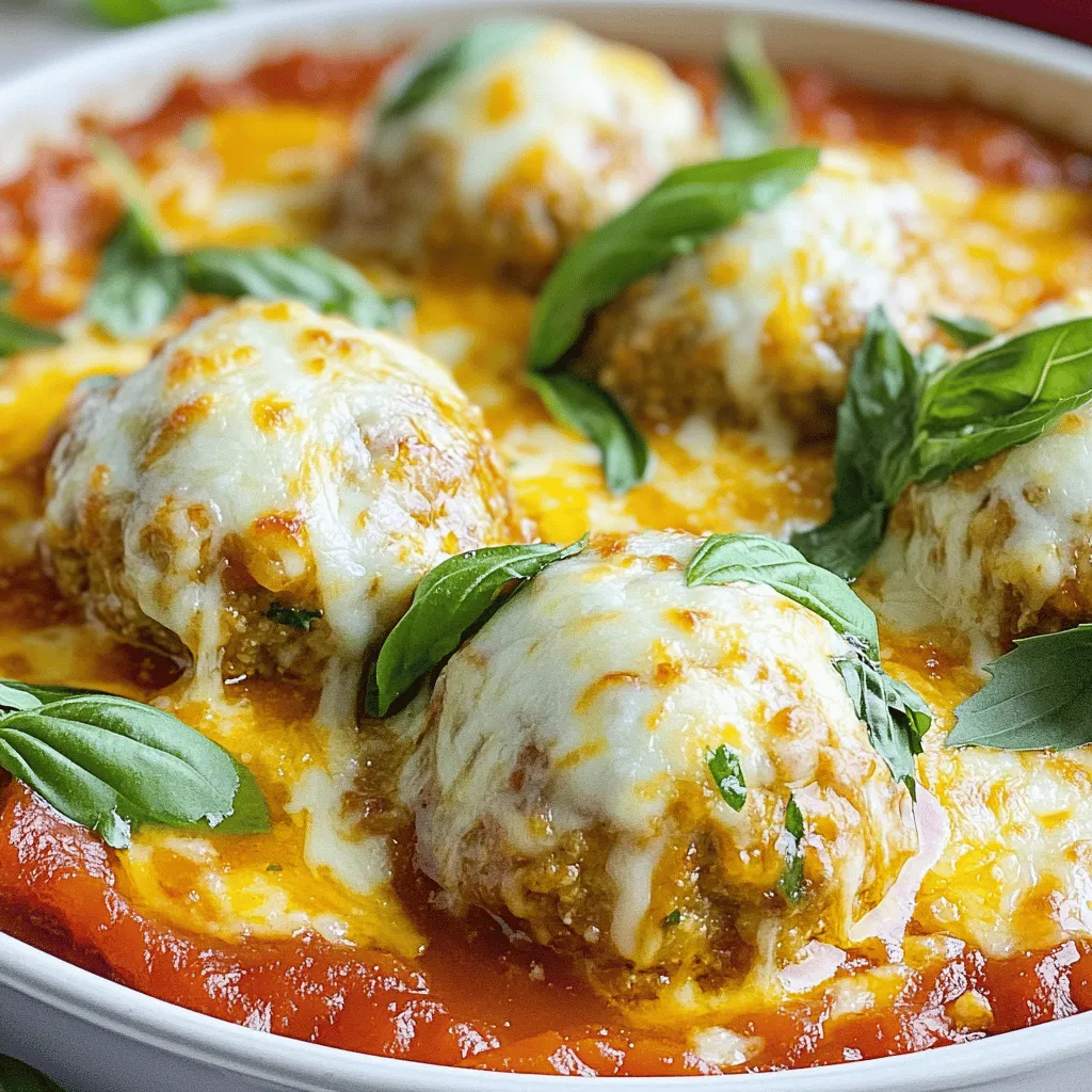 - 1 pound ground beef - 1/2 cup breadcrumbs - 1/4 cup grated Parmesan cheese - 1/4 cup fresh parsley, finely chopped - 1 large egg - 2 cloves garlic, minced - 1 teaspoon dried oregano - 1/2 teaspoon salt - 1/4 teaspoon freshly ground black pepper - 1 cup marinara sauce - 1 cup shredded mozzarella cheese In this recipe, I use pounds, cups, and teaspoons for measurement. These units help you get the right amount of each ingredient. For example, using a pound of ground beef ensures you have enough meat for everyone. A half cup of breadcrumbs acts as a binder for the meatballs. Using fresh herbs adds bright flavor to your dish. Fresh parsley enhances the taste and aroma. You can swap fresh herbs for dried ones if needed. Just remember, use less dried herb since it is more potent. For example, one tablespoon of fresh parsley equals one teaspoon of dried parsley. This simple swap lets you adjust based on what you have at home. 1. Preheat your oven to 400°F (200°C). This step gets your oven ready for baking. 2. In a large mixing bowl, combine the ground beef, breadcrumbs, Parmesan cheese, parsley, egg, garlic, oregano, salt, and black pepper. Use your hands or a spatula to mix until everything is well blended. - Aim for meatballs about 1 to 1.5 inches in diameter. This size cooks evenly and is easy to eat. - Place the shaped meatballs on a baking sheet lined with parchment paper. This prevents sticking and makes cleanup easier. - Bake the meatballs for 15 to 20 minutes. They should be fully cooked and golden brown. - Check the internal temperature. It should reach 160°F (70°C) to ensure they are safe to eat. This step is crucial for both taste and safety. Once the meatballs are ready, you can layer them with marinara sauce and cheese for that final bake. For the full recipe, follow the instructions above. To avoid dryness in your meatballs, keep moisture in mind. Use 80/20 ground beef. This mix has enough fat to keep the meatballs juicy. Don't overmix your meatball mixture. This can make them tough. Just mix until everything is combined. Binding agents like breadcrumbs and eggs help hold the meatballs together. Breadcrumbs absorb moisture. The egg adds richness and binds the ingredients. You can also use oats or ground flaxseed as alternatives for binding. To give your meatballs a flavor boost, consider adding spices. Try red pepper flakes for heat or smoked paprika for depth. Fresh herbs like basil or thyme can elevate the dish. These add bright notes. Customizing the marinara sauce is easy. You can add sautéed onions, bell peppers, or mushrooms. A pinch of sugar helps cut acidity. For a richer taste, stir in a splash of red wine. This adds complexity to the sauce. For the best melting cheese, use mozzarella. It has a great stretch and melts well. You can also mix in provolone for extra flavor. To achieve the perfect golden crust, bake at a higher temperature. Broil the dish for the last few minutes. Watch closely to avoid burning. This step gives your cheese a beautiful, bubbly top. {{image_4}} You can use different types of meat for this dish. Ground turkey or chicken works great. They keep the dish light and tasty. If you want a meat-free option, try vegetarian meatballs. You can find them made from beans, lentils, or even vegetables. These options taste great and are good for any diet. You can switch up the sauce too. Try using Alfredo sauce or barbecue sauce. Each gives a unique flavor. You can also add veggies to your sauce. Chopped bell peppers, onions, or mushrooms can boost the taste and nutrition. Mix and match until you find your favorite! Pair your meatballs and cheese bake with side dishes. Garlic bread is a classic choice and adds crunch. A simple green salad with a light dressing can balance the meal. You can also serve it in a fun way. Try putting the meatballs in a sub roll, topped with extra cheese and sauce. It’s a tasty twist! For more ideas, check the Full Recipe for inspiration. To keep your meatballs and cheese bake fresh, store leftovers in the fridge. Use an airtight container to prevent moisture loss. You can keep it in the fridge for up to three days. If you need a longer storage option, freeze the leftovers. Wrap the dish tightly in plastic wrap and then in aluminum foil. This method protects the dish and keeps it tasty for up to three months. When you're ready to enjoy the leftovers, reheating is easy. The best method is to use the oven. Preheat the oven to 350°F (175°C). Place the meatballs and cheese bake in a baking dish. Cover it with foil to keep the moisture in. Heat for about 20 minutes. If you're in a hurry, you can use the microwave. Just warm it in short bursts, stirring in between to make sure it heats evenly. This dish lasts about three days in the fridge. If kept frozen, it can last up to three months. Always check for signs of spoilage. If the meatballs smell off or have changed color, it's best to toss them. When in doubt, throw it out! Enjoy your delicious cheesy herb meatballs bake again with these simple storage tips. For the Full Recipe, refer back to the main article. How long to bake meatballs? Bake the meatballs for 15 to 20 minutes. They need to reach 160°F inside. This makes sure they are safe to eat. I often check them at 15 minutes to avoid overcooking. Can I make this dish ahead of time? Yes, you can prepare it ahead. Make the meatballs and sauce, then store them. Just assemble and bake when ready to serve. This makes meal time easy! Is it gluten-free? No, this recipe is not gluten-free. The breadcrumbs contain gluten. To make it gluten-free, use gluten-free breadcrumbs instead. Can I make it dairy-free? Yes, you can make it dairy-free. Use dairy-free cheese and skip the Parmesan. This keeps the flavor while meeting dietary needs. How to ensure meatballs are tender? Mix the meat gently. Overmixing can make them tough. Adding breadcrumbs and egg helps keep them moist too. Can I double the recipe? Absolutely! You can double all ingredients easily. Just make sure your baking dish is large enough to hold all the meatballs and sauce. Enjoy this hearty meal with family or friends! This blog post covers all you need to know about making meatballs. We discussed the key ingredients, preparation steps, baking tips, and how to store leftovers. I shared tricks for perfect texture and flavor, as well as variations for different diets. Remember to check your meatballs' internal temperature for safety. With this guide, you can create delicious, customized meatballs. Enjoy making and sharing your tasty creations!