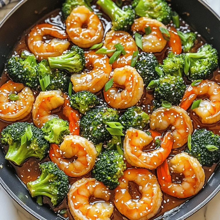 Cooking this honey garlic shrimp and broccoli dish is easy. Here is what you need: - 1 lb large shrimp, peeled and deveined - 2 cups broccoli florets - 3 tablespoons honey - 3 cloves garlic, minced - 2 tablespoons low-sodium soy sauce - 1 tablespoon rice vinegar - 1 tablespoon sesame oil - 1 teaspoon fresh ginger, grated - 2 tablespoons olive oil - Salt and freshly ground black pepper to taste - Sesame seeds for garnish - Green onions, thinly sliced for garnish These ingredients blend perfectly to create a tasty meal. The honey adds sweetness, while the garlic brings bold flavor. The soy sauce and rice vinegar balance the dish with saltiness and acidity. Fresh ginger adds a nice zing. When you combine all these, you get a dish that bursts with flavor and color! For the full recipe, check out the details to bring this dish to life! To start, grab a small mixing bowl. In it, mix 3 tablespoons of honey, 2 tablespoons of low-sodium soy sauce, 1 tablespoon of rice vinegar, 3 minced cloves of garlic, 1 teaspoon of grated fresh ginger, and 1 tablespoon of sesame oil. Whisk these ingredients until smooth. This sauce will bring flavor to your dish and set the tone for the meal. Next, heat a large skillet over medium-high heat. Add 1 tablespoon of olive oil and let it heat. Once the oil shimmers, toss in 2 cups of broccoli florets. Sauté these for about 3-4 minutes. You want them bright green and slightly tender. Once done, remove the broccoli from the skillet and put it on a plate. In the same skillet, add another tablespoon of olive oil. Let it heat up, then add 1 pound of peeled and deveined shrimp. Season them with a pinch of salt and freshly ground black pepper. Cook the shrimp for 2-3 minutes on each side. They should turn pink and opaque when ready. When the shrimp finish cooking, pour your prepared honey garlic sauce over them in the skillet. Stir quickly to coat the shrimp evenly. Let this mix simmer for about 2 minutes. The sauce will bubble and become rich in flavor. Now, add the sautéed broccoli back into the skillet. Gently toss the broccoli with the shrimp and sauce. Make sure everything is well mixed. Let it cook for another minute so everything heats through. Finally, serve your dish hot. For a beautiful finish, sprinkle sesame seeds and thinly sliced green onions on top. This adds color and crunch, making your meal even more appealing. Enjoy your Honey Garlic Shrimp & Broccoli! For the full recipe, check out the details above. To make the sauce great, balance the sweet and salty. Use fresh garlic and ginger for a strong flavor. Mix honey and soy sauce well in a bowl. Let it sit for a few minutes so the flavors blend. This step makes your dish tasty and rich. For the best shrimp, use large, fresh ones. Pat them dry to remove extra moisture. Heat oil in your skillet until it’s hot. Add shrimp in a single layer. Cook for 2-3 minutes on each side. Look for a bright pink color. This shows they are done and juicy. When cooking broccoli, keep it bright green. Sauté it in hot oil for 3-4 minutes. Stir often to avoid burning. You want it tender but still crisp. Remove it from the pan before cooking the shrimp. This keeps the texture and color perfect. For a great look, serve the shrimp and broccoli on rice or quinoa. Drizzle extra sauce over the top for shine. Add sesame seeds and green onions for color. Arrange the dish nicely on the plate. A well-presented meal makes everyone excited to eat! {{image_4}} You can add more flavor to your Honey Garlic Shrimp & Broccoli. Here are some ideas: - Bell Peppers: Slice red or yellow bell peppers and add them with the broccoli. They add sweetness and color. - Pineapple Chunks: Fresh or canned pineapple gives a sweet twist. Add them in when you mix the sauce. - Chili Flakes: If you like heat, sprinkle chili flakes for a spicy kick. A little goes a long way! - Cashews: Toss in some toasted cashews for crunch. They add a nice texture and nutty taste. You might want to tweak the recipe for your needs. Here are some easy swaps: - Protein: Swap shrimp for chicken, tofu, or scallops. Each option cooks well with the sauce. - Sauce: Use teriyaki sauce instead of honey garlic for a different flavor. It’s still tasty! - Vegetables: Change the broccoli for snap peas or green beans. They cook quickly and taste great. - Sweetness: If you like it sweeter, add more honey. Adjust to fit your taste. Serve your dish in a way that makes it shine. Here are some ideas: - Rice or Quinoa: Serve the shrimp and broccoli over steamed rice or quinoa. It soaks up the sauce perfectly. - Lettuce Wraps: For a fun twist, use large lettuce leaves. Fill them with the shrimp mix for a fresh bite. - Noodles: Toss the dish with cooked noodles. This makes it a filling meal and so good. - Extra Garnish: Add more green onions or sesame seeds before serving. They add color and crunch. For the full recipe, check out the Honey Garlic Shrimp & Broccoli Bliss! To store your Honey Garlic Shrimp & Broccoli, let it cool first. Then, place it in an airtight container. This helps keep the dish fresh. You can store it in the fridge for up to three days. Make sure to label the container with the date. Reheat your leftovers carefully. You can use a microwave or a skillet. If using a microwave, heat in short bursts, stirring in between. This helps warm the dish evenly. If using a skillet, add a splash of water to keep it moist. Heat over medium until warm. If you want to freeze this dish, do so before adding the sauce. The shrimp and broccoli freeze better this way. Place them in a freezer-safe bag and remove as much air as possible. You can freeze for up to two months. When ready to eat, thaw in the fridge overnight before cooking it with the sauce. Enjoy your meal later! You can use chicken, tofu, or scallops as great substitutes for shrimp. Chicken works well when cut into small pieces. Tofu is a great option for a vegetarian dish. Scallops provide a similar texture and flavor profile. Yes, you can use frozen broccoli. Just be sure to thaw it first. Drain any excess water before adding it to the skillet. This ensures that your dish stays flavorful and doesn’t become watery. Yes, this recipe can be gluten-free. Use gluten-free soy sauce instead of regular soy sauce. This small change keeps all the delicious flavors intact while making it safe for those with gluten sensitivities. To add spice, include red pepper flakes or sriracha. You can also use a spicy soy sauce. Adjust the amount based on your heat preference. Start small, then taste and add more until it’s just right. Serve this dish with steamed rice or quinoa for a hearty meal. You can also pair it with a fresh salad or stir-fried vegetables for added crunch. A light citrusy drink works well, too! For the full recipe, check out the Honey Garlic Shrimp & Broccoli Bliss section. This blog post covered a delicious Honey Garlic Shrimp and Broccoli recipe. We discussed the ingredients, step-by-step instructions, and valuable tips. You learned how to cook shrimp perfectly and how to enhance flavors. We also explored ways to store and reheat leftovers. In my view, this dish is not just tasty; it's simple and quick to prepare. Enjoy your cooking journey, and feel free to experiment with this recipe to make it your own.