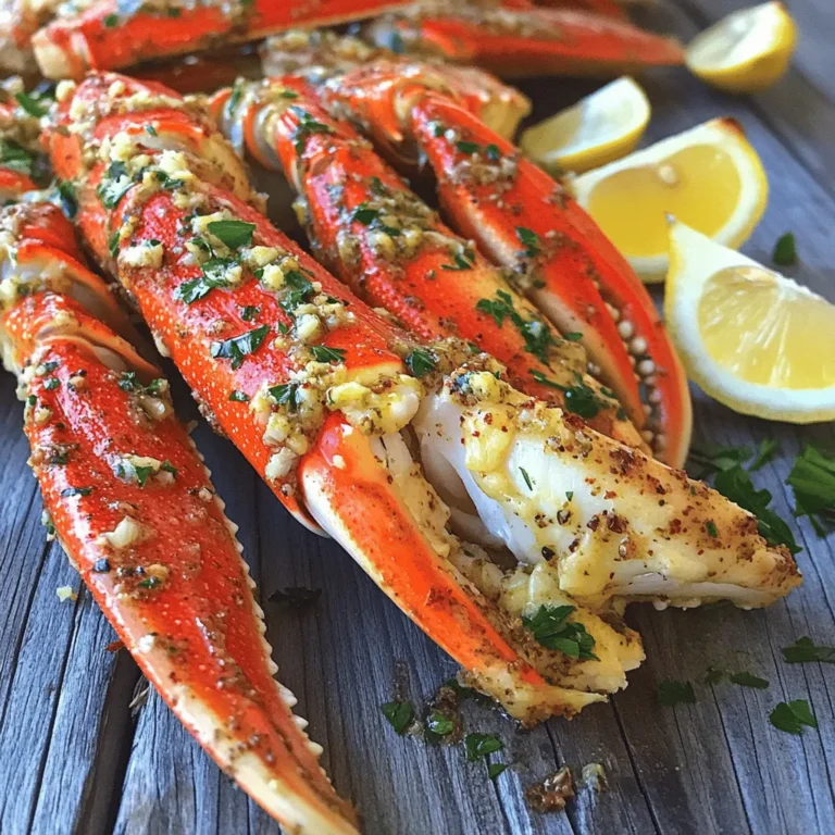 - 2 pounds frozen Alaskan crab legs - 4 tablespoons unsalted butter, melted - 2 cloves garlic, finely minced - 1 tablespoon freshly squeezed lemon juice - 1 teaspoon smoked paprika - 1 teaspoon Old Bay seasoning - Sea salt and freshly cracked black pepper, to taste - Fresh parsley, finely chopped (for garnish) - Lemon wedges, for serving To make homemade baked crab legs, you need simple, fresh items. I love using frozen Alaskan crab legs for this recipe. They are tender and full of flavor. You can find them in most grocery stores. Next, I use unsalted butter. The butter adds richness to the dish. You will also need garlic, which gives a lovely aroma and taste. Fresh lemon juice adds brightness and balances the flavors. Smoked paprika and Old Bay seasoning give the crab legs a unique taste. Sea salt and black pepper are key for seasoning the dish. For garnish, fresh parsley adds color and a fresh note. Lastly, lemon wedges serve as a perfect side. They add a zesty touch when squeezed over the crab legs. Gather these ingredients before starting your cooking adventure. - Baking dish - Aluminum foil - Mixing bowl - Whisk - Basting brush You will need a few tools to make this recipe easy. A baking dish helps hold the crab legs while they bake. Aluminum foil is essential to keep the moisture in while cooking. A mixing bowl is perfect for combining the garlic butter mix. I recommend a whisk to blend the ingredients well. Finally, a basting brush is great for applying the garlic butter to each crab leg. With these ingredients and tools, you are ready to create a delicious dish. Don't forget to check the full recipe for detailed steps! Set your oven to 375°F (190°C). This heat helps cook the crab legs evenly. Rinse frozen crab legs under cold water to slightly thaw. This makes them easier to handle later. In a bowl, combine melted butter, minced garlic, lemon juice, smoked paprika, Old Bay seasoning, salt, and pepper. Whisk until smooth. This garlic butter adds great flavor. Place crab legs in a baking dish. Brush each leg with the garlic butter mix. Make sure to coat every part for the best taste. Cover the dish tightly with foil. Bake for 20-25 minutes. If your legs are larger, add another 5-10 minutes. This step cooks the crab meat fully. After baking, carefully remove the foil. Set your oven to broil. Broil the crab legs for 2-3 minutes for a toasted finish. This gives them a delicious crispiness. Enjoy your homemade baked crab legs! For the full recipe, check back on the main article. When picking crab legs, you have two main choices: frozen or fresh. Frozen crab legs are often more convenient and can be just as tasty as fresh ones. They are usually caught and cooked right away, then frozen. This keeps them fresh until you are ready to cook. If you can find fresh crab legs, they can be a treat if you cook them the same day. Alaskan and Dungeness crab legs are my favorites. Alaskan crab legs are thick and sweet, while Dungeness legs are tender with a lovely, mild flavor. To make your crab legs even tastier, think about adding herbs or spices. Fresh herbs like parsley or dill add brightness. You can also try spices like chili powder or lemon zest for a kick. Butter is a classic choice for dipping. You can play with different flavors too. Try garlic or herb-infused butter to add depth. Mixing in a splash of hot sauce can give your dish a fun twist. Let your taste buds guide you! Cooking time can change based on the size of your crab legs. For smaller legs, 20 minutes in the oven is perfect. Larger legs may need 25 to 30 minutes. Always check if they are hot all the way through. To cook evenly, spread the legs out in a single layer in the baking dish. Covering them with foil helps keep moisture in, making them juicy and tender. If you want a crispy finish, broil them for a few minutes at the end. This adds a delightful crunch! {{image_4}} To make spicy baked crab legs, I add chili flakes or hot sauce to the butter. This gives the dish a nice kick. Simply mix your preferred amount of chili flakes into the garlic butter. Brush it over the crab legs just like in the full recipe. If you love heat, start with one teaspoon and adjust to taste. You can also serve with extra hot sauce on the side. This variation is perfect for those who crave a little heat in their seafood. For a fresh twist, I use citrus like lime or orange juice in the recipe. This brightens the dish and adds a zesty flavor that pairs well with crab. Just squeeze some fresh juice into the garlic butter mix. You can use one tablespoon of lime juice or orange juice. Brush this mixture over the crab legs before baking. The citrus will enhance the natural sweetness of the crab and give it a unique flavor profile. If you love herbs, try mixing fresh or dried herbs into the garlic butter. I recommend using parsley, thyme, or dill. These herbs add great taste and aroma to the dish. Just chop the fresh herbs finely or measure out dried ones. Mix them into the butter mixture before brushing it onto the crab legs. This variation gives the crab a lovely herbaceous note, making it even more delightful. After a delicious meal, you might have leftover crab legs. To keep them fresh, first let them cool to room temperature. Then, place them in an airtight container. Store the container in the fridge. They can stay good for about three days. When you want to eat them, check for any off smells or changes in color. Reheating crab legs can be tricky. The best way is to use the oven. Preheat it to 350°F (175°C). Place the crab legs on a baking tray. Cover them with foil to keep them moist. Heat for about 10-15 minutes. You can also use the microwave. Place the legs in a microwave-safe dish with a bit of water. Cover it and heat in short bursts. Check often to avoid overcooking. If you want to store crab legs longer, freezing is a great choice. Wrap each leg tightly in plastic wrap. Then, place them in a freezer bag. Squeeze out the air before sealing. They can stay fresh for up to six months. When ready to eat, thaw them overnight in the fridge. Always remember to cook them after thawing for the best taste. For the full recipe, check the section above. To check if your crab legs are done, look for a few signs. First, the color should change to a bright orange. This means they are heated through. Next, check the internal temperature. It should reach at least 145°F (63°C). If you see and feel these signs, your crab legs are good to go! Yes, you can easily switch out crab legs for other seafood. Shrimp or lobster tails work great! They have similar cooking times and flavors. You could even try scallops for a different taste. Just adjust the baking time as needed. There are many tasty sauces you can use. A classic choice is melted garlic butter. It adds a rich flavor. You can also try a spicy cocktail sauce for a kick. Lemon butter sauce is fresh and zesty. For something unique, mix mayo with sriracha for a creamy dip. Enjoy experimenting with your favorite flavors! The steps for baking crab legs blend flavor and fun. You pick the best ingredients, like crab and seasonings, then follow simple steps. From preparing the crab legs to adding tasty garlic butter, every part matters. Experiment with new flavors and keep leftovers right for later. Remember, cooking can be easy and enjoyable! Now it's time for you to try this delicious dish and impress your family and friends. Enjoy the feast ahead!
