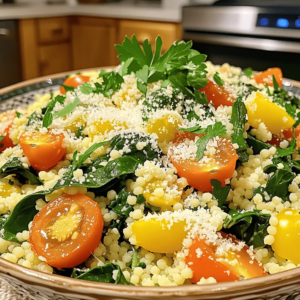 To make this tasty Parmesan Spinach Couscous, you need a few simple items. - 1 cup couscous - 2 cups vegetable broth - 2 cups fresh spinach, finely chopped - 1 cup cherry tomatoes, halved - 1/2 cup freshly grated Parmesan cheese - 2 tablespoons extra virgin olive oil - 1 tablespoon freshly squeezed lemon juice - 1 garlic clove, minced - Salt and freshly ground black pepper to taste - Fresh parsley, finely chopped, for garnish (optional) Each ingredient adds a layer of flavor. Couscous is light and fluffy. Spinach brings a fresh taste. Cherry tomatoes add sweetness and color. Parmesan cheese gives a rich, creamy finish. Olive oil smooths everything out. Lemon juice adds a bright zing. Garlic gives it a warm aroma. Salt and pepper enhance all the flavors. This recipe is easy to follow. You can find the Full Recipe above to make it at home. Enjoy cooking! - Start by boiling 2 cups of vegetable broth in a medium saucepan. - Once it boils, add 1 cup of couscous. Stir it well. - Cover the saucepan and take it off the heat. - Let it rest for 5 minutes, so the couscous soaks up the broth. - In a large skillet, heat 2 tablespoons of extra virgin olive oil over medium heat. - Add 1 minced garlic clove and sauté for about 1 minute. - Toss in 2 cups of finely chopped spinach and 1 cup of halved cherry tomatoes. - Cook for 3-4 minutes, stirring until the spinach wilts and tomatoes soften. - After the couscous rests, fluff it with a fork. - Gently mix the fluffy couscous with the sautéed vegetables. - Sprinkle in 1/2 cup of freshly grated Parmesan cheese. - Drizzle 1 tablespoon of freshly squeezed lemon juice over the mix. - Stir until the cheese melts and coats everything. - Season with salt and black pepper to your taste. - Serve warm, and if you like, garnish with fresh parsley. For the complete recipe, check out the [Full Recipe]. To avoid mushy couscous, use the right liquid-to-couscous ratio. Stick to 2 cups of broth for every 1 cup of couscous. This keeps it fluffy. When cooking, bring your broth to a boil first. Then add the couscous quickly. Cover it and let it rest for five minutes. This lets the couscous absorb the flavors without overcooking. Spices can take your dish to the next level. I like adding a pinch of red pepper flakes for heat. Fresh herbs like basil or thyme also add a nice touch. If you want to mix it up, try using feta cheese instead of Parmesan. Feta gives a tangy twist. You can also explore vegan cheese options for a dairy-free dish. Parmesan spinach couscous pairs well with grilled chicken or fish. You can also serve it alongside a fresh salad. The dish tastes best warm. Serve it right after cooking for the best flavor and texture. If you let it sit, the couscous may clump together. For the full recipe, check the earlier section. {{image_4}} You can add protein to make your Parmesan spinach couscous heartier. Grilled chicken works well. Simply slice it and mix it in just before serving. It adds a nice flavor and texture. If you want a vegetarian option, try incorporating chickpeas or beans. They boost the protein and add fiber. Just rinse and drain them, then fold them into the couscous. Feel free to swap spinach for kale. Kale adds a different bite and is very nutritious. You can also use seasonal vegetables. Try bell peppers in summer or butternut squash in fall. Each option gives a new taste to the dish and keeps it fresh. You can experiment with different cheeses too. Feta or goat cheese can be great choices. They add a tangy twist. For those who prefer vegan options, look for vegan cheese. There are many great brands that melt well and taste delicious. Each cheese brings its own flavor, making the dish unique each time. To store leftovers, let the couscous cool first. Place it in an airtight container. This keeps it fresh for later use. I recommend glass or BPA-free plastic containers. These options help keep food safe and tasty. You can freeze Parmesan Spinach Couscous if you have extra. Scoop the cooled dish into freezer-safe bags. Press out as much air as you can before sealing. This helps prevent freezer burn. When you're ready to eat, thaw it overnight in the fridge. Reheat in a skillet over low heat. Add a splash of broth to help it warm up nicely. In the fridge, the couscous lasts about 3 to 5 days. Check for any off smells or mold, which are signs of spoilage. If it looks dry or hard, it's best to toss it out. Always trust your senses when it comes to food safety. You can easily make Parmesan Spinach Couscous gluten-free. Just swap regular couscous for gluten-free couscous. Brands like Bob's Red Mill or Trader Joe's offer great options. Make sure to check the label for any hidden gluten. The cooking method stays the same, and you will still enjoy all the flavors! Yes, you can prep this dish ahead of time. Make the couscous and sauté the veggies earlier in the day. Store them separately in the fridge. When you’re ready to eat, just combine them with the cheese and heat everything gently. This keeps the dish fresh and tasty! Parmesan Spinach Couscous pairs well with many dishes. Here are some great options: - Grilled chicken for protein - Roasted vegetables like zucchini or bell peppers - A fresh garden salad with a light vinaigrette - Sautéed shrimp for a seafood twist Feel free to mix and match based on your taste! For the full recipe, check out the section above. This recipe for Parmesan Spinach Couscous is both simple and tasty. You learned the ingredient list, step-by-step cooking methods, and tips for a great dish. Plus, we explored fun variations and storage ideas. With these insights, you can make a meal that pleases everyone. Experiment with different flavors and ingredients to match your taste. Enjoy every bite and feel good about your cooking!