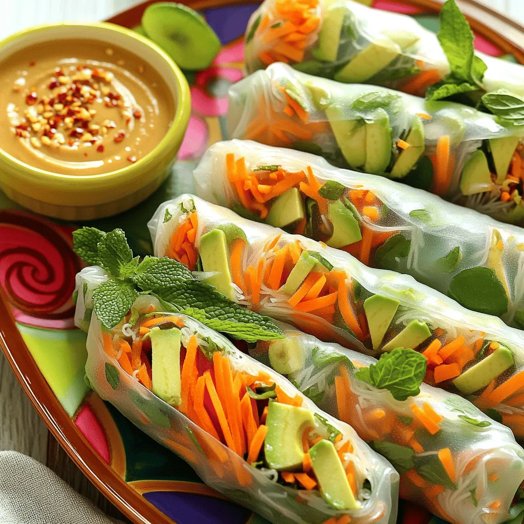 - 8 rice paper wrappers - 1 cup vermicelli noodles, cooked as per package instructions - 1 cup shredded carrots - 1 cup cucumber, julienned - 1 bell pepper (red, yellow, or orange), julienned - 1 cup bean sprouts - ½ cup fresh mint leaves - ½ cup fresh cilantro leaves - 1 ripe avocado, sliced - 1 tablespoon soy sauce - 1 tablespoon fresh lime juice - ½ cup creamy peanut butter - 2 tablespoons soy sauce - 1 tablespoon honey or maple syrup (for a vegan option) - 1 tablespoon fresh lime juice - 1-2 teaspoons water (to adjust consistency) - 1 teaspoon chili flakes (optional for heat) You can swap rice paper with lettuce leaves for a low-carb option. Use rice noodles instead of vermicelli if you prefer. For a nut-free sauce, try sunflower seed butter. Maple syrup can replace honey for vegans. Consider adding garlic or ginger to the sauce for an extra kick. If you want more crunch, add sliced radishes or jicama. For the spring rolls, any fresh herbs can work. Try basil or parsley based on your taste. You can also use different veggies like bell peppers, zucchini, or even shredded cabbage. The goal is to mix colors and textures for a fun dish. With this ingredient list, you have the perfect base for making your Vegetable Spring Rolls with Peanut Sauce. Check out the Full Recipe for detailed steps and tips to elevate your cooking! To start, grab a small mixing bowl. Add ½ cup of creamy peanut butter. Then, pour in 2 tablespoons of soy sauce. Next, add 1 tablespoon of honey or maple syrup if you want a vegan option. Squeeze in 1 tablespoon of fresh lime juice for a bright flavor. If you like a little kick, add 1 teaspoon of chili flakes. Whisk all the ingredients together until the mixture is smooth. If the sauce is too thick, add 1-2 teaspoons of water to make it just right. Set the sauce aside to let the flavors mix. Now, take a large mixing bowl. Combine 1 cup of cooked vermicelli noodles, 1 cup of shredded carrots, and 1 cup of julienned cucumber. Next, add 1 julienned bell pepper. Choose red, yellow, or orange for a pop of color. Then, toss in 1 cup of bean sprouts. Don’t forget ½ cup of fresh mint leaves and ½ cup of fresh cilantro leaves. Finally, slice 1 ripe avocado and add it to the bowl. Drizzle 1 tablespoon of soy sauce and 1 tablespoon of fresh lime juice over the mix. Gently toss everything together until it is well-coated. For the rice paper wrappers, take a large shallow dish and fill it with warm water. Dip one rice paper wrapper into the water for about 10-15 seconds. You want it to soften but not become mushy. Once it’s ready, lay the wrapper on a clean, flat surface. Spoon about 2 tablespoons of the vegetable and noodle mix onto the center. Fold the bottom edge over the filling, then tuck in the sides. Roll it tightly away from you. Repeat this with the rest of the wrappers and filling. Serve your beautiful spring rolls on a colorful platter with the peanut sauce for dipping. Enjoy your tasty creation! To make the best spring rolls, start with the right rice paper. Use high-quality wrappers. Soak them gently in warm water. Only keep them in for about 10-15 seconds. They should be soft but not falling apart. Lay the wrapper flat on a clean surface. Add your filling in the center. Fold the bottom edge over the filling, then tuck in the sides. Roll it tightly away from you. Practice makes perfect, so don’t worry if your first few are not perfect. The peanut sauce should be creamy but not too thick. If it's too thick, add a teaspoon of water. Stir well and check the texture. Keep adding water until it reaches your desired consistency. You want it smooth enough for easy dipping. If you like it spicy, add chili flakes for a kick. This will elevate the flavor and make your sauce pop. For a beautiful presentation, use a colorful platter. Arrange the spring rolls so they are easy to grab. Add lime wedges and fresh herbs for a pop of color. Place a small bowl of peanut sauce in the center. This makes it easy for everyone to dip. Serve them fresh for the best taste. Enjoy this delicious treat with family or friends. It’s perfect as an appetizer or a light meal. For the complete recipe, check out the Full Recipe section. {{image_4}} You can easily make these spring rolls vegetarian or vegan. Use fresh veggies like carrots, cucumbers, and bell peppers. Add tofu for extra protein. For vegan sauce, substitute honey with maple syrup. This keeps the sweet taste while staying plant-based. Want to boost the protein? Add cooked shrimp, chicken, or tofu. Shrimp gives a nice crunch, while chicken adds flavor. Tofu is a great choice for a vegan option. Simply slice it thin and mix it with the veggies. Peanut sauce is delicious, but there are other tasty choices. Try hoisin sauce for a sweet touch. Soy sauce pairs well with the fresh flavors, too. If you like spicy, mix in some sriracha. These options keep your spring rolls exciting! For the full recipe, check out Full Recipe. To keep raw spring rolls fresh, wrap them in damp paper towels. Place them in an airtight container. This method helps prevent them from drying out. Store them in the fridge. They will stay fresh for up to two days. If you plan to serve them later, you can prepare the filling ahead of time and roll them just before serving. Store leftover peanut sauce in a clean, airtight container. Keep it in the fridge for up to one week. If the sauce thickens, simply add a splash of water. Stir well before using it again. This sauce is great to use with other dishes, too. You can dip veggies, chicken, or tofu in it. You can freeze spring rolls, but do it carefully. First, assemble the rolls without soaking the rice paper. Place them on a baking sheet, making sure they don't touch. Freeze them for about an hour. Once frozen, transfer them to a freezer bag. They will last up to three months. Don't freeze soaked spring rolls, as they become mushy. When you're ready to eat, just thaw them in the fridge overnight before serving. You can use lettuce leaves or nori sheets instead. Both options work well. Lettuce gives a crisp bite, while nori adds a unique flavor. Just make sure to cut your veggies thinly. This makes rolling easier. Yes, you can prepare spring rolls in advance. Just store them in an airtight container. Place parchment paper between the rolls to prevent sticking. Keep them in the fridge for up to a day. The rice paper may soften slightly, but they will still taste fresh. You can use many vegetables for spring rolls. Here are some favorites: - Shredded carrots - Cucumber, julienned - Bell peppers, any color - Bean sprouts - Avocado, sliced - Fresh herbs like mint and cilantro These veggies add crunch and color. Feel free to mix and match based on your taste. Remember, the more colorful, the better! For the full recipe, check the earlier sections. In this blog post, we explored how to create delicious vegetable spring rolls and their peanut sauce. We covered all the key ingredients, clever tips, and step-by-step instructions to help you succeed. Remember, you can adjust the sauce and try different fillings to suit your taste. Store your rolls correctly to keep them fresh. With these tips, you can enjoy tasty spring rolls any time. Dive into this fun cooking journey and impress your family and friends with your skills.