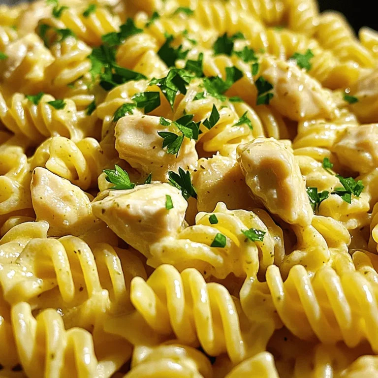 To make this dish, you will need the following ingredients: - 12 oz rotini pasta - 2 tablespoons olive oil - 1 lb chicken breast, diced into bite-sized pieces - 4 cloves garlic, finely minced - 1 cup chicken broth - 1 cup heavy cream - 1 cup freshly grated Parmesan cheese - 2 tablespoons unsalted butter - 1 teaspoon Italian seasoning blend - Salt and freshly ground black pepper to taste - Fresh parsley, chopped (for garnish) These simple ingredients create a rich and creamy sauce that coats the pasta perfectly. A few tools make this recipe easier: - Large pot for boiling pasta - Colander for draining pasta - Large skillet for cooking chicken and sauce - Whisk for mixing the sauce - Wooden spoon or spatula for stirring Having these tools on hand will help your cooking go smoothly. There are times when you may not have all the ingredients. Here are some good swaps: - For rotini pasta, you can use penne or fusilli. - If you are out of chicken broth, vegetable broth works well. - Use half-and-half instead of heavy cream for a lighter sauce. - Grated Pecorino Romano can replace Parmesan for a different flavor. - You can swap chicken for shrimp or turkey if you prefer. These substitutes keep the dish tasty and enjoyable. For the full recipe, check the details above. Start by filling a large pot with water. Add a generous amount of salt to the water. Bring it to a rolling boil over high heat. Once boiling, add the rotini pasta. Cook it according to the package instructions, which takes about 8 to 10 minutes. The pasta should be al dente, firm but cooked. After cooking, drain the pasta in a colander. Be sure to save a small cup of the pasta water for later. Next, take a large skillet and heat the olive oil over medium-high heat. When the oil starts to shimmer, add the diced chicken breast. Season the chicken with salt, pepper, and Italian seasoning. Cook the chicken for about 6 to 8 minutes. Stir occasionally until the chicken turns golden brown and is cooked through. Once done, remove the chicken from the skillet and place it on a plate. In the same skillet, lower the heat to medium. Add the unsalted butter and let it melt completely. Once melted, add the finely minced garlic. Sauté the garlic while stirring for about 1 minute. You want to smell its fragrant aroma without letting it brown. After that, pour in the chicken broth and stir well to mix. Increase the heat slightly to bring it to a gentle simmer. Let it simmer for about 3 to 4 minutes, allowing the broth to reduce a bit. Now, lower the heat to low again and carefully stir in the heavy cream and freshly grated Parmesan cheese. Whisk this mixture until it becomes smooth and creamy. Let the sauce simmer gently for another 2 to 3 minutes. Stir continuously to keep it from sticking. Next, return the cooked chicken to the skillet and add the drained rotini. Toss everything together gently until the pasta and chicken are well-coated with the creamy sauce. If the sauce is too thick, add a splash of the reserved pasta water until it reaches your desired consistency. For the complete recipe, check out the Full Recipe. To make the sauce creamy and rich, use fresh ingredients. Always use heavy cream and freshly grated Parmesan cheese. This choice enhances flavor and texture. When you add the cream, keep the heat low. This prevents the sauce from curdling. Stir continuously to ensure it blends well. If the sauce is too thick, add a bit of reserved pasta water. This will help you achieve the desired consistency. Cook the rotini pasta al dente, about 8-10 minutes. Timing is key. Start cooking the chicken while the pasta boils. This way, both will be ready at the same time. Chicken takes about 6-8 minutes to cook through. Make sure it is golden brown for the best flavor. Remove the chicken before making the sauce. This step ensures you don’t overcook it. Serve the creamy garlic butter chicken rotini in wide, shallow bowls. This style showcases the sauce and pasta beautifully. For a fresh touch, sprinkle chopped parsley on top. You can also add extra Parmesan for a cheesy finish. A lemon wedge on the side can add a nice zing. This simple addition brightens up the dish. Enjoy this meal with family or friends for a cozy dinner! For the full recipe, check out the directions. {{image_4}} You can boost the nutrition in this dish by adding vegetables. My favorites are spinach, broccoli, or bell peppers. Simply add them to the skillet with the chicken. Cook them until they are tender. This extra step adds color and flavor to your meal. Plus, it makes your dish healthier! Don’t be afraid to change up the herbs and spices. If you want a different flavor, try using fresh basil, thyme, or rosemary. You can also swap the Italian seasoning for some Cajun spice for a kick! These small changes can give your creamy garlic butter chicken rotini a fresh twist. If you want variety, you can switch the chicken for shrimp or turkey. If using shrimp, sauté it until it turns pink. For turkey, cook it until it’s no longer pink inside. These swaps can keep dinner exciting while still being easy to make. Each protein brings its own unique taste to the dish. For the full recipe, check the section above! To keep your creamy garlic butter chicken rotini fresh, store it in an airtight container. Allow the dish to cool to room temperature before sealing it. This helps prevent condensation and keeps the pasta from becoming mushy. You can store it in the fridge for up to three days. Make sure to label the container with the date so you know how long it has been stored. When it's time to enjoy your leftovers, the best way to reheat creamy garlic butter chicken rotini is on the stove. Add a splash of chicken broth or water to a skillet over low heat. Stir gently to heat evenly and avoid sticking. If you prefer the microwave, place it in a microwave-safe bowl. Cover it with a damp paper towel to keep moisture in. Heat in short bursts, stirring in between, until warmed through. If you want to freeze this dish, cool it completely first. Then, portion it into freezer-safe bags or containers. Remove as much air as possible before sealing to prevent freezer burn. You can freeze it for up to three months. To reheat, thaw it in the fridge overnight and follow the reheating instructions above for the best texture. This way, you can always have a delicious meal ready to go! Yes, you can make this dish gluten-free. Use gluten-free rotini pasta. Many brands offer great options that taste similar to regular pasta. Always check the labels to ensure they fit your needs. To lighten the sauce, swap heavy cream for half-and-half or whole milk. You can also use low-fat cream cheese for a creamy taste with fewer calories. Try adding more chicken broth for a thinner sauce. This dish pairs well with a fresh salad or steamed vegetables. Garlic bread makes a great side too. You can serve a light dessert afterward, like fruit salad or sorbet, to balance the meal. Yes, store-bought rotini works fine. Just check the cooking time on the package to ensure you cook it al dente. Homemade pasta is great but not necessary for this recipe. Creamy Garlic Butter Chicken Rotini combines Italian pasta with classic garlic butter sauce. It's inspired by Italian cooking, where creamy sauces are popular. This dish adds a twist, making it a favorite for families everywhere. For the full experience, check out the Full Recipe. This recipe for Creamy Garlic Butter Chicken Rotini is simple and tasty. We covered essential ingredients and kitchen tools that make cooking easier. You learned step-by-step how to cook pasta, sauté chicken, and make the sauce. Tips and tricks helped you perfect the dish. Variations let you explore new flavors and swap proteins. For storage, you now know how to keep leftovers fresh. Remember, cooking is about enjoying flavors and sharing meals. Try this dish your way!