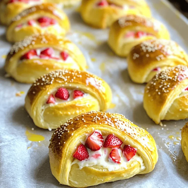 To make these tasty strawberry cream cheese rolls, gather these simple ingredients: - 1 cup fresh strawberries, diced - 1 tablespoon granulated sugar (optional; for sweetness) - 8 oz cream cheese, softened to room temperature - 1/4 cup powdered sugar - 1 teaspoon pure vanilla extract - 1 package (about 8 oz) crescent roll dough - 1 egg, beaten (for egg wash) - 1 tablespoon sesame seeds (for topping, optional) You can change some ingredients if needed. Here are some easy swaps: - Strawberries: Use any berry like blueberries or raspberries. - Cream Cheese: Neufchâtel cheese is a great lower-fat choice. - Sugar: Try honey or maple syrup for a natural sweetener. - Crescent Roll Dough: Use puff pastry if you want a flakier roll. - Egg Wash: Brush with milk or a non-dairy milk for a vegan option. Having the right tools makes the process easier. Here’s what you need: - Baking sheet - Parchment paper - Mixing bowls - Electric mixer or whisk - Rolling pin (optional) - Knife for cutting strawberries - Measuring cups and spoons Gathering these items will help you whip up these rolls with ease. Enjoy the process! First, we need to get the oven ready. Set your oven to 375°F (190°C). This step is key. Preheating helps the rolls bake evenly. While the oven heats, you can prep the other ingredients. Next, let’s work on the strawberries. Dice 1 cup of fresh strawberries. Place them in a bowl. If you want extra sweetness, add 1 tablespoon of granulated sugar. Gently stir them together. Let the strawberries sit for about 10 minutes. This process, called macerating, helps them soften and release their juices. Now, it’s time to make the filling. In a separate bowl, take 8 oz of softened cream cheese. Add 1/4 cup of powdered sugar and 1 teaspoon of pure vanilla extract. Beat these together until the mixture is smooth and creamy. Make sure there are no lumps. This filling is rich and tasty, perfect for our rolls. Let’s assemble our rolls. Unroll 1 package of crescent roll dough on a clean surface. Separate the dough into individual triangles. For each triangle, spread a generous spoonful of the cream cheese mixture on the wide end. Add a few pieces of the macerated strawberries on top. Roll the dough from the wider side to the tip, tucking in the filling as you go. Press the tip down gently to seal the roll. Now, we prepare for baking. Place the rolls on a parchment-lined baking sheet. To make them shiny and golden, brush the tops with a beaten egg. If you like, sprinkle sesame seeds on top for extra crunch. Now, put the baking sheet in your preheated oven. Bake the rolls for about 12-15 minutes. Look for a golden brown color. Once baked, take the rolls out of the oven. Let them cool for a few minutes on the baking sheet. The filling will be hot, so be careful! For a lovely presentation, serve the rolls on a nice platter. You can dust them with powdered sugar and add whole strawberries on the side for a fresh touch. Enjoy your sweet treat! For the full recipe, check out the details above. To make the best strawberry cream cheese rolls, focus on the texture. Always use softened cream cheese. This helps it blend well with the sugar and vanilla. If your cream cheese is too cold, it will be lumpy. For the strawberries, let them sit with sugar for about 10 minutes. This softens them and brings out their natural juice. When rolling the dough, avoid over-stretching. This keeps the rolls fluffy and light. Watch out for a few common mistakes. First, don’t skip the egg wash. This gives the rolls a lovely golden color. Second, be careful not to overfill. Too much filling can cause the rolls to burst open while baking. Lastly, always preheat your oven. This step is crucial for even baking. If you skip it, the rolls may not rise properly. Presentation matters, especially with these rolls. Serve them on a nice platter, dusted with powdered sugar. This makes them look extra special. You can also add whole strawberries around the rolls. This adds color and freshness to your dish. For a finishing touch, consider drizzling a little melted chocolate on top. These simple steps make your rolls shine on any table. For the complete recipe, check the Full Recipe section. Enjoy making your own delicious strawberry cream cheese rolls! {{image_4}} You can switch up the fruit in these rolls. Instead of strawberries, use raspberries, blueberries, or peaches. Each fruit brings a unique taste. Raspberries add a tart flavor, while blueberries offer a sweet touch. To use other fruits, chop them into small pieces. Mix them with sugar, just like you did with the strawberries. Let them sit to release their juices. This step helps enhance the flavor. If you're gluten-free, don't worry! You can still enjoy these rolls. Look for gluten-free crescent roll dough in stores. Many brands make tasty options. Just follow the same steps as the regular recipe. The end result will still be fluffy and delicious. Always check the ingredients to ensure they meet your needs. Feel free to add more flavors to the cream cheese filling. You can mix in lemon zest for a fresh twist. Alternatively, consider adding a dash of cinnamon for warmth. For a chocolatey treat, fold in some mini chocolate chips. These add-ins will create a fun twist on the classic rolls. You can also use flavored cream cheese, like strawberry or vanilla. This can save time while adding even more flavor. Check out the Full Recipe for these ideas and details! Store leftover strawberry cream cheese rolls in an airtight container. Keep them in the fridge for up to three days. If you want to keep them fresh for longer, consider wrapping each roll in plastic wrap before placing them in the container. This helps maintain their moisture and flavor. To reheat the rolls, preheat your oven to 350°F (175°C). Place the rolls on a baking sheet and cover them with foil. Heat for about 10-15 minutes, or until warm throughout. You can also use a microwave. Heat each roll for 15-20 seconds until warm. Just be careful not to overheat them, as this can make them tough. You can freeze these rolls for later enjoyment. Allow them to cool completely after baking. Then, wrap each roll tightly in plastic wrap, followed by aluminum foil. This helps prevent freezer burn. Store them in the freezer for up to two months. When you are ready to enjoy them, thaw them in the fridge overnight and reheat as described above. For the full recipe, check out the complete instructions above! You can prepare the rolls a day before. Follow the steps until the baking part. Once you assemble them, cover the rolls tightly with plastic wrap. Store them in the fridge overnight. When you're ready to bake, take them out and let them sit for about 20 minutes. Then, brush with egg wash and bake as usual. Yes, you can use frozen strawberries. Thaw them first and drain any excess juice. Dicing them will help them mix well with the cream cheese. The taste will still be great, but fresh strawberries do add a nice touch. These rolls pair well with a few items. Consider serving them with whipped cream or a scoop of vanilla ice cream. A light drizzle of chocolate sauce can elevate the flavor. Fresh mint leaves also add a nice touch and color. Check the color and texture of the rolls. They should be golden brown and puffed up. You can gently tap the top; it should sound hollow. If you're unsure, an instant-read thermometer can help. The internal temperature should reach 190°F (88°C) for a perfect bake. For the full recipe, refer to the [Full Recipe]. This blog post covered everything you need to make Strawberry Cream Cheese Rolls. We explored the ingredients, gave useful substitutions, and listed the best tools. Then, I provided simple steps for prepping, baking, and serving. I shared tips for great texture and ways to avoid common mistakes. In conclusion, enjoy these tasty rolls with your favorite flavors. They are fun to make and eat! Keep experimenting with variations and storage tips to make the most of your delicious treats. Happy baking!