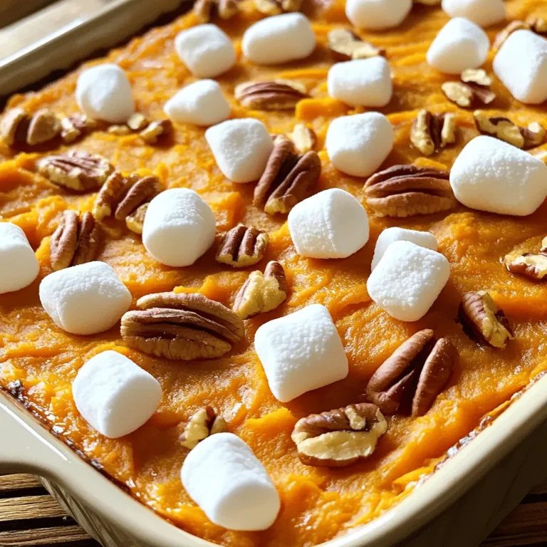 To make a great sweet potato casserole, you need simple ingredients. Here’s what you will use: - 4 medium-sized sweet potatoes, peeled and chopped into cubes - 1/2 cup packed brown sugar - 1/4 cup unsalted butter, softened to room temperature - 1/4 cup whole milk - 1 teaspoon pure vanilla extract - 1/2 teaspoon ground cinnamon - 1/4 teaspoon ground nutmeg - 1/2 teaspoon sea salt - 1 cup miniature marshmallows - 1/2 cup chopped pecans (optional, for added crunch and flavor) Sweet potatoes are the star of this dish. They add a natural sweetness and creamy texture. Peel and chop them into cubes for easy cooking. Brown sugar brings out the sweet flavors and adds depth. The unsalted butter gives richness, while whole milk keeps the mix creamy. Vanilla extract adds a subtle sweetness that pairs well with the spices. Cinnamon and nutmeg give warmth and a touch of spice. They really enhance the sweet potatoes. Sea salt balances the sweetness and makes the flavors pop. For the topping, miniature marshmallows are a must! They melt beautifully and create a lovely, gooey layer. Chopped pecans add a nice crunch and nutty flavor, but they are optional. You can find the full recipe in the previous section, which guides you through the preparation. This sweet potato casserole is sure to delight at any meal! 1. Boiling the sweet potatoes: Start by peeling and chopping 4 medium-sized sweet potatoes into cubes. Place them in a large pot and cover with water. Bring the water to a boil over medium-high heat. Once boiling, lower the heat slightly and cook for 15-20 minutes. The sweet potatoes should be fork-tender. Drain them and let them cool for a few minutes. 2. Perfectly mashing them: In a large mixing bowl, take your cooled sweet potatoes. Use a potato masher or fork to mash them until smooth. You want a creamy texture here, so keep going until there are no lumps. 1. Adding flavor components to the mashed sweet potatoes: Now, add the good stuff! Mix in 1/2 cup of packed brown sugar, 1/4 cup of softened butter, 1/4 cup of whole milk, 1 teaspoon of pure vanilla extract, 1/2 teaspoon of ground cinnamon, 1/4 teaspoon of ground nutmeg, and 1/2 teaspoon of sea salt. 2. Mixing techniques for a creamy consistency: Stir vigorously until all ingredients blend well. You want a smooth and creamy mixture without any lumps. This is where the flavor really starts to shine! 1. Pouring the mixture into the baking dish: Grab a greased 9x13 inch baking dish. Gently pour your sweet potato mixture into it. Make sure to spread it out evenly with a spatula. This helps it cook evenly. 2. Topping it off with marshmallows and pecans: In a small bowl, mix 1 cup of miniature marshmallows with 1/2 cup of chopped pecans, if you like a crunch. Evenly sprinkle this mixture on top of your sweet potato layer. It adds a lovely sweet touch! 1. Setting the oven and baking time: Preheat your oven to 350°F (175°C). Place your assembled casserole in the oven and bake for 25-30 minutes. 2. Indicators for doneness: Watch for those marshmallows! They should turn golden brown, and the edges should bubble. This is when you know it's ready to come out. Enjoy making this savory sweet potato casserole with marshmallows delight! For the full recipe, check out the previous section. To get smooth and fluffy sweet potatoes, cook them until they are fork-tender. Boil them in salted water. Once you drain them, let them sit for a few minutes. This helps remove extra moisture. When you mash, use a potato masher for the best results. You want a creamy, lump-free texture. After baking, let the casserole cool slightly. This allows the flavors to meld and helps it set up nicely. If you want to switch things up, you can use coconut sugar instead of brown sugar. It gives a nice flavor without the extra sweetness. For butter, try using olive oil or coconut oil for a different taste. If you need dairy-free options, almond milk or oat milk work well in this recipe. These swaps keep the dish creamy without using dairy. For gatherings, serve the casserole in a pretty dish. Adding a sprinkle of cinnamon on top can make it look festive. If you want something special, place whole pecans on top before serving. It adds a touch of elegance. You can also use fresh herbs like rosemary for a pop of color. Your guests will love the warm, sweet flavors served beautifully! For the full recipe, check out Sweet Potato Casserole Delight. {{image_4}} You can make this sweet potato casserole lighter and still tasty. Start by cutting back on sugar and fat. Instead of using 1/2 cup of brown sugar, try 1/3 cup or even less. You can swap out the butter for applesauce. This change keeps the dish moist without adding extra fat. Adding healthier toppings also helps. Instead of marshmallows, consider using sliced bananas or chopped apples. These fruits add natural sweetness and a fresh taste. Want to spice things up? You can add ginger or cardamom to your sweet potato mix. Just a pinch can make a big difference. These spices bring warmth and a different flavor that your guests will love. You can also mix in nuts or dried fruits. Chopped walnuts or pecans add crunch. Dried cranberries or raisins give a sweet punch. These additions can make your casserole more interesting and fun. Change the flavors with the seasons. For fall, you can adapt the recipe with pumpkin. Simply replace part of the sweet potatoes with pumpkin puree. This twist brings a cozy autumn vibe. Using fresh herbs can also add a nice touch. Try adding rosemary or thyme as a garnish. They give a fresh taste and look nice on the table. For the full recipe, follow the steps listed above and enjoy creating your own variation! To keep your sweet potato casserole fresh, store it properly. First, let it cool down to room temperature. Then, cover it tightly with plastic wrap or aluminum foil. You can also use an airtight container for storage. Place it in the fridge. The casserole will last up to four days in the refrigerator. If you want to keep it longer, freezing is a great option. To freeze, cut the casserole into portions. Wrap each piece in plastic wrap, then in foil. This double wrapping helps prevent freezer burn. You can freeze it for up to three months. When you're ready to enjoy it again, simply thaw it in the fridge overnight before reheating. Reheating your casserole can be easy and tasty. The best method is to use the oven. Preheat your oven to 350°F (175°C). Place the casserole in an oven-safe dish. Cover it with foil to keep it moist. Heat it for about 20-25 minutes or until warm throughout. If you want a crispy top, remove the foil for the last 5 minutes. You can also reheat individual portions in the microwave. Just warm them in short bursts, checking often to avoid sogginess. Keep it simple and enjoy your delicious leftovers! Yes, you can make this casserole ahead of time. Start by cooking and mashing the sweet potatoes as usual. Once mixed with the other ingredients, place the mixture in your greased baking dish. Cover it tightly with plastic wrap or aluminum foil. Store it in the fridge for up to 2 days. When you are ready to bake, remove it from the fridge. Let it sit for about 30 minutes at room temperature. Then, add the marshmallows and pecans before baking it. This way, you save time and still enjoy a warm dish. The casserole is done when the marshmallows are golden brown and the edges are bubbly. You can also check the center with a knife. It should come out clean. If you see any raw mixture, it needs more time. Bake for an extra 5 to 10 minutes if needed, but keep an eye on those marshmallows! Sweet potato casserole pairs well with many dishes. Here are some great options: - Roast turkey or chicken for a classic touch. - Green beans or Brussels sprouts for a fresh side. - A simple salad with vinaigrette to balance the sweetness. - Cranberry sauce for a tart contrast. These dishes create a balanced meal and enhance the flavors of your casserole. Yes, you can use other potatoes, but the taste will change. Regular potatoes, like russets, will work, but they lack sweetness. Yukon Gold potatoes offer a creamy texture and mild flavor. If you want to keep some sweetness, try mixing sweet potatoes with butternut squash. Adjust the baking time as needed since different potatoes cook at different rates. Sweet potato casserole is a delicious dish with rich flavors and textures. You learned how to prepare sweet potatoes, mix key ingredients, and bake to perfection. Experiment with toppings and variations to make it your own. Don’t forget to try healthier options or seasonal twists. Store leftovers properly for next time. This dish can fit any meal and occasion, making it a versatile favorite. Embrace your kitchen skills and enjoy every bite!