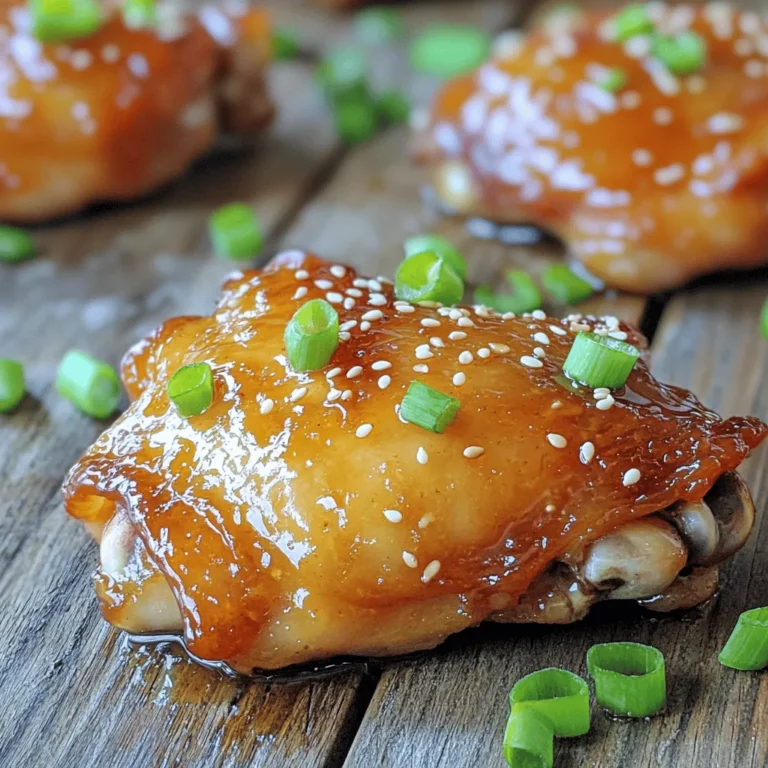 To make Honey Garlic Chicken, gather these simple ingredients: - 4 boneless, skinless chicken thighs - 1/4 cup honey - 3 tablespoons soy sauce - 4 cloves garlic, finely minced - 1 tablespoon fresh ginger, freshly grated - 1 tablespoon apple cider vinegar - 1 tablespoon sesame oil - Salt and freshly cracked pepper to taste - 2 green onions, thinly sliced (for garnish) - 1 tablespoon sesame seeds (for garnish) You will need a few kitchen tools for this recipe: - Medium mixing bowl - Whisk - Sealable plastic bag or shallow dish - Baking dish - Parchment paper - Small saucepan If you don’t have some items, here are easy swaps: - Chicken thighs can be replaced with chicken breasts for a leaner option. - Maple syrup can replace honey for a vegan choice. - Tamari works in place of soy sauce for a gluten-free meal. - Fresh garlic can swap for garlic powder, but use less. - Rice vinegar can replace apple cider vinegar if needed. For the full recipe, check out the instructions above! First, gather your ingredients. You will need honey, soy sauce, garlic, ginger, apple cider vinegar, and sesame oil. In a medium bowl, mix the honey, soy sauce, minced garlic, grated ginger, apple cider vinegar, and sesame oil. Whisk these items until they blend well. This creates a tasty marinade that adds flavor to your chicken. Next, take the chicken thighs and pat them dry with paper towels. This step helps the marinade stick better. Season the chicken with salt and freshly cracked pepper. Place the seasoned chicken in a sealable bag or shallow dish. Pour the marinade over the chicken. Make sure each piece is well coated. Seal the bag or cover the dish, then place it in the fridge. Let it marinate for at least 30 minutes or up to 2 hours. This helps the chicken soak up all those great flavors. Now, preheat your oven to 375°F (190°C). Line a baking dish with parchment paper. This makes cleanup easy. After marinating, remove the chicken from the marinade and set the excess marinade aside. Arrange the chicken in a single layer in the baking dish. Bake for about 25-30 minutes. The chicken is done when its internal temperature reaches 165°F (75°C) and has a lovely golden color. While the chicken bakes, pour the reserved marinade into a small saucepan. Bring it to a boil over medium heat. Then, reduce the heat to low and let it simmer for about 5 minutes. This thickens the sauce and boosts the flavor. Once the chicken is cooked, take it out of the oven and brush the thickened marinade over each piece. This adds extra flavor and a shiny look. Garnish the chicken with thinly sliced green onions and a sprinkle of sesame seeds. These add a nice crunch and make the dish look pretty. You can find the full recipe above to guide you through the whole process. Enjoy your Honey Garlic Chicken! To cook chicken just right, choose thighs instead of breasts. Thighs stay moist during cooking. Always pat the chicken dry before seasoning. This step helps the marinade stick better. Use a meat thermometer to check the temperature. Aim for 165°F (75°C) for safe eating. Let the chicken rest for a few minutes after cooking. This helps keep it juicy. You can boost the flavor of your honey garlic chicken easily. Add a splash of lime juice for a zesty kick. Fresh herbs, like cilantro or basil, work well too. For a bit of heat, include red pepper flakes or chili paste. If you want a deeper taste, use dark soy sauce instead of light. Don’t skip the reserved marinade; brush it on after cooking for extra flavor. Serve honey garlic chicken over rice for a hearty meal. Steamed vegetables add color and nutrition. You can also pair it with a fresh salad. For a fun twist, serve it in lettuce wraps. This adds crunch and freshness. Garnish with green onions and sesame seeds for a beautiful touch. Enjoy your delicious creation! Check out the Full Recipe for more details. {{image_4}} You can turn Honey Garlic Chicken into a stir-fry. Start by cutting the chicken into bite-sized pieces. Use a hot pan with a bit of oil. Cook the chicken until it is golden. Add your favorite vegetables, like bell peppers and broccoli. Pour in the honey garlic sauce. Stir until everything is coated and tender. Serve it over rice or noodles for a quick meal. Grilling adds a smoky flavor to Honey Garlic Chicken. Marinate the chicken thighs as usual. Preheat your grill to medium-high heat. Place the chicken on the grill and cook for about 6-7 minutes on each side. Brush with the marinade while grilling. This gives a nice glaze. Check the chicken's doneness with a meat thermometer. It should reach 165°F (75°C). Enjoy with a fresh salad or grilled veggies. For a one-pan meal, add vegetables to your baking dish. Use carrots, zucchini, or snap peas. Toss them with a little oil, salt, and pepper. Arrange them around the chicken in the dish. Bake as directed in the recipe. The veggies soak up the sauce and cook perfectly. This way, you get a full meal in one go. You can find the full recipe here: [Full Recipe]. To keep your Honey Garlic Chicken fresh, place leftovers in an airtight container. Make sure the chicken cools down first. Store it in the fridge for up to three days. This way, you can enjoy it later without losing flavor. When you're ready to eat your leftovers, preheat your oven to 350°F (175°C). Place the chicken in a baking dish, cover it with foil, and heat for about 15-20 minutes. This keeps the chicken moist. You can also use a microwave, heating in short bursts of 30 seconds. Stir between intervals to ensure even heating. If you want to save some for later, you can freeze the chicken. First, let it cool down completely. Then, wrap it tightly in plastic wrap or place it in a freezer-safe bag. Remove as much air as possible. It can stay in the freezer for up to three months. When you’re ready to eat, thaw it in the fridge overnight before reheating. This method helps maintain the taste and texture. For the full recipe, check out the earlier section! You can serve Honey Garlic Chicken with many sides. I love pairing it with steamed rice. The rice soaks up the tasty sauce well. You can also add sautéed vegetables, like broccoli or bell peppers. A fresh salad works great too. Try including some pickled vegetables for a nice crunch. All these sides make a colorful and tasty meal. Yes, you can use other meats! Chicken is great, but pork works well too. I have made this with pork chops, and they turn out juicy. You can also use shrimp for a quick meal. Just remember to adjust the cooking time. Shrimp cooks fast, so watch it closely. Each meat gives a different flavor, but all can be delicious. To check if the chicken is done, use a meat thermometer. The chicken should reach 165°F (75°C). Insert the thermometer into the thickest part of the thigh. If you don’t have one, cut into the chicken. The meat should be white and the juices clear. If you see pink, keep cooking it. Always ensure the chicken is safe to eat. For the full recipe, check out the detailed instructions. You’ve learned about the key ingredients and tools needed. I shared how to prepare the marinade and marinate the chicken. You now know cooking tips to ensure perfect results. We discussed variations like stir-fry and grilling for added flavor. Lastly, I covered how to store and reheat your meals. Enjoy trying these recipes and tips in your kitchen. With practice, you’ll make a delicious dish every time. Happy cooking!