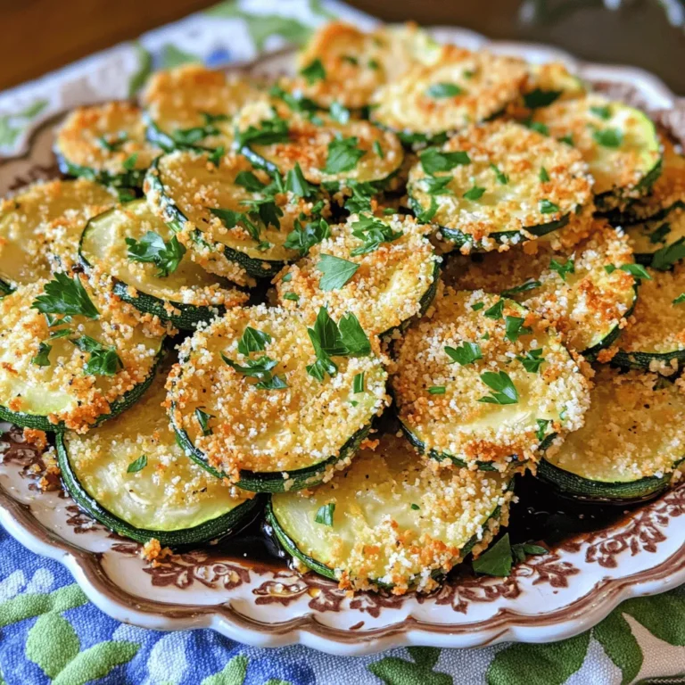 - 4 medium zucchini, sliced into 1/4-inch thick rounds - 1/2 cup grated Parmesan cheese - 1/4 cup panko breadcrumbs (for extra crunch) - 2 tablespoons extra-virgin olive oil - 2 cloves garlic, minced fine - 1 teaspoon Italian seasoning blend - 1/2 teaspoon red pepper flakes (optional, for a touch of heat) - Salt and freshly ground black pepper to taste - Fresh parsley, finely chopped, for garnish Start by washing the zucchini well. This removes any dirt. Slice each zucchini into rounds that are about 1/4 inch thick. You want them to cook evenly. Next, mince the garlic finely. This will give a strong, rich flavor. In a bowl, mix together the Parmesan cheese and panko breadcrumbs. This blend adds crunch and taste. This dish serves about four people. Each serving has about 120 calories. You get a good dose of vitamins from the zucchini. Parmesan adds protein and calcium. The olive oil gives healthy fats. If you add red pepper flakes, you also get a little boost from capsaicin, which can help with metabolism. This simple dish not only tastes great but also provides a good balance of nutrients. You can learn more about the full recipe here. Set your oven to 425°F (220°C). This high heat helps the zucchini become golden and crisp. Next, grab a baking sheet and line it with parchment paper. This will keep the zucchini from sticking and make cleanup easy. In a large bowl, add your sliced zucchini. Pour in the olive oil, minced garlic, Italian seasoning, red pepper flakes, salt, and pepper. Use your hands or a spatula to mix everything well. Ensure each piece is coated in the tasty mixture. This step is key for flavor. In another bowl, mix the grated Parmesan cheese and panko breadcrumbs. Stir them together until they are combined. Now, take each slice of zucchini and dip it into the cheese-breadcrumb mix. Make sure to press down lightly so it sticks. Arrange the coated slices on the baking sheet. Keep them in a single layer without overlapping. Once all the zucchini is on the baking sheet, sprinkle any leftover cheese-breadcrumb mix on top. This adds an extra crunch. Bake in your preheated oven for 15-20 minutes. Watch closely until the zucchini is tender and the tops are golden brown. When done, remove the baking sheet and let the zucchini cool for a few minutes. You can garnish with fresh parsley before serving. Enjoy your Roasted Parmesan Zucchini as a tasty side dish! For the full recipe, check the main article. To get your zucchini extra crispy, follow these tips. First, slice the zucchini evenly. Aim for 1/4-inch thick rounds. This helps them cook evenly. Next, make sure to remove excess moisture. You can do this by salting the zucchini slices. Let them sit for ten minutes, then pat them dry with paper towels. This step helps the coating stick better. Finally, use panko breadcrumbs in your mix. They add a delightful crunch that regular breadcrumbs cannot match. While the basic recipe is tasty, adding more flavors can make it even better. Try mixing in some fresh herbs like thyme or oregano. These can brighten up the dish. You can also switch out the red pepper flakes for a dash of smoked paprika. It adds a lovely smoky flavor. For a cheesy twist, mix different cheeses like mozzarella or cheddar with the Parmesan. This gives a unique taste that keeps things interesting. Roasted Parmesan Zucchini makes a great side dish. It pairs well with grilled chicken or fish. You can also serve it alongside a fresh salad for a light meal. For a fun twist, try serving it as a topping on a pizza. The crispy zucchini adds texture and flavor. Another idea is to serve it as a snack with a tangy dipping sauce. A balsamic glaze drizzled on top makes it look fancy and tastes great too. For the complete recipe, check out the Full Recipe. {{image_4}} You can swap out Parmesan for other cheeses. Try using sharp cheddar or creamy mozzarella. Each cheese adds its own taste. You might even mix cheeses for a fun twist. Just remember that some cheeses melt differently. Adjust your cooking time if needed. Zucchini is great, but other veggies work too. Try eggplant or bell peppers for a change. Carrots can add a nice crunch, while broccoli gives a fresh look. Slice these veggies thick so they roast evenly. They will pick up the flavors just like zucchini does. If you need a gluten-free option, use ground almonds or cornmeal. Both can replace panko breadcrumbs well. You can also use gluten-free breadcrumbs if you find them. This keeps the dish tasty and safe for all diets. Enjoy these swaps without losing flavor. To keep your roasted zucchini fresh, let it cool first. Place it in an airtight container. This helps lock in the moisture and flavors. Store it in the fridge for up to three days. If you want to enjoy it later, ensure the container is sealed well. When you’re ready to eat, reheating is simple. Preheat your oven to 350°F (175°C). Place the zucchini on a baking sheet. Heat for about 10-15 minutes. You want it warmed through and crispy again. You can also use a microwave, but it may lose some crunch. If you have leftovers, freezing is an option. First, let the zucchini cool completely. Then, lay it out in a single layer on a baking sheet. Freeze them for 1-2 hours until firm. Transfer the frozen pieces to a freezer bag. They will keep well for about three months. When you want to use them, bake from frozen for the best results. You can find the Full Recipe for more details. To make Roasted Parmesan Zucchini vegan, you can swap out the Parmesan cheese for a plant-based alternative. Nutritional yeast is a great option. It adds a cheesy flavor without any dairy. You can also use a vegan cheese made from nuts or soy. Just make sure to check the labels for any hidden animal products. With these swaps, you can enjoy the same crispy delight. Using frozen zucchini is not ideal, but it can work in a pinch. Frozen zucchini tends to be softer because it contains more water. If you decide to use frozen zucchini, thaw it first and drain any excess moisture. Pat it dry with a towel to get rid of extra water. This way, your zucchini can still roast well, but the texture may not be as crisp. Roasted Parmesan Zucchini pairs well with many dishes. Here are some ideas: - Grilled chicken or fish for a complete meal - A fresh salad for a light lunch - Pasta tossed in olive oil or marinara - Quinoa or rice for a healthy side - Tacos or burritos for a fun twist These pairings bring out the best flavors in every bite! For the full recipe, check the earlier section. You now know how to make roasted Parmesan zucchini. We covered the best ingredients and how to prepare them. I shared steps to bake crispy zucchini and tips for added flavor. You learned about variations and storage practices, ensuring your dish lasts longer. Remember, you can adjust the recipe to fit any diet. Enjoy your cooking and the delicious results!
