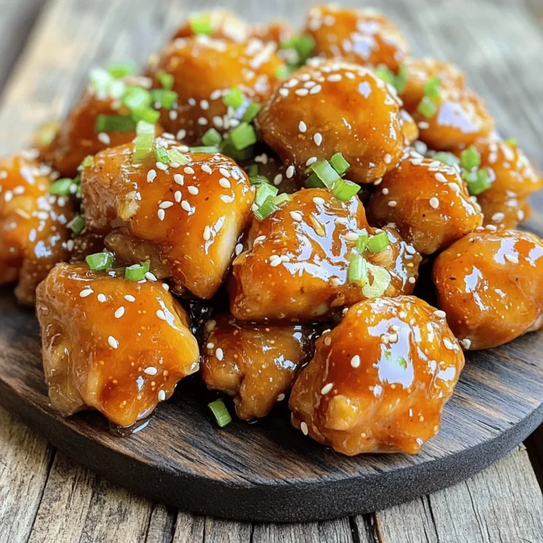 To make Honey Sriracha Chicken, gather these items: - 1 lb (450g) boneless chicken thighs, cut into bite-sized pieces - 1/4 cup honey - 2 tablespoons Sriracha sauce - 2 tablespoons soy sauce - 1 tablespoon freshly squeezed lime juice - 2 cloves garlic, finely minced - 1 teaspoon freshly grated ginger - 1 tablespoon sesame oil - 1/2 teaspoon salt - 1/4 teaspoon freshly ground black pepper - 1 tablespoon vegetable oil for sautéing - 1/4 cup green onions, finely chopped (for garnish) - A sprinkle of sesame seeds (for garnish) You can customize this dish. Want more heat? Add more Sriracha. Prefer a milder taste? Use less. This dish offers a perfect balance of sweet and spicy. The honey gives a rich sweetness. The Sriracha provides a strong kick. Together, they create a unique flavor. Potential allergens include soy and sesame. Always check for sensitivities before serving. These flavors blend well, making every bite a delight. Enjoy the zing of lime and the warmth of garlic in each piece of chicken. To make the marinade, grab a big mixing bowl. You will need to whisk together honey, Sriracha sauce, soy sauce, lime juice, minced garlic, grated ginger, sesame oil, salt, and black pepper. Mix it well until you get a smooth sauce. Next, add the chicken pieces into the bowl. Make sure each piece is coated in the marinade. Cover the bowl with plastic wrap and place it in the fridge. Let the chicken marinate for at least 30 minutes. If you have more time, you can let it sit for up to 2 hours. This helps the flavors soak in. Now, let's move to cooking. Heat vegetable oil in a large skillet over medium-high heat until it shimmers. Once the oil is hot, carefully add the marinated chicken pieces in a single layer. Avoid overcrowding the pan. Sauté the chicken for about 5 to 7 minutes, turning it occasionally. You want the chicken to be golden brown and fully cooked. After the chicken is cooked, pour any leftover marinade into the skillet. Let it simmer for an extra 2 to 3 minutes. This will help the sauce thicken and glaze the chicken nicely. Once done, take the skillet off the heat and let the chicken rest for a few minutes. To serve, transfer the chicken to a platter or individual plates. Garnish with chopped green onions and a sprinkle of sesame seeds for a tasty look. For the perfect sauté, watch the heat. If it’s too low, the chicken will steam, not brown. If it’s too high, the chicken might burn. Keep it just right for that golden color. To reduce the sauce, make sure to leave it simmering. Stir often so it doesn’t stick. This helps the sauce thicken and coat the chicken well. Enjoy this Honey Sriracha Chicken with your favorite sides, like rice or vegetables. To keep your chicken juicy, choose boneless thighs over breasts. Thighs have more fat, making them less likely to dry out. Cook them at medium-high heat; this helps lock in moisture. Marinating is key for great flavor. I suggest marinating for at least 30 minutes. If you have time, let it sit for 2 hours. This longer marinating time makes the chicken more tender and flavorful. The marinade seeps into the meat, giving it a sweet and spicy kick. Honey Sriracha Chicken pairs well with fluffy white rice. The rice soaks up the sauce beautifully. You can also serve it with crisp steamed veggies. Broccoli or snap peas add a nice crunch and color. For garnishing, sprinkle chopped green onions and sesame seeds on top. This not only makes your plate look great, but it adds extra flavor too. A wedge of lime on the side gives a fresh burst when you squeeze it over the chicken. If you want the full recipe, check the link for all the details! {{image_4}} You can change up the protein for your Honey Sriracha Chicken. Tofu works great for a vegetarian option. Shrimp also adds a nice twist with its quick cooking time. Both options pair well with the sweet and spicy sauce. For the sauce, you can use different kinds of hot sauce. If you want less heat, try a milder sauce like sweet chili. For more kick, use a spicier version of Sriracha. You can even blend in some chili paste or a dash of cayenne for extra spice. You can cook Honey Sriracha Chicken in different ways. Oven-baking gives you a hands-off method. It allows the chicken to cook evenly and get crispy edges. Just preheat the oven to 400°F and bake for 25-30 minutes. Stovetop sautéing is another great option. This method cooks the chicken faster and keeps it juicy. Heat oil in a pan and sauté for about 5-7 minutes. Grilling adds a smoky flavor. Marinate the chicken as usual, then grill it for about 6-8 minutes per side. The grill marks and char add a tasty twist to the dish. Feel free to choose the method that best suits your time and taste! To keep your Honey Sriracha Chicken fresh, store it in an airtight container. Place it in the fridge within two hours after cooking. This way, it stays safe to eat. It will last for about 3 to 4 days in the fridge. If you want to keep it longer, you can freeze it. Use a freezer-safe bag or container. Honey Sriracha Chicken can stay good for about 2 to 3 months in the freezer. When it's time to eat the leftovers, you want to reheat them well. One great way is to use the stove. Heat a non-stick pan over medium heat. Add the chicken and stir it often. This helps keep the chicken juicy. Another option is to use the microwave. Place the chicken in a bowl and cover it. Heat it in short bursts, stirring in between. This helps it warm evenly without drying out. If you plan to meal prep, store it in smaller portions. This way, you can grab just what you need. The flavors will stay strong, and your meals will be quick and easy! For the full recipe, check the earlier section. What can I substitute for Sriracha sauce? If you don’t have Sriracha, use a mix of hot sauce and honey. You can also try chili garlic sauce or sambal oelek for a similar kick. Adjust the amount based on your heat preference. How can I make Honey Sriracha Chicken spicier? To add more heat, increase the Sriracha in the marinade. You can also add red pepper flakes or fresh chopped chilies. For an extra spicy kick, try adding a dash of cayenne pepper. Can I make this recipe gluten-free? Yes, you can make Honey Sriracha Chicken gluten-free by using gluten-free soy sauce. There are many brands available in stores. Just check the label to be sure. What are the best sides to serve with this dish? I recommend fluffy white rice or steamed broccoli. Both of these sides balance the sweet and spicy chicken well. You can also serve it with a simple salad for freshness. The entire dish has about 400 calories per serving. The chicken provides protein, while honey adds some natural sweetness. Using fresh garlic and ginger packs in vitamins. Keep in mind that honey adds sugar. If you're watching your sugar intake, use less honey. The sodium in soy sauce can be high, so consider low-sodium options. This makes the dish healthier without losing flavor. In this blog post, I covered the key ingredients and their roles in creating Honey Sriracha Chicken. You learned about preparation and cooking techniques to ensure juicy chicken. I shared tips to enhance flavor and presentation, and also offered variations for dietary needs. Remember to store leftovers properly to enjoy this dish later. With these insights, you can confidently make this meal your own. Enjoy the process and share your delicious results!
