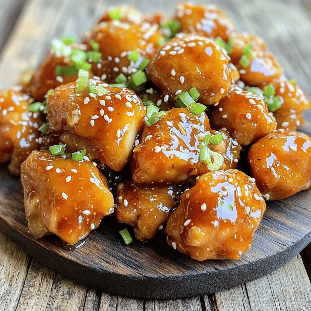 To make Honey Sriracha Chicken, gather these items: - 1 lb (450g) boneless chicken thighs, cut into bite-sized pieces - 1/4 cup honey - 2 tablespoons Sriracha sauce - 2 tablespoons soy sauce - 1 tablespoon freshly squeezed lime juice - 2 cloves garlic, finely minced - 1 teaspoon freshly grated ginger - 1 tablespoon sesame oil - 1/2 teaspoon salt - 1/4 teaspoon freshly ground black pepper - 1 tablespoon vegetable oil for sautéing - 1/4 cup green onions, finely chopped (for garnish) - A sprinkle of sesame seeds (for garnish) You can customize this dish. Want more heat? Add more Sriracha. Prefer a milder taste? Use less. This dish offers a perfect balance of sweet and spicy. The honey gives a rich sweetness. The Sriracha provides a strong kick. Together, they create a unique flavor. Potential allergens include soy and sesame. Always check for sensitivities before serving. These flavors blend well, making every bite a delight. Enjoy the zing of lime and the warmth of garlic in each piece of chicken. To make the marinade, grab a big mixing bowl. You will need to whisk together honey, Sriracha sauce, soy sauce, lime juice, minced garlic, grated ginger, sesame oil, salt, and black pepper. Mix it well until you get a smooth sauce. Next, add the chicken pieces into the bowl. Make sure each piece is coated in the marinade. Cover the bowl with plastic wrap and place it in the fridge. Let the chicken marinate for at least 30 minutes. If you have more time, you can let it sit for up to 2 hours. This helps the flavors soak in. Now, let's move to cooking. Heat vegetable oil in a large skillet over medium-high heat until it shimmers. Once the oil is hot, carefully add the marinated chicken pieces in a single layer. Avoid overcrowding the pan. Sauté the chicken for about 5 to 7 minutes, turning it occasionally. You want the chicken to be golden brown and fully cooked. After the chicken is cooked, pour any leftover marinade into the skillet. Let it simmer for an extra 2 to 3 minutes. This will help the sauce thicken and glaze the chicken nicely. Once done, take the skillet off the heat and let the chicken rest for a few minutes. To serve, transfer the chicken to a platter or individual plates. Garnish with chopped green onions and a sprinkle of sesame seeds for a tasty look. For the perfect sauté, watch the heat. If it’s too low, the chicken will steam, not brown. If it’s too high, the chicken might burn. Keep it just right for that golden color. To reduce the sauce, make sure to leave it simmering. Stir often so it doesn’t stick. This helps the sauce thicken and coat the chicken well. Enjoy this Honey Sriracha Chicken with your favorite sides, like rice or vegetables. To keep your chicken juicy, choose boneless thighs over breasts. Thighs have more fat, making them less likely to dry out. Cook them at medium-high heat; this helps lock in moisture. Marinating is key for great flavor. I suggest marinating for at least 30 minutes. If you have time, let it sit for 2 hours. This longer marinating time makes the chicken more tender and flavorful. The marinade seeps into the meat, giving it a sweet and spicy kick. Honey Sriracha Chicken pairs well with fluffy white rice. The rice soaks up the sauce beautifully. You can also serve it with crisp steamed veggies. Broccoli or snap peas add a nice crunch and color. For garnishing, sprinkle chopped green onions and sesame seeds on top. This not only makes your plate look great, but it adds extra flavor too. A wedge of lime on the side gives a fresh burst when you squeeze it over the chicken. If you want the full recipe, check the link for all the details! {{image_4}} You can change up the protein for your Honey Sriracha Chicken. Tofu works great for a vegetarian option. Shrimp also adds a nice twist with its quick cooking time. Both options pair well with the sweet and spicy sauce. For the sauce, you can use different kinds of hot sauce. If you want less heat, try a milder sauce like sweet chili. For more kick, use a spicier version of Sriracha. You can even blend in some chili paste or a dash of cayenne for extra spice. You can cook Honey Sriracha Chicken in different ways. Oven-baking gives you a hands-off method. It allows the chicken to cook evenly and get crispy edges. Just preheat the oven to 400°F and bake for 25-30 minutes. Stovetop sautéing is another great option. This method cooks the chicken faster and keeps it juicy. Heat oil in a pan and sauté for about 5-7 minutes. Grilling adds a smoky flavor. Marinate the chicken as usual, then grill it for about 6-8 minutes per side. The grill marks and char add a tasty twist to the dish. Feel free to choose the method that best suits your time and taste! To keep your Honey Sriracha Chicken fresh, store it in an airtight container. Place it in the fridge within two hours after cooking. This way, it stays safe to eat. It will last for about 3 to 4 days in the fridge. If you want to keep it longer, you can freeze it. Use a freezer-safe bag or container. Honey Sriracha Chicken can stay good for about 2 to 3 months in the freezer. When it's time to eat the leftovers, you want to reheat them well. One great way is to use the stove. Heat a non-stick pan over medium heat. Add the chicken and stir it often. This helps keep the chicken juicy. Another option is to use the microwave. Place the chicken in a bowl and cover it. Heat it in short bursts, stirring in between. This helps it warm evenly without drying out. If you plan to meal prep, store it in smaller portions. This way, you can grab just what you need. The flavors will stay strong, and your meals will be quick and easy! For the full recipe, check the earlier section. What can I substitute for Sriracha sauce? If you don’t have Sriracha, use a mix of hot sauce and honey. You can also try chili garlic sauce or sambal oelek for a similar kick. Adjust the amount based on your heat preference. How can I make Honey Sriracha Chicken spicier? To add more heat, increase the Sriracha in the marinade. You can also add red pepper flakes or fresh chopped chilies. For an extra spicy kick, try adding a dash of cayenne pepper. Can I make this recipe gluten-free? Yes, you can make Honey Sriracha Chicken gluten-free by using gluten-free soy sauce. There are many brands available in stores. Just check the label to be sure. What are the best sides to serve with this dish? I recommend fluffy white rice or steamed broccoli. Both of these sides balance the sweet and spicy chicken well. You can also serve it with a simple salad for freshness. The entire dish has about 400 calories per serving. The chicken provides protein, while honey adds some natural sweetness. Using fresh garlic and ginger packs in vitamins. Keep in mind that honey adds sugar. If you're watching your sugar intake, use less honey. The sodium in soy sauce can be high, so consider low-sodium options. This makes the dish healthier without losing flavor. In this blog post, I covered the key ingredients and their roles in creating Honey Sriracha Chicken. You learned about preparation and cooking techniques to ensure juicy chicken. I shared tips to enhance flavor and presentation, and also offered variations for dietary needs. Remember to store leftovers properly to enjoy this dish later. With these insights, you can confidently make this meal your own. Enjoy the process and share your delicious results!