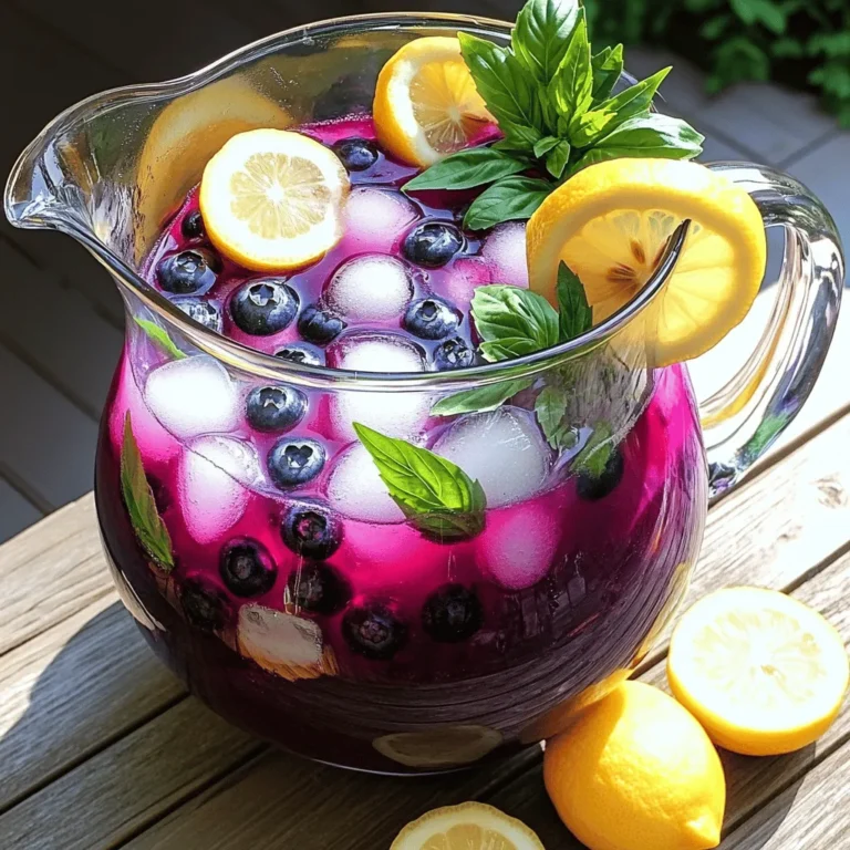 - 1 cup fresh blueberries - 1 cup fresh basil leaves, plus extra for garnish - 1 cup freshly squeezed lemon juice (about 4-6 lemons) - 1 cup granulated sugar (adjust to taste) - 4 cups cold water - Ice cubes - Lemon slices for garnish Blueberries are packed with antioxidants. They help fight free radicals in your body. These tiny berries can improve heart health and boost your brain function. Basil adds a unique flavor and offers anti-inflammatory benefits. It may help reduce stress and support digestion. Lemons are rich in vitamin C. They can boost your immune system and aid in hydration. This drink is not just tasty; it also nourishes your body. When choosing blueberries, look for plump, firm ones. They should have a deep blue color with a white bloom. Avoid any that are dull or have wrinkles. For basil, select bright green leaves without browning or wilting. Fresh basil will give your drink the best flavor. Choose lemons that feel firm and heavy for their size. This means they are juicy and full of flavor. Always pick organic ingredients when possible. They are better for your health and the planet. You can find the full recipe in the article above. To start, you need to make the syrup. In a medium saucepan, combine one cup of fresh blueberries, one cup of fresh basil leaves, and one cup of granulated sugar. This mix creates a tasty syrup for your lemonade. Pour in one cup of cold water. Place the saucepan on medium heat. Bring the mixture to a gentle boil while stirring it occasionally. Let it simmer for about five minutes. This allows the blueberries to burst and the sugar to dissolve completely. After simmering, remove the saucepan from the heat. Let it cool for a few minutes. Once it cools, strain it through a fine-mesh sieve into a bowl. Press the berries with a spatula to extract all the yummy flavor. Discard the solids. Now, it’s time to mix the lemonade. In a large pitcher, combine the blueberry-basil syrup with three cups of cold water and one cup of freshly squeezed lemon juice. Stir well to blend everything together. Take a moment to taste your lemonade. If you want it sweeter, add more sugar. If it’s too sweet, you can dilute it with more water. Adjust it to your liking! To serve, fill glasses with ice cubes. Pour the refreshing blueberry basil lemonade over the ice. For a nice touch, garnish each glass with fresh basil leaves and a slice of lemon. This adds color and makes it look fancy. Presentation tips: Use clear glasses to show off the vibrant colors of the blueberries and lemons. Adding a few whole blueberries to each glass also makes it visually appealing. Enjoy your homemade Blueberry Basil Lemonade! For the complete recipe, check out the Full Recipe section. To make the best Blueberry Basil Lemonade, focus on the balance of flavors. You want the sweetness of blueberries and sugar to blend well with the tartness of lemons. Start with 1 cup of sugar. After mixing, taste it. If it’s too tart, add a bit more sugar. If it’s too sweet, add more lemon juice. Don’t forget the basil! It adds a fresh taste that brightens the drink. Use 1 cup of fresh basil leaves for a strong flavor. Feel free to adjust as you like. Ice can make or break your drink. For a fun twist, try using frozen blueberries as ice cubes. They keep your drink cold and look great too. You can also freeze some of the lemonade in ice cube trays. This way, when the ice melts, it won’t water down your drink. Regular ice cubes work well too. Just make sure they are clear and clean for the best look. Serving is key to impressing your friends. Use clear glasses to show off the vibrant colors of your lemonade. Add a few whole blueberries in each glass for a lovely touch. Garnish with fresh basil leaves and lemon slices on the rim. This not only looks nice but adds extra flavor. You can also use fun straws or drink stirrers to make it festive. Enjoy the compliments when you serve this refreshing drink! {{image_4}} You can turn your blueberry basil lemonade into a fun cocktail. Just add a splash of vodka or gin. Mix one part blueberry basil lemonade with one part alcohol. This drink is perfect for summer parties. The fresh blueberries and basil add a unique twist. Serve it over ice with a lemon slice on top. If you want a healthier drink, skip the sugar. Use natural sweeteners like honey or agave syrup. You can also try stevia for a zero-calorie option. Adjust the amount to your taste. These alternatives keep the drink sweet without extra calories. Feel free to switch out blueberries for other berries. Strawberries, raspberries, or blackberries work great. Each berry brings a new flavor to the lemonade. Mix and match to find your favorite. This way, you can enjoy a fresh drink all year long. For a fun twist, try adding a mix of berries for a burst of color. For the full recipe, check out the detailed instructions above. To store leftover blueberry basil lemonade, pour it into a clean pitcher. Make sure the pitcher has a lid. Place it in the fridge right away. This lemonade stays fresh for about three days. Before serving again, give it a good stir. The flavors may settle over time. You can freeze the blueberry basil syrup for later use. Pour the cooled syrup into ice cube trays. Freeze until solid, then pop out the cubes. Store them in a freezer bag. This method keeps the syrup fresh for about three months. When you're ready to use it, simply thaw the cubes in the fridge or at room temperature. The fresh blueberries will last in the fridge for about five to seven days. Basil leaves usually stay fresh for about three days. Fresh lemon juice, made from whole lemons, is best used within a week. If you buy bottled lemon juice, check the expiration date. Sugar can last indefinitely if stored in a cool, dry place. Always check your ingredients for any signs of spoilage before using them. Yes, you can use frozen blueberries. They work well in this recipe. Frozen berries often burst open during cooking, just like fresh ones. This gives you great flavor for your syrup. Just make sure to thaw them slightly before use. This will help them break down easier in the pot. Blueberry Basil Lemonade lasts about three to five days in the fridge. Keep it in a sealed container to keep it fresh. The flavors may change a bit over time, but it will still taste good. Just give it a good stir before serving again. Yes, this lemonade is naturally caffeine-free. The recipe uses only fruits and herbs. You can enjoy it any time of day without worry. If you want a fizzy option, try adding soda water instead of regular water. This way, you keep it refreshing and caffeine-free. This blog post covered how to make Blueberry Basil Lemonade. We detailed key ingredients and their health benefits. You learned how to select quality ingredients and prepare the syrup. We shared mixing tips and serving ideas to enhance your drink. I also offered variations for both alcoholic and health-conscious choices. In short, enjoy experimenting with flavors and making this refreshing drink your own. Happy sipping!