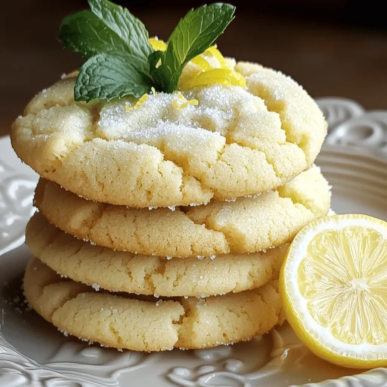 To make soft and chewy lemon cookies, gather these simple ingredients: - 1 cup unsalted butter, softened - 1 cup granulated sugar - 1 large egg, at room temperature - 2 tablespoons lemon zest - 2 tablespoons freshly squeezed lemon juice - 2 ½ cups all-purpose flour - 1 teaspoon baking soda - ½ teaspoon baking powder - ½ teaspoon fine sea salt - 1 teaspoon pure vanilla extract - Extra granulated sugar for rolling These ingredients work together to create a delightful cookie with a bright lemon flavor. The butter and sugar provide a creamy base. The egg adds moisture and helps the cookies rise. Lemon zest and juice bring that fresh citrus taste. The flour forms the structure of the cookie, while baking soda and baking powder help it puff up. The sea salt enhances all the flavors. Lastly, vanilla adds warmth and depth. When you use these ingredients, make sure they are fresh. Fresh lemon zest and juice give the best flavor. This recipe allows you to create delicious cookies that are both soft and chewy. For the full recipe, check out the detailed instructions provided. - Preheat the oven to 350°F (175°C). - Line a baking sheet with parchment paper. - Creaming the butter and sugar: In a large bowl, combine softened butter and granulated sugar. Beat them with an electric mixer on medium speed. This should take about 3-4 minutes. You want it light and fluffy. This step adds air and helps the cookies rise well. - Incorporating egg and flavorings: Next, add one large egg, lemon zest, lemon juice, and pure vanilla extract. Mix on low speed until everything blends smoothly. This makes the dough flavorful and moist. - Combining dry ingredients: In another bowl, whisk together the all-purpose flour, baking soda, baking powder, and fine sea salt. This helps to mix the leavening agents evenly so your cookies will bake nicely. - Mixing wet and dry ingredients: Slowly add the dry mixture to the wet one. Stir gently with a spatula or wooden spoon. Stop mixing once you see no dry flour. A few lumps are okay. Over-mixing can make cookies tough. - Shaping the dough and rolling in sugar: Use a cookie scoop or tablespoon to portion out the dough. Roll each piece into a ball with your hands. Then, coat each ball in extra granulated sugar. Place them on the baking sheet, leaving about 2 inches apart. This gives them room to spread. - Baking and cooling the cookies: Bake in your preheated oven for 10-12 minutes. Watch for the edges to turn a light golden color while the centers stay soft. After baking, let them sit on the sheet for 5 minutes. Then, move them to a wire rack to cool completely. These simple steps will lead to soft and chewy lemon cookies that everyone will love. For the full recipe, feel free to check the earlier sections! To get soft and chewy lemon cookies, don't over-mix the dough. When you mix too much, it develops gluten. This makes cookies tough instead of soft. Stir the dry ingredients into the wet mix just until combined. A few lumps are okay. This keeps your cookies light and tender. Adjust your baking time for the perfect texture. Bake the cookies for 10 to 12 minutes. Watch for the edges to turn light golden. The centers should look puffy and soft. If you want chewier cookies, take them out a minute early. They will continue to cook on the baking sheet. The type of lemon you use matters. For zest and juice, choose thin-skinned lemons. Meyer lemons offer a sweeter taste and great aroma. Regular lemons are bright and tart. Both work well, but Meyer lemons add a unique twist. Using room temperature ingredients helps the dough mix better. Cold butter and eggs can lead to uneven mixing. Set the butter out for about 30 minutes before you start. This small step makes your cookies smooth and delicious. For the full recipe of these delightful cookies, check out the provided link. Happy baking! {{image_4}} You can make these lemon cookies even better! Try adding white chocolate chips for a sweet twist. The creamy chocolate pairs well with the bright lemon flavor. Just fold in about 1 cup of chips when mixing your dough. Another fun option is to add poppy seeds. They give a nice crunch and a unique look to your cookies. Use about 1 to 2 tablespoons of poppy seeds. Mix them in with your dry ingredients. This small addition creates a delightful texture that complements the soft and chewy nature of the cookies. If you want a change, you can swap out lemon zest for lime or orange zest. Lime adds a fresh and tangy taste, while orange brings a warm sweetness. Both options will give your cookies a new flavor profile. You can also blend flavors. For instance, mix lemon and lime zest together for a fun, zesty cookie. This mix can surprise your taste buds and make your cookies stand out. Experimenting with citrus can lead to delicious results, all while keeping the original cookie base from the Full Recipe. To keep your soft and chewy lemon cookies fresh, use an airtight container. This will help lock in moisture and keep them soft. If you have cookies left, store them at room temperature. They will stay great for about a week. For longer storage, you can place them in the fridge. Just make sure to seal them well. This helps them last for up to two weeks without losing their flavor. You can freeze raw dough for later use. To do this, scoop the dough into balls and place them on a baking sheet. Freeze them until firm, then transfer the balls into a freezer-safe bag. When you want cookies, take out the dough and let it thaw in the fridge overnight. Bake them straight from the fridge for fresh cookies! This method is great for quick treats. It allows you to bake just a few at a time, keeping your cookies fresh. To make your cookies softer, bake them for less time. Check them at 10 minutes. If the edges are just golden, take them out. Let them rest on the sheet for a few minutes before moving them. This helps the centers stay soft and chewy. Lowering the oven temperature to 325°F can also help. This way, cookies bake slower, giving them a softer texture. Yes, you can use whole wheat flour. However, it will change the texture. Whole wheat flour makes cookies denser and heartier. To keep the cookies soft, use half whole wheat and half all-purpose flour. This mix gives you a nice balance. You may need to add a bit more liquid, like lemon juice, to keep the dough moist. The best way to zest a lemon is with a microplane or a fine grater. Hold the lemon in one hand and the tool in the other. Lightly scrape the lemon's skin, avoiding the white pith. The pith is bitter. You can also use a vegetable peeler to get larger pieces. Just chop those pieces finely after zesting. This will give your cookies a fresh and bright lemon flavor. You now have a solid understanding of making delicious lemon cookies. We covered the key ingredients, step-by-step instructions, and useful tips for great results. Remember, achieving that soft and chewy texture matters, so follow the baking tips closely. Feel free to experiment with add-ins or other citrus for a fun twist. Store your cookies properly to keep them fresh, or freeze the dough for future baking. With these insights, you’re ready to enjoy and share your tasty lemon cookies!
