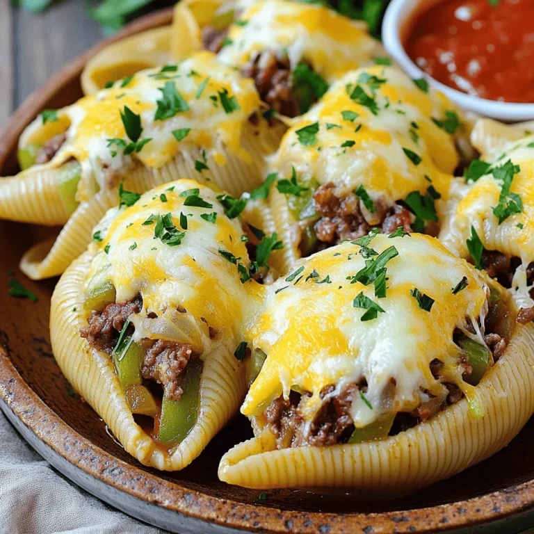 - 20 large pasta shells - 1 lb sirloin steak, thinly sliced - 1 tablespoon olive oil - 1 medium onion, diced - 1 green bell pepper, diced - 2 cloves garlic, minced - 1 cup cream cheese, softened - 1 cup shredded provolone cheese - 1 cup shredded mozzarella cheese - 1 teaspoon Worcestershire sauce - Salt and pepper to taste - Fresh parsley, chopped (for garnish) You will need a few simple tools to make this dish. Gather these items before you start: - Large pot for boiling pasta - Large skillet for cooking steak and veggies - Mixing bowl for the cheese filling - Baking dish for the stuffed shells - Aluminum foil to cover the baking dish - Wooden spoon or spatula for mixing Choosing good brands can really enhance your dish. Here are my top picks: - Pasta: Barilla or De Cecco for pasta shells - Steak: Certified Angus Beef for sirloin steak - Cream Cheese: Philadelphia for a creamy texture - Cheese: Kraft or Sargento for shredded provolone and mozzarella - Olive Oil: California Olive Ranch for a rich flavor This list gives you everything you need to create a fantastic family meal. Enjoy the process and savor the flavors! For more details, check the Full Recipe. To make Philly cheesesteak stuffed shells, first gather all your ingredients. This dish combines tender steak with creamy cheese. You will stuff large pasta shells and bake them until bubbly. It takes about 50 minutes from start to finish. The process is easy and fun, perfect for family meals. 1. Preheat the Oven: Start by heating your oven to 375°F (190°C). 2. Cook the Pasta: Boil water in a large pot. Add the pasta shells and cook them until al dente. Drain the shells and let them cool for a bit. 3. Sauté the Steak: Heat olive oil in a large skillet over medium-high heat. Add the thinly sliced sirloin steak. Season it with salt and pepper. Cook for about 3-4 minutes until browned. Set the steak aside. 4. Cook the Vegetables: In the same skillet, add diced onion and green bell pepper. Sauté for about 5 minutes until soft. Add minced garlic and cook for one more minute. 5. Combine Steak and Veggies: Put the cooked steak back in the skillet. Drizzle in Worcestershire sauce and mix well. Remove the skillet from heat. 6. Mix the Cheese Filling: In a bowl, combine softened cream cheese, provolone cheese, and half of the mozzarella cheese. Add the steak and veggies to the cheese mix. Stir until well blended. 7. Stuff the Shells: Take a pasta shell and fill it with the steak and cheese mix. Place each stuffed shell in a greased baking dish. Fit them snugly together. 8. Add More Cheese: Sprinkle the rest of the mozzarella cheese over the filled shells. 9. Bake in the Oven: Cover the dish with foil and bake for 20 minutes. Remove the foil and bake for another 10 minutes until the cheese is golden and bubbly. 10. Garnish and Serve: Before serving, add chopped parsley on top for color. - Prep Time: 20 minutes - Total Cooking Time: 50 minutes - Oven Temperature: 375°F (190°C) For more details, check the Full Recipe. Enjoy cooking and sharing this tasty meal! To make the best Philly Cheesesteak Stuffed Shells, keep these tips in mind: - Cook Pasta Al Dente: This helps shells hold their shape and not become mushy. - Use Quality Steak: Sirloin works great, but ribeye adds more flavor. Choose what you enjoy. - Mix Cheese Well: Ensure cream cheese blends smoothly with the other cheeses for a creamy filling. - Don’t Overstuff: Fill each shell generously, but avoid overfilling to prevent spills during baking. Here are some common slip-ups to watch for: - Skipping the Cooling Step: Let the pasta shells cool slightly before stuffing. This keeps them from tearing. - Not Seasoning Enough: Season every layer. The steak, veggies, and cheese all need flavor. - Forgetting to Cover: Cover the dish with foil while baking. This helps cook evenly and keeps the cheese moist. Want to take your stuffed shells up a notch? Try these ideas: - Add Spices: A pinch of smoked paprika or Italian seasoning can boost flavor. - Mix in Veggies: Mushrooms or spinach can add texture and nutrition to the filling. - Top with Sauce: Drizzle marinara or Alfredo on top before baking for extra richness. - Use Different Cheeses: Mixing cheddar or gouda with provolone can create a unique taste. These tips and tricks will help you create a flavorful family meal with your Philly Cheesesteak Stuffed Shells. For the complete instructions, check out the Full Recipe. {{image_4}} You can turn Philly cheesesteak stuffed shells into a veggie delight. Replace the sirloin steak with mushrooms, lentils, or tempeh. These ingredients add great texture and flavor. Use a mix of bell peppers, zucchini, and spinach for more color and nutrition. For a vegan cheese option, try cashew cream cheese or dairy-free mozzarella. These swaps keep your dish tasty and filling without the meat. Feel free to get creative with your fillings. You can mix in cooked chicken, ground beef, or even shrimp. For a spicy kick, add jalapeños or hot sauce to the filling. You can also layer in some sautéed mushrooms or caramelized onions for added depth. Top with different cheeses, like cheddar or gouda, to switch things up. This way, each bite can be a surprise. To make this dish gluten-free, use gluten-free pasta shells. Many brands offer great options that taste just as good. You can also substitute the Worcestershire sauce with a gluten-free version. Ensure all other ingredients are gluten-free, like the cheese. This way, everyone can enjoy this hearty meal without worry. You can find the full recipe [here](#). To store leftover stuffed shells, let them cool first. Place them in an airtight container. Make sure to separate layers with parchment paper to avoid sticking. You can keep them in the fridge for up to three days. You can freeze these stuffed shells for later enjoyment. Follow these steps: - Cool Completely: Allow the cooked shells to cool fully. - Wrap Well: Use plastic wrap or aluminum foil to wrap the shells tightly. - Use a Freezer Bag: Place the wrapped shells in a freezer-safe bag. Remove as much air as possible. - Label and Date: Write the date on the bag. This helps you track how long they’ve been frozen. To thaw, move the shells from the freezer to the fridge. Let them thaw overnight. For quicker thawing, place them in cold water for about two hours. Reheating stuffed shells is easy. Here are a few methods: - Oven: Preheat your oven to 350°F (175°C). Place the shells in a baking dish, cover with foil, and heat for 20 minutes. Remove the foil for the last five minutes to crisp the cheese. - Microwave: Place a few shells on a microwave-safe plate. Cover them with a damp paper towel. Heat in short bursts of 30 seconds until warm. - Skillet: Heat a skillet over medium heat. Add a splash of water and place the shells in the skillet. Cover with a lid and steam for about 5 minutes. These methods keep the flavors strong and the cheese melty. Enjoy your tasty leftovers! You can serve Philly Cheesesteak Stuffed Shells with a crisp salad. A simple green salad works well. You can also add a side of garlic bread. Garlic bread pairs nicely with the rich flavors of the shells. Marinara sauce makes a tasty dip for the shells too. Try adding pickles or roasted vegetables for a crunchy side. Yes, you can make these stuffed shells ahead of time. Prepare them fully and store in the fridge. Cover the baking dish tightly with plastic wrap. You can also freeze them before baking. Just thaw them in the fridge overnight before baking. This saves time and is great for busy days. The stuffed shells are done when the cheese is bubbly. You should see a golden brown color on top. Use a food thermometer; the center should reach 165°F. If you want to be sure, cut one open. The filling should be hot and melted. Keep an eye on them during the last 10 minutes of baking. In this blog post, I shared how to make Philly Cheesesteak Stuffed Shells. We covered the ingredients, cooking steps, and tips for perfect results. I also included storage info and answered common questions. Making these stuffed shells is easy and fun. You can tweak the recipe to fit your taste. Don’t be afraid to try new flavors. Enjoy your delicious creation and share it with others!