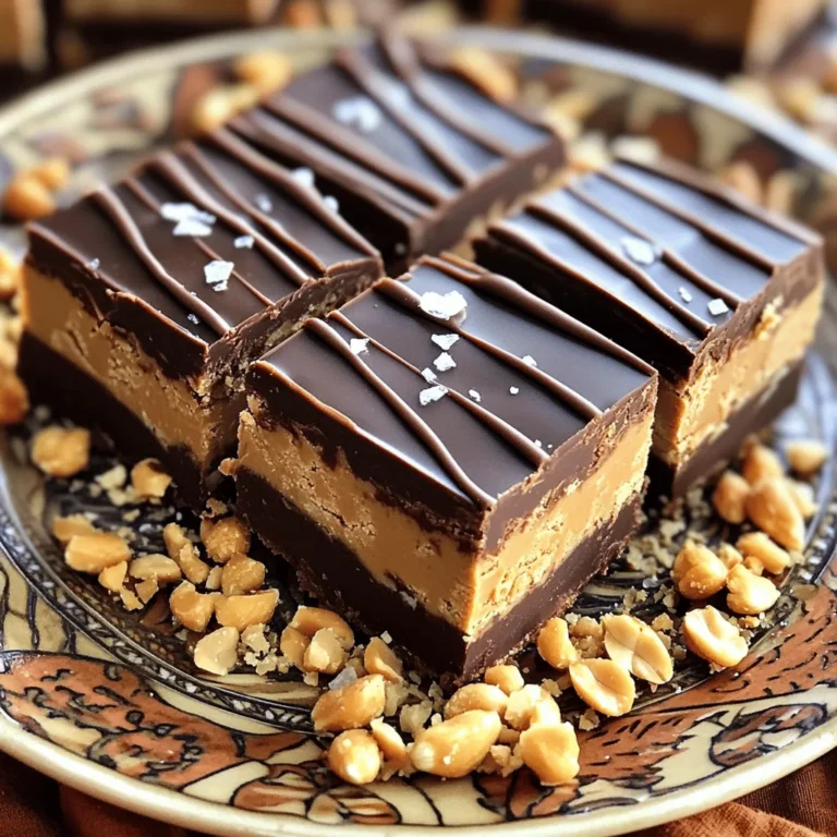 - Smooth natural peanut butter - Pure maple syrup or honey - Coconut oil (melted) - Rolled oats - Dark or semi-sweet chocolate chips - Unsweetened cocoa powder - Pure vanilla extract - Fine sea salt To make delicious chocolate peanut butter bars, you need these key ingredients. First, smooth natural peanut butter gives a creamy base. I love using peanut butter that has no added sugar or oils. It keeps the bars rich and healthy. Next, pure maple syrup or honey sweetens the bars. Both options work well, but maple syrup has a unique flavor. Coconut oil adds a silky texture. Make sure it’s melted for easy mixing. Rolled oats provide fiber and a chewy texture. They help hold everything together. Choose certified gluten-free oats if needed. Dark or semi-sweet chocolate chips add a sweet touch. They melt beautifully into the mixture. Unsweetened cocoa powder brings a rich chocolate flavor. I recommend high-quality cocoa for the best taste. Pure vanilla extract enhances the overall flavor, while fine sea salt balances the sweetness. When making these bars, accurate measurements are key. If you measure wrong, the texture may change. I suggest using a kitchen scale for best results. A scale gives exact amounts, which is very helpful. Use measuring cups for dry ingredients and liquid measuring cups for liquids. Make sure to level off dry ingredients for accuracy. This helps achieve the perfect consistency in your bars. You can customize these bars easily. For sweeteners, try agave syrup or brown rice syrup. Both options work well if you want to change things up. If you prefer a different nut butter, almond or cashew butter are great choices. Just remember that these may alter the taste a bit. For gluten-free options, use certified gluten-free oats. This way, everyone can enjoy these tasty treats without worry. You can find many useful substitutions to fit your needs. Check out the Full Recipe for detailed steps to create your own chocolate peanut butter bars! Start by lining an 8x8 inch baking dish with parchment paper. This helps with easy removal later. Leave some paper overhang on two sides. It makes lifting the bars out simple. Next, grab a large mixing bowl. Combine 1 cup of smooth peanut butter, 1/2 cup of pure maple syrup, and 1/4 cup of melted coconut oil. Use a whisk or spatula to mix until you see a smooth blend. Now it's time to add the dry ingredients. Toss in 1 cup of rolled oats, 1/2 cup of unsweetened cocoa powder, 1 teaspoon of pure vanilla extract, and 1/4 teaspoon of fine sea salt. Mix everything well until you get a thick batter. Now, gently fold in 1/2 cup of dark or semi-sweet chocolate chips. Make sure they spread evenly through the mix. Transfer this mixture into your lined baking dish. Use a spatula or your hands to press it down firmly. You want a compact, even layer. Once done, place the dish in the fridge. Chill it for at least 1 to 2 hours until the mixture feels firm. For the complete recipe, check the Full Recipe section. To make the best chocolate peanut butter bars, focus on texture. You want a smooth, firm bar that holds together well. Use natural peanut butter for creaminess. If your bars turn out dry or crumbly, it often means too many dry ingredients. Stick to the recipe and measure carefully. Mixing well helps combine all the ingredients and avoids clumps. You can boost flavor with simple add-ins. A splash of pure vanilla extract adds depth. A sprinkle of fine sea salt can enhance sweetness too. Consider adding a bit of cinnamon for warmth or even a few tablespoons of crushed nuts for crunch. Each small change can make your bars even better. Presentation matters when serving these bars. Cut them into neat squares or rectangles. Arrange them on a colorful plate for a pop. Drizzling melted chocolate over the top makes them look fancy. You can also sprinkle some crushed peanuts or a pinch of sea salt on top for a rustic touch. These small efforts make your treat feel special. For the full recipe, check out the [Full Recipe]. {{image_4}} If you want to make these bars healthier, you have options. You can use less sweetener. Try using only 1/4 cup of pure maple syrup. You can also replace coconut oil with unsweetened applesauce. This swap cuts calories and adds moisture. Another great idea is to use a sugar substitute. Look for options like stevia or monk fruit. These can help you cut sugar without losing sweetness. Want to switch up the flavor? Add fruits like mashed bananas or shredded coconut. Bananas give a creamy texture, while coconut adds a tropical twist. You can even mix in some almond extract for a nutty flavor boost. Experiment with different nut butters too! Almond butter or cashew butter can change the taste. Each nut butter brings a unique flavor. It’s fun to find your favorite blend. Toppings can make your bars even better. Try sprinkling crushed nuts on top. Walnuts or pecans add a nice crunch. You can also use coconut flakes for a chewy texture. For a sweet finish, drizzle melted chocolate over the top. You can use dark, milk, or even white chocolate. This extra layer makes the bars look fancy and taste amazing. For the full recipe, check out the detailed instructions above. To keep your chocolate peanut butter bars fresh, use an airtight container. This helps prevent moisture and keeps them from drying out. You can store them in the refrigerator or freezer, depending on how long you want to keep them. If you plan to eat them within a week, the fridge is perfect. For longer storage, the freezer is your best option. In the fridge, these bars can last about one week. If you notice any changes in color or smell, it's best to throw them away. Signs of spoilage include a dry texture or a strange odor. Always inspect your bars before enjoying them. You can freeze the bars either one by one or as a whole batch. If you freeze them individually, wrap each bar in plastic wrap or foil. This way, you can grab one whenever you want a treat. If you prefer to freeze the whole batch, just place the container in the freezer. When you're ready to eat, let them thaw in the fridge for a few hours. For the full recipe, check the earlier section. Yes, you can use crunchy peanut butter! It adds a fun texture. The bars will have a nice bite from the peanut pieces. Keep in mind, the flavor may be more intense with crunchy peanut butter. If you enjoy that nutty crunch, go for it! To check if the bars are set, gently press the top with your finger. If it feels firm and springs back, they are ready. You can also look for a slight sheen on the surface. If it’s still soft, give it more time in the fridge. Patience makes perfect bars! For clean cuts, use a sharp knife. Run the knife under hot water, then dry it off. This helps the knife glide through the bars easily. Cut them into squares or rectangles, depending on your preference. If they crumble, try chilling them longer before cutting. Absolutely! To make these bars vegan, use maple syrup instead of honey. Ensure your chocolate chips are dairy-free. Check that your peanut butter has no added ingredients. With these swaps, you can enjoy a tasty vegan treat! In summary, this guide covered how to make delicious no-bake bars. You learned about the key ingredients, measurement tips, and how to mix everything smoothly. We shared storage techniques to keep your bars fresh and variations to suit your taste. Remember, small changes can lead to big flavor. Experiment with different add-ins and toppings to make these bars your own. By following these tips, you’ll enjoy tasty treats that fit your needs. Enjoy making your no-bake bars!