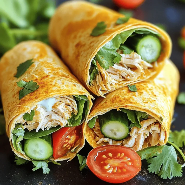 - Cooked chicken breast - Greek yogurt - Dijon mustard - Garlic powder - Smoked paprika - Black pepper - Mixed greens - Cherry tomatoes - Cucumber - Whole wheat tortillas - Garnishing options The key to tasty Mini Chicken Wraps lies in the right ingredients. First, use cooked chicken breast. It is tender and full of protein. I recommend shredding the chicken for easy mixing. Next, Greek yogurt adds creaminess. It also gives a nice tang. Adding Dijon mustard brings a zesty kick to the wraps. Now, let's add some flavor! Garlic powder enhances the taste. Smoked paprika gives a subtle smokiness. Finally, a dash of black pepper adds warmth without being too spicy. For fresh fillings, I like to use mixed greens. They add color and crunch. Cherry tomatoes bring sweetness, and cucumber offers a refreshing bite. These fresh ingredients balance the rich flavors of the chicken mixture. Don’t forget the wraps! Whole wheat tortillas work best. They are healthy and keep everything together. You can also garnish your wraps with fresh herbs like cilantro. This adds a pop of color and flavor. For the full recipe, check out the [Full Recipe]. You will love how easy it is to make these delicious snacks! To start, gather your ingredients. In a large bowl, mix the chicken and other items. Combine 2 cups of shredded chicken, 1/2 cup of creamy Greek yogurt, and 1 tablespoon of Dijon mustard. Add 1 teaspoon of garlic powder, 1 teaspoon of smoked paprika, and 1/4 teaspoon of black pepper. Stir well until every piece is coated. You want a thick, creamy mix that sticks to the chicken. Next, lay out your whole wheat tortillas on a clean surface. Each tortilla should be flat and ready for filling. Scoop about 1/4 cup of the chicken mixture into the center of each tortilla. Spread it evenly, leaving a little space at the edges. Then, add a handful of mixed greens, halved cherry tomatoes, and thin cucumber slices. This creates a bright and tasty filling. Now it’s time to roll your wraps. First, fold the sides of the tortilla in. Then, roll it tightly from the bottom up. This secures all the yummy fillings inside. Once rolled, take a sharp knife and slice each wrap in half diagonally. This makes it easy to serve and looks great on a plate. For a fresh touch, sprinkle cilantro on top before serving. For the full recipe, refer to the earlier section. Enjoy making these tasty mini chicken wraps! Marinating chicken boosts its flavor. A simple marinade can include Greek yogurt, Dijon mustard, and spices. Let the chicken sit for at least 30 minutes. This adds depth and taste. You can also try adding fresh herbs like cilantro or basil. These herbs bring a burst of freshness to the wraps. You can prepare the wraps ahead of time. Simply make the chicken mixture and store it in the fridge. You can assemble the wraps just before serving. For a fun twist, serve with dips like hummus or salsa. These dips add more flavor and excitement to your meal. Pair with crunchy veggies like carrot sticks or bell peppers for a complete snack. Always ensure your chicken is fully cooked. It should reach an internal temperature of 165°F. Use a meat thermometer for accuracy. When handling raw chicken, wash your hands and surfaces. This keeps food safe from bacteria. Store leftovers in an airtight container in the fridge. Enjoy your mini chicken wraps fresh or as a quick snack later! For the full recipe, check out the section above. {{image_4}} You can switch things up by using beef or shrimp instead of chicken. Beef adds a rich flavor, while shrimp brings a nice bite. For a vegetarian option, try beans and cheeses. Black beans or chickpeas work great. They add protein and keep the wraps filling. The sauce you choose can change everything. For creamy options, you can use ranch or tzatziki. Both add a cool touch to your wraps. If you want heat, go for spicy sauces like sriracha or a tangy hot sauce. These add a kick that makes each bite exciting. Using lettuce leaves instead of tortillas gives a fresh twist. Lettuce wraps are crunchy and light. They are perfect for a low-carb meal. If you need gluten-free options, look for rice paper or corn tortillas. These wraps still hold all the tasty fillings while being friendly to different diets. For the full recipe, check out Savory Mini Chicken Wraps . You can store mini chicken wraps in the fridge for up to three days. This time frame helps keep them fresh and safe to eat. Use airtight containers to keep the wraps moist and tasty. Glass or plastic containers work well. Avoid using containers that allow air inside, as this can make the wraps dry. To freeze mini chicken wraps, wrap each one tightly in plastic wrap or foil. This step helps keep them from getting freezer burn. Place the wrapped wraps in a freezer-safe bag or container. Label the bag with the date so you know when you made them. You can freeze them for up to three months. To reheat frozen wraps, take them out and let them thaw in the fridge overnight. If you want a quicker option, you can microwave them for about one to two minutes. Make sure to check that they are hot all the way through before eating. Enjoy these tasty wraps any time, even after freezing! For the full recipe, check out the previous sections. To make Mini Chicken Wraps healthier, swap some ingredients. Here are a few low-calorie options: - Use low-fat Greek yogurt instead of regular. - Replace whole wheat tortillas with lettuce wraps. - Add more fresh veggies, like bell peppers or carrots. - Use less mustard or choose a lighter dressing. These swaps keep the flavor while cutting calories. Yes, using leftover chicken is a great idea! Here are best practices: - Ensure the chicken is fully cooked before using it. - Shred or chop the leftover chicken for easy mixing. - Store leftover chicken in the fridge no longer than 3-4 days. Using leftovers saves time and reduces waste, making your wraps quick and tasty. Mini Chicken Wraps go well with various dips. Here are some tasty suggestions: - Hummus adds a creamy and flavorful touch. - Salsa gives a fresh and zesty kick. - Ranch dressing adds a classic flavor. - Tzatziki sauce brings a cool, tangy element. Experiment with these dips to find your perfect match! Mini chicken wraps are tasty, easy to make, and full of flavor. We discussed key ingredients, like chicken, Greek yogurt, and fresh veggies. You learned how to prepare and assemble these wraps while keeping safety in mind. You also have tips for flavor enhancement and storage. Remember, you can customize these wraps in many ways. Think about using different proteins or sauces to suit your taste. Enjoy your cooking and create delicious meals that everyone will love!