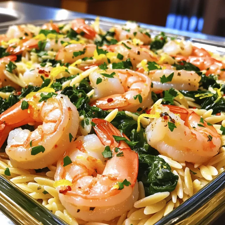 - 1 lb large shrimp, peeled and deveined - 1 cup orzo pasta - 2 cups fresh spinach, chopped - 4 cloves garlic, minced - 2 tablespoons olive oil - 1 tablespoon lemon zest - 3 tablespoons fresh lemon juice - 1 teaspoon red pepper flakes - Salt and black pepper to taste - Fresh parsley for garnish Getting the right ingredients is key to this dish. First, I love using large shrimp. They are meaty and pack a flavor punch. When you peel and devein them, it makes them ready for cooking. Next up, we have orzo pasta. It's a short pasta that looks like rice and pairs so well with shrimp. Fresh spinach adds a lovely green color and nutrition. You can use baby spinach for a milder taste. I always have garlic on hand. It adds a strong flavor that makes each bite better. Olive oil is my go-to for cooking. It gives a rich taste and helps fry the shrimp perfectly. For a burst of freshness, I add lemon zest and juice. The zest gives a strong lemon flavor without the liquid. If you want a kick, add red pepper flakes. They can spice things up but feel free to skip them. Finally, salt and black pepper season the dish just right. A sprinkle of fresh parsley makes it look fancy. If you want the full recipe, check it out. Make sure to gather all these ingredients. They work together to create a dish that is bright, tasty, and satisfying. - Bring salted water to a boil. - Cook orzo according to package instructions. Drain and set aside. Cooking orzo is easy. You can choose any brand you like. Just remember to use enough salt in the water to enhance the flavor. Cooking time varies, so follow the package instructions closely for best results. - Warm olive oil and sauté garlic. - Add shrimp and season before cooking. Start by heating olive oil in a large skillet. Add minced garlic and let it cook for about 30 seconds. You want it fragrant but not burnt. Next, add your shrimp. Season them with salt and black pepper. If you enjoy a kick, toss in some red pepper flakes. Cook the shrimp for about 2-3 minutes per side. They should be pink and opaque when done. - Stir in lemon zest and juice. - Add spinach and mix in cooked orzo. Once the shrimp are ready, stir in lemon zest and fresh lemon juice. This brightens the dish. After that, toss in the spinach. Cook it just until it wilts. Finally, add the cooked orzo to the skillet. Mix everything gently to blend the flavors. Taste and adjust seasoning if needed. This dish is perfect for a quick weeknight meal. For the full recipe, refer to the earlier section. Enjoy your cooking! To make your shrimp shine, ensure they cook evenly. This gives the best flavor. Cook shrimp until they turn pink and opaque. This usually takes 2-3 minutes on each side. If you burn the garlic, it will taste bitter. Sauté it gently for about 30 seconds until fragrant. Keep an eye on it! Presentation is key! Serve your Lemon Garlic Shrimp with Spinach Orzo in shallow bowls. This shows off the colorful mix of shrimp, spinach, and orzo. Add a lemon wedge on the side. It gives a fresh pop and looks great. A sprinkle of parsley on top adds color and flavor. Want to take your dish to the next level? Experiment with herbs or spices! Fresh basil or thyme can add a nice twist. You can also try a touch of paprika for warmth. Just remember to keep it balanced, so the lemon and garlic still shine. For the full recipe, check the details above! {{image_4}} If you want a change, you can swap shrimp for chicken or tofu. Chicken works great when cut into small pieces. Cook it the same way as the shrimp. Tofu is a great choice too. Use firm tofu for the best texture. Just make sure to press it first to remove excess water. You can change the orzo to quinoa or rice. Quinoa adds a nice nutty flavor and a protein boost. Cook it according to package directions. Rice is another easy option. Use brown rice for more fiber and nutrients. Both swaps will keep the dish filling and delicious. Adding more veggies is a smart way to boost nutrition. Try greens like kale or Swiss chard for extra vitamins. Bell peppers add a sweet crunch and a pop of color. Just chop them up and toss them in with the spinach. This way, you create a fun mix of flavors and textures. For the full recipe, check out the Lemon Garlic Shrimp with Spinach Orzo section. Allow the dish to cool before putting it in the fridge. Use an airtight container to keep the shrimp and orzo fresh. This way, they will stay tasty for up to three days. If you want to keep it longer, consider freezing. To reheat, use a skillet over medium heat. This method helps keep the shrimp tender and the orzo nice. Add a splash of water or broth to prevent drying out. Stir often for even heating. Avoid using the microwave, as it can make the shrimp rubbery. If you want to freeze, pack the dish tightly in a freezer-safe container. Wrap it well to prevent freezer burn. Thaw overnight in the fridge before reheating. This helps keep the flavors intact. Enjoy your Lemon Garlic Shrimp with Spinach Orzo anytime you crave it! For the full recipe, check out the earlier section. To cook shrimp perfectly, start with fresh, raw shrimp. Heat olive oil in your skillet. Add minced garlic and stir until fragrant. Then, add shrimp to the pan. Season with salt, pepper, and red pepper flakes. Cook for 2-3 minutes on each side. When shrimp turns pink and opaque, they are done. This ensures tender and juicy shrimp every time. If you don’t have orzo, you can use several alternatives. Try small pasta shapes like ditalini or couscous. Quinoa also works well for a gluten-free option. Rice is another good choice, though it will change the dish's texture. Each option brings its own flair to the meal. Yes, you can prepare Lemon Garlic Shrimp with Spinach Orzo ahead of time. Cook the shrimp and orzo separately. Store them in airtight containers in the fridge. You can combine them just before serving. This keeps the shrimp tender and the orzo firm. Reheat gently in a skillet to avoid overcooking. The spice level depends on how much red pepper flakes you add. A teaspoon gives a mild kick. If you prefer it spicier, add more to taste. For a milder option, leave the flakes out. This dish can easily adjust to your spice level. Enjoy it just the way you like! Lemon garlic shrimp with spinach orzo combines fresh ingredients and rich flavors. You now know the main ingredients, such as shrimp and orzo, along with steps to cook them perfectly. Remember to follow my tips for great taste and presentation. Feel free to try variations like chicken or extra veggies. This dish is easy to store and reheat, making it perfect for leftovers. Enjoy creating your own version and share it with family or friends!