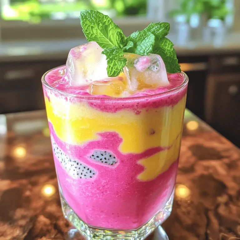 - 1 medium ripe dragonfruit (pitaya) - 1 ripe banana - 1 cup coconut milk - 1/2 cup Greek yogurt - 1/2 cup passion fruit pulp - 1 tablespoon honey or maple syrup - 1/2 cup ice cubes - Fresh mint leaves for garnish The dragonfruit is the star of our smoothie. Its bright pink skin and white flesh make your drink pop. This fruit is sweet and has tiny seeds that add a nice crunch. Bananas bring a creamy texture to the mix. They also add natural sweetness, which balances the tartness of the passion fruit. Coconut milk gives a rich, tropical flavor. It makes the smoothie creamy and smooth. You can switch it with almond milk if you want a nutty touch. Greek yogurt boosts the protein content. It also adds a pleasant tang, making the smoothie thicker. Passion fruit pulp offers a burst of flavor. It has a sweet and tangy taste that brightens the smoothie. You can use fresh or canned pulp, depending on what's available. Honey or maple syrup acts as a sweetener. You can adjust this based on your taste. Ice cubes keep the drink cold and refreshing. They make it perfect for hot days. Finally, fresh mint leaves add a splash of color and a hint of freshness. - Dairy-free options: Use a dairy-free yogurt instead of Greek yogurt. Almond or oat milk can replace coconut milk. - Sweetener variations: Try agave syrup or stevia if you want different sweeteners. - Flavor enhancers: Add vanilla extract or a squeeze of lime for a unique twist. These substitutions help you create a smoothie that fits your diet and taste. You can easily customize this drink to make it your own! For the full recipe, be sure to check the [Full Recipe]. First, gather your ingredients. You need dragonfruit, banana, coconut milk, Greek yogurt, and honey. Cut the dragonfruit in half and scoop out the flesh. In your high-speed blender, add the dragonfruit, banana, coconut milk, Greek yogurt, and honey. Blend on medium-high speed for about 30 seconds. The goal is a smooth and creamy texture. A high-speed blend helps mix everything well. This step is key for a tasty base. Now, let’s make that beautiful swirl. Pour half of the dragonfruit mixture into a tall glass. Make sure you leave some space at the top for the passion fruit pulp. Next, return the rest of the mixture to the blender. Add the passion fruit pulp and blend briefly. You want to mix just enough to create a marbled look. Pour the passion fruit blend over the first layer in the glass. This lets the colors swirl together, making it look stunning. It’s time to make your smoothie look great! Use clear glasses to show off the layers. Top your drink with ice cubes to keep it cool. For a touch of color, add a sprig of fresh mint leaves. This fresh mint not only looks nice but adds a nice aroma too. Enjoy your Dragonfruit Passion Swirl Smoothie! For the full recipe, check the instructions above. To make your smoothie creamy, use a high-speed blender. Start on medium speed, then switch to high. Blend until smooth, which usually takes about 30 seconds. For chilled drinks, ice is key. Use fresh ice cubes, but don’t overdo it. Too much ice can make your smoothie watery. Aim for a balance between ice and liquid. Sweetness is easy to adjust. If you want it sweeter, add more honey or maple syrup. You can also try different fruits like mango or berries. These fruits add layers of flavor and can change the taste profile. Experiment with what you like best! Preparing dragonfruit is simple. Cut it in half, then scoop out the flesh with a spoon. For passion fruit, cut it in half and scoop out the pulp. Make sure to use ripe fruits for the best flavor. If you have leftovers, store them in airtight containers in the fridge. This keeps your ingredients fresh for later use. {{image_4}} Trying different flavors keeps our smoothies exciting. Here are some fun ideas to mix things up. You can create a tropical fruit mix by adding mango or pineapple. These fruits bring sweetness and a sunny flavor. You can also add berries, like strawberries or blueberries. They boost the color and add a tart taste. If you want to add protein, mix in some protein powder. This helps make your smoothie a meal. For those watching calories, use low-calorie sweeteners. This keeps the taste without the extra calories. Change your smoothie with the seasons. In summer, try adding fresh peaches or watermelon for a refreshing twist. In fall, consider adding spices like cinnamon or pumpkin puree. These ingredients bring warm flavors to your drink. Experiment with these variations for a fun smoothie experience. For the full recipe, check out the previous section! You can store your Dragonfruit Passion Swirl Smoothie in the fridge for up to 24 hours. Just keep it in a sealed container to maintain freshness. If you want to prep for the week, pour the smoothie into ice cube trays or small containers. This way, you can easily blend a quick smoothie whenever you want. Frozen portions can last for about three months. To keep fresh dragonfruit and passion fruit at their best, store them at room temperature. Once you cut them, wrap them tightly and put them in the fridge. This helps keep them fresh for up to three days. For coconut milk and yogurt, always check the expiration date. Store them in the fridge and use them within a week after opening for the best taste. Look out for any strange smells or colors in your ingredients. If your dragonfruit turns brown or feels mushy, it’s time to toss it. For passion fruit, if the skin is too wrinkled or hard, it’s past its prime. Always check for mold on yogurt or coconut milk. When in doubt, it’s best to avoid using those ingredients. Freshness is key to enjoying your smoothie to the fullest. Dragonfruit is packed with nutrients. It has a high vitamin C content. This fruit supports your immune system. It contains fiber, which aids digestion. Dragonfruit is low in calories, making it a great snack. It also has antioxidants that help fight free radicals. These properties may lower your risk of chronic diseases. Eating dragonfruit can improve heart health by lowering bad cholesterol. Overall, dragonfruit is a tasty and healthy choice. Yes, you can use frozen fruits! Frozen fruits make the smoothie cold and thick. They are also convenient since they last longer. If you use frozen dragonfruit, thaw it slightly for easier blending. For other fruits, like bananas, you can slice and freeze them in advance. Just remember to adjust the amount of ice. If you want a creamier smoothie, reduce the ice when using frozen fruits. Making this smoothie vegan is easy! Simply swap Greek yogurt with a dairy-free yogurt. Almond or coconut yogurt works well. Replace honey with maple syrup for a vegan sweetener. You can also add a scoop of plant-based protein powder for extra nutrition. These simple swaps keep the smoothie delicious and vegan-friendly. Absolutely! This smoothie is bright and colorful, which kids love. The sweet taste of dragonfruit and banana makes it appealing. It has a creamy texture that is easy to drink. Packed with vitamins, it is a healthy choice for kids. Serve it in fun cups or with a colorful straw to make it exciting. This smoothie is a great way to sneak in some fruit for kids! This blog post laid out all you need for a tasty Dragonfruit Passion Swirl Smoothie. We covered the main ingredients, tips for blending, and fun variations. Remember, you can tweak the recipe to match your taste and needs. Smoothies are great for quick meals or snacks. Enjoy experimenting with flavors and ingredients! Drink it fresh for the best taste and health benefits. Your smoothie journey begins now!