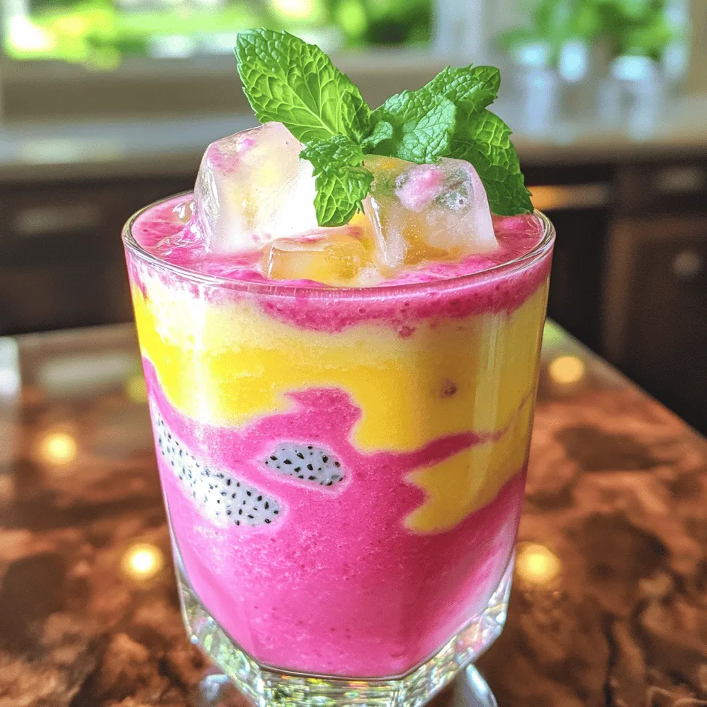 - 1 medium ripe dragonfruit (pitaya) - 1 ripe banana - 1 cup coconut milk - 1/2 cup Greek yogurt - 1/2 cup passion fruit pulp - 1 tablespoon honey or maple syrup - 1/2 cup ice cubes - Fresh mint leaves for garnish The dragonfruit is the star of our smoothie. Its bright pink skin and white flesh make your drink pop. This fruit is sweet and has tiny seeds that add a nice crunch. Bananas bring a creamy texture to the mix. They also add natural sweetness, which balances the tartness of the passion fruit. Coconut milk gives a rich, tropical flavor. It makes the smoothie creamy and smooth. You can switch it with almond milk if you want a nutty touch. Greek yogurt boosts the protein content. It also adds a pleasant tang, making the smoothie thicker. Passion fruit pulp offers a burst of flavor. It has a sweet and tangy taste that brightens the smoothie. You can use fresh or canned pulp, depending on what's available. Honey or maple syrup acts as a sweetener. You can adjust this based on your taste. Ice cubes keep the drink cold and refreshing. They make it perfect for hot days. Finally, fresh mint leaves add a splash of color and a hint of freshness. - Dairy-free options: Use a dairy-free yogurt instead of Greek yogurt. Almond or oat milk can replace coconut milk. - Sweetener variations: Try agave syrup or stevia if you want different sweeteners. - Flavor enhancers: Add vanilla extract or a squeeze of lime for a unique twist. These substitutions help you create a smoothie that fits your diet and taste. You can easily customize this drink to make it your own! For the full recipe, be sure to check the [Full Recipe]. First, gather your ingredients. You need dragonfruit, banana, coconut milk, Greek yogurt, and honey. Cut the dragonfruit in half and scoop out the flesh. In your high-speed blender, add the dragonfruit, banana, coconut milk, Greek yogurt, and honey. Blend on medium-high speed for about 30 seconds. The goal is a smooth and creamy texture. A high-speed blend helps mix everything well. This step is key for a tasty base. Now, let’s make that beautiful swirl. Pour half of the dragonfruit mixture into a tall glass. Make sure you leave some space at the top for the passion fruit pulp. Next, return the rest of the mixture to the blender. Add the passion fruit pulp and blend briefly. You want to mix just enough to create a marbled look. Pour the passion fruit blend over the first layer in the glass. This lets the colors swirl together, making it look stunning. It’s time to make your smoothie look great! Use clear glasses to show off the layers. Top your drink with ice cubes to keep it cool. For a touch of color, add a sprig of fresh mint leaves. This fresh mint not only looks nice but adds a nice aroma too. Enjoy your Dragonfruit Passion Swirl Smoothie! For the full recipe, check the instructions above. To make your smoothie creamy, use a high-speed blender. Start on medium speed, then switch to high. Blend until smooth, which usually takes about 30 seconds. For chilled drinks, ice is key. Use fresh ice cubes, but don’t overdo it. Too much ice can make your smoothie watery. Aim for a balance between ice and liquid. Sweetness is easy to adjust. If you want it sweeter, add more honey or maple syrup. You can also try different fruits like mango or berries. These fruits add layers of flavor and can change the taste profile. Experiment with what you like best! Preparing dragonfruit is simple. Cut it in half, then scoop out the flesh with a spoon. For passion fruit, cut it in half and scoop out the pulp. Make sure to use ripe fruits for the best flavor. If you have leftovers, store them in airtight containers in the fridge. This keeps your ingredients fresh for later use. {{image_4}} Trying different flavors keeps our smoothies exciting. Here are some fun ideas to mix things up. You can create a tropical fruit mix by adding mango or pineapple. These fruits bring sweetness and a sunny flavor. You can also add berries, like strawberries or blueberries. They boost the color and add a tart taste. If you want to add protein, mix in some protein powder. This helps make your smoothie a meal. For those watching calories, use low-calorie sweeteners. This keeps the taste without the extra calories. Change your smoothie with the seasons. In summer, try adding fresh peaches or watermelon for a refreshing twist. In fall, consider adding spices like cinnamon or pumpkin puree. These ingredients bring warm flavors to your drink. Experiment with these variations for a fun smoothie experience. For the full recipe, check out the previous section! You can store your Dragonfruit Passion Swirl Smoothie in the fridge for up to 24 hours. Just keep it in a sealed container to maintain freshness. If you want to prep for the week, pour the smoothie into ice cube trays or small containers. This way, you can easily blend a quick smoothie whenever you want. Frozen portions can last for about three months. To keep fresh dragonfruit and passion fruit at their best, store them at room temperature. Once you cut them, wrap them tightly and put them in the fridge. This helps keep them fresh for up to three days. For coconut milk and yogurt, always check the expiration date. Store them in the fridge and use them within a week after opening for the best taste. Look out for any strange smells or colors in your ingredients. If your dragonfruit turns brown or feels mushy, it’s time to toss it. For passion fruit, if the skin is too wrinkled or hard, it’s past its prime. Always check for mold on yogurt or coconut milk. When in doubt, it’s best to avoid using those ingredients. Freshness is key to enjoying your smoothie to the fullest. Dragonfruit is packed with nutrients. It has a high vitamin C content. This fruit supports your immune system. It contains fiber, which aids digestion. Dragonfruit is low in calories, making it a great snack. It also has antioxidants that help fight free radicals. These properties may lower your risk of chronic diseases. Eating dragonfruit can improve heart health by lowering bad cholesterol. Overall, dragonfruit is a tasty and healthy choice. Yes, you can use frozen fruits! Frozen fruits make the smoothie cold and thick. They are also convenient since they last longer. If you use frozen dragonfruit, thaw it slightly for easier blending. For other fruits, like bananas, you can slice and freeze them in advance. Just remember to adjust the amount of ice. If you want a creamier smoothie, reduce the ice when using frozen fruits. Making this smoothie vegan is easy! Simply swap Greek yogurt with a dairy-free yogurt. Almond or coconut yogurt works well. Replace honey with maple syrup for a vegan sweetener. You can also add a scoop of plant-based protein powder for extra nutrition. These simple swaps keep the smoothie delicious and vegan-friendly. Absolutely! This smoothie is bright and colorful, which kids love. The sweet taste of dragonfruit and banana makes it appealing. It has a creamy texture that is easy to drink. Packed with vitamins, it is a healthy choice for kids. Serve it in fun cups or with a colorful straw to make it exciting. This smoothie is a great way to sneak in some fruit for kids! This blog post laid out all you need for a tasty Dragonfruit Passion Swirl Smoothie. We covered the main ingredients, tips for blending, and fun variations. Remember, you can tweak the recipe to match your taste and needs. Smoothies are great for quick meals or snacks. Enjoy experimenting with flavors and ingredients! Drink it fresh for the best taste and health benefits. Your smoothie journey begins now!
