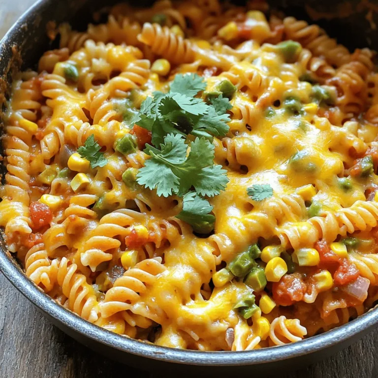 - 8 ounces rotini pasta - 1 pound ground turkey (or beef) - 1 small onion, finely diced - 2 cloves garlic, minced - 1 packet taco seasoning - 1 cup beef or vegetable broth - 1 can (14.5 ounces) diced tomatoes with green chilies - 1 cup corn (fresh or frozen) - 1 cup shredded cheddar cheese - 1 cup shredded Monterey Jack cheese - Salt and pepper to taste - Fresh cilantro, chopped, for garnish When making Cheesy Taco Pasta, these ingredients form the heart of the dish. I love how simple yet flavorful they are. For the main ingredients, I start with rotini pasta. Its twists hold sauce well. Ground turkey or beef adds protein and flavor. The diced onion and minced garlic bring a nice base. Next, we have flavor enhancers. Taco seasoning is key. It brings that classic taco taste. Broth adds depth, while diced tomatoes with green chilies give a little kick. Corn adds sweetness and texture. Lastly, it’s all about the cheese. I use shredded cheddar and Monterey Jack. Together, they create a creamy, cheesy delight. Don't forget salt and pepper to taste. Fresh cilantro makes a lovely garnish. This blend of ingredients makes the dish rich and satisfying. For the complete details, check the Full Recipe. - Cook rotini pasta according to package instructions until al dente. - Drain pasta and set aside. - In a large skillet, cook ground turkey (or beef) over medium heat. - Break apart with a spoon until browned (about 5-7 minutes). - Add diced onion and minced garlic; sauté until fragrant (3-4 minutes). - Sprinkle taco seasoning and pour in broth; let simmer (2-3 minutes). - Mix in diced tomatoes and corn; fold in cooked pasta. - Lower heat to low; sprinkle shredded cheeses evenly over the pasta. - Stir gently until cheese is melted and mixture is well combined. This simple process leads to a delicious meal. Each step builds flavors and textures. I love how the cheese melts into the pasta, making it creamy and rich. Do not forget to check out the Full Recipe for all the details! - Ensure pasta is cooked al dente for the best texture. This means it should be firm to the bite. - Mix ingredients in the skillet thoroughly for even flavor distribution. This helps every bite taste great. - Adjust taco seasoning according to personal spice preference. If you like it spicy, add more! - Add sautéed bell peppers or jalapeños for extra flavor. They give the dish a nice crunch and color. - Serve hot, garnished with chopped cilantro. This adds a fresh taste and brightens the dish. - Pair with tortilla chips or a side salad for a complete meal. The crunch of chips makes it fun to eat. {{image_4}} You can change the protein in Cheesy Taco Pasta to suit your taste. - Swap ground turkey with beef, chicken, or pork. - Use plant-based ground meat for a vegetarian option. Each choice will bring a new flavor. Ground beef has a richer taste. Chicken offers a lighter option. Plant-based meat is great for those who want to eat less meat. Cheese can change the whole dish. - Experiment with different cheese combinations like pepper jack or cream cheese. - For a creamier texture, add a splash of cream or sour cream before serving. Pepper jack adds a spicy kick while cream cheese makes it super smooth. Try different mixes to find your favorite! Adding veggies to your Cheesy Taco Pasta boosts nutrition. - Incorporate black beans, bell peppers, or zucchini for added nutrients. - Add spinach or kale to increase the dish's health benefits. Black beans offer protein and fiber. Bell peppers add crunch and color. Spinach and kale bring vitamins and minerals. These additions not only make the dish tasty but also healthier. Store leftovers in an airtight container in the fridge for up to 3-4 days. This helps keep the flavors fresh. When you're ready to eat, just pull it out and reheat. Freeze in portions for easy future meals; good for up to 2 months. Use freezer-safe containers or bags to keep them safe. Label with the date for easy tracking. Reheat on the stovetop with a splash of broth to prevent drying out. This keeps the pasta creamy and delicious. Alternatively, you can microwave it with a cover to retain moisture. Stir halfway through to heat evenly. Add diced jalapeños or extra taco seasoning to enhance spiciness. You can choose how spicy you want it. If you love heat, go for more seasoning. For a milder touch, use fewer jalapeños. Yes, any pasta shape such as penne or fusilli works well in this recipe. Feel free to get creative! The key is to cook it until it’s al dente. This will keep your pasta firm and tasty. Consider side options like garlic bread, tortilla chips, or a fresh salad. Garlic bread adds crunch, while tortilla chips bring a nice texture. A fresh salad can balance the dish with crisp greens. Absolutely! It can be made in advance and stored for quick weekday meals. Just pack it in airtight containers. You can easily reheat it for a fast lunch or dinner. Prep time is about 10 minutes; total time is approximately 30 minutes. This quick cooking makes it ideal for busy days. You can enjoy a hearty meal without spending hours in the kitchen. See the complete recipe details above for all ingredients and instructions. This will guide you through every step to create your cheesy delight! In this article, we explored how to make Cheesy Taco Pasta. We covered essential ingredients, cooking tips, and ways to customize your dish. You now have easy steps to prepare a hearty meal. Remember, pasta should be al dente for the best taste. Feel free to switch proteins and add more veggies. Store leftovers for quick meals later. Enjoy your cooking adventure!