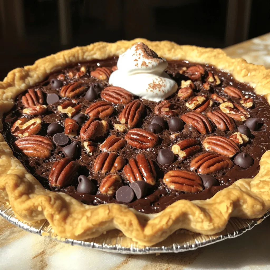 To make a great chocolate pecan pie, you need the right ingredients. Here they are: - 1 cup pecan halves - 1 cup semi-sweet chocolate chips - 1 unbaked pie crust (store-bought or homemade) - 3 large eggs - 1 cup light corn syrup - 1/2 cup packed brown sugar - 1 teaspoon pure vanilla extract - 1/4 teaspoon sea salt - 1/4 teaspoon ground cinnamon These ingredients blend well to create a rich, sweet filling. The pecans add crunch, while the chocolate brings a smooth, creamy taste. You can boost the flavor of your chocolate pecan pie with a few optional ingredients: - 1/2 cup chopped nuts (like walnuts or hazelnuts) - 1 tablespoon bourbon or whiskey for depth - A pinch of nutmeg for warmth Using these additions can give your pie a unique twist. Experiment to find your favorite mix! Having the right tools makes a big difference. Here’s what I recommend: - 9-inch pie dish - Mixing bowls - Whisk for beating eggs - Saucepan for heating syrup - Spatula for mixing and spreading filling These tools help ensure a smooth baking process. They make it easy to mix, pour, and bake your pie. For the full recipe, check out the detailed instructions above. To start, I recommend using a store-bought pie crust. It saves time and effort. If you prefer homemade, roll out your dough to fit a 9-inch pie pan. Make sure to press it firmly into the edges. Trim any excess dough and crimp the edges for a nice look. If you want a flaky crust, chill it in the fridge for 30 minutes before baking. Next, gather your filling ingredients. In a medium saucepan, combine the light corn syrup, brown sugar, and sea salt. Heat over medium heat. Stir until the sugar dissolves, and the mix is smooth. Remove the pan from heat and let it cool a bit. In another bowl, crack the eggs and beat them well. Slowly add the warm syrup mix while whisking. This step is key to keep the eggs from scrambling. Mix in the vanilla and cinnamon. Finally, fold in the chocolate chips and pecans. Make sure they are evenly mixed. Now it’s time to bake! Preheat your oven to 350°F (175°C). Carefully pour the filling into your prepared crust. Spread it out evenly with a spatula. Bake the pie for 55-60 minutes. The filling should puff slightly, and a bit of jiggle in the center is okay. This jiggle means it will be creamy once cooled. After baking, let the pie cool at room temperature for at least two hours. This cooling time helps the filling set, making it easier to slice. Enjoy this sweet treat! For the full recipe, check out the section above. To make a great crust, use cold butter. Cut the butter into small pieces. Mix it into the flour until it looks like sand. Add ice water slowly until the dough sticks together. Chill the dough for at least 30 minutes. This helps the crust hold its shape when baking. Roll the dough out evenly for a smooth finish. If your crust shrinks, it might be too warm. Chill it before rolling. If the filling bubbles over, the pie may be too full. Use a deep dish crust to prevent this. If the pie is too soft after baking, it needs more time in the oven. Bake until the center jiggles just a little. When melting chocolate, use low heat. You can use a double boiler or microwave. If using a microwave, heat in short bursts. Stir the chocolate often to avoid burning. Adding a little butter or cream helps it melt smoothly. This way, you get a rich, glossy finish for your pie. For the complete process, refer to the Full Recipe. Enjoy your baking! {{image_4}} You can use many types of chocolate in your pie. Semi-sweet chocolate chips are a classic choice. They melt well and add a rich flavor. Dark chocolate adds a deeper taste and a touch of bitterness. If you want a sweeter pie, try milk chocolate. For a unique twist, consider using white chocolate. It gives a creamy texture and a different taste. Just remember to adjust sweetness levels if you switch chocolates. Toppings can make your chocolate pecan pie even better. Try adding a sprinkle of sea salt on top. This enhances the flavor and adds a nice crunch. You can also drizzle melted chocolate over each slice. It makes the pie look fancy and taste divine. If you love fruit, try adding chopped cherries or raspberries. They add a fresh burst of flavor. For a nutty twist, sprinkle crushed almonds or walnuts on top. If you need to avoid sugar, there are great options. Maple syrup can replace corn syrup for a unique taste. Honey is another natural sweetener you can use. If you prefer a zero-calorie option, try stevia or erythritol. Just be mindful of the sweetness. Each sweetener will change the pie's final taste and texture. Always taste as you go to get it just right. For the best results, check out the Full Recipe for guidance. To keep your chocolate pecan pie fresh, let it cool completely. Then, cover it with plastic wrap or aluminum foil. You can also use an airtight container. Store it in the fridge. This method keeps the pie moist and tasty. Make sure to eat it within three to four days for the best flavor. If you have leftover pie, freezing is a great option. First, slice the pie into pieces. Wrap each slice in plastic wrap. Then, place the wrapped slices in a freezer-safe bag. Label the bag with the date and type of pie. You can freeze chocolate pecan pie for up to three months. When you want to eat it, thaw the slice in the fridge overnight. The shelf life of your chocolate pecan pie depends on storage. In the fridge, it lasts about three to four days. If you freeze it, you extend the shelf life to three months. Always check for signs of spoilage before eating. If it smells off or looks strange, it’s best to toss it. These simple steps help you enjoy your delicious pie longer. For more tips, check out the Full Recipe. Yes, you can make Chocolate Pecan Pie ahead of time. I often bake it a day in advance. Just let it cool completely, then cover it tightly. Store it in the fridge for up to three days. This waiting time also allows the flavors to meld nicely. The best pie crust options include both homemade and store-bought. A flaky homemade crust adds a lovely touch. However, a good quality store-bought crust saves time and still tastes great. You can also use a graham cracker crust for a fun twist. You will know the pie is done when the filling is set. Bake it for 55 to 60 minutes at 350°F (175°C). The center should have a slight jiggle when you gently shake it. This jiggle means the filling will be creamy once it cools. Yes, you can substitute some ingredients in this recipe. For example, use dark chocolate instead of semi-sweet if you like a richer taste. You can also replace light corn syrup with maple syrup for a natural sweetness. Just keep in mind that changes may alter the final flavor or texture. For the full recipe, refer to the earlier sections. Enjoy your baking! In this post, we covered how to make a delicious chocolate pecan pie. We looked at essential and optional ingredients, tools you need, and step-by-step instructions. Tips helped you avoid common baking problems. We also explored tasty variations and proper storage methods. Enjoying this treat can be simple and fun. With practice, you will master it. Your chocolate pecan pie can become a family favorite. Let your creativity shine with your unique twists on this classic dessert.