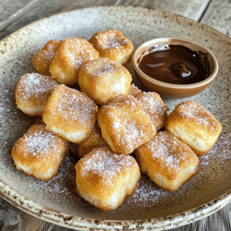 - 1 cup all-purpose flour - 1/4 cup granulated sugar - 1 teaspoon baking powder - 1/4 teaspoon salt - 1/2 cup water - 2 tablespoons unsalted butter, melted - 1 teaspoon vanilla extract - 1/2 teaspoon ground cinnamon (for coating) - 1/4 cup additional granulated sugar (for coating) - Cooking spray To make Fluffy Air Fryer Churro Bites, you need these simple ingredients. Each one plays a key role in creating the perfect texture and taste. If you want to switch things up, you can replace the all-purpose flour with a gluten-free blend. This makes it friendly for those with gluten allergies. For a vegan option, use coconut oil or a plant-based butter instead of unsalted butter. Both swaps keep your churros tasty and fluffy. Using fresh spices makes a big difference. Ground cinnamon that is fresh will add more flavor. Also, opt for pure vanilla extract instead of imitation. It enhances the taste and makes your churro bites special. Quality ingredients lead to better results, so choose wisely. 1. Start by gathering your dry ingredients. In a medium mixing bowl, whisk together: - 1 cup all-purpose flour - 1/4 cup granulated sugar - 1 teaspoon baking powder - 1/4 teaspoon salt This mix helps to spread flavors evenly. 2. Next, grab another bowl for the wet ingredients. Combine: - 1/2 cup water - 2 tablespoons melted unsalted butter - 1 teaspoon vanilla extract Whisk well until the mixture looks smooth and blended. 3. Now, pour the wet mix into the dry mix. Use a spatula to gently stir. You want a soft dough, so don’t overmix. A little stickiness is fine; it makes the churro bites tender. 1. With a small cookie scoop or your hands, portion out the dough into small balls. Aim for about 1-inch in size. This keeps cooking even. 2. To shape uniform sizes, try to roll the dough between your palms. This helps create a nice round shape. 1. Preheat your air fryer to 350°F (175°C). This usually takes about 5 minutes. A hot air fryer helps to cook the churro bites evenly. 2. Place the dough balls in the air fryer basket in a single layer. Make sure they don’t touch each other. Depending on the size of your air fryer, you might need to cook in batches. 3. Lightly spray the tops of the dough balls with cooking spray. This will help them turn a beautiful golden brown as they cook. 4. Air fry for about 8-10 minutes. Keep an eye on them. You want them puffed up and golden brown. 5. When done, carefully remove the churro bites and roll them in a cinnamon-sugar mix. Serve them warm for the best taste! For the complete recipe, check out the Full Recipe. To make fluffy churro bites, avoid overmixing your dough. Overmixing can lead to tough bites instead of soft, airy ones. Mix just until the wet and dry ingredients combine. It should remain slightly sticky. Set your air fryer to 350°F (175°C). This temperature allows churro bites to cook evenly. Preheat it for about five minutes before adding your dough balls. If your churro bites stick, try using parchment paper in the air fryer basket. You can also lightly spray the basket with cooking spray before placing the dough. This will help prevent sticking and make removal easier. For undercooked churro bites, simply put them back in the air fryer. Cook them for an additional 2-3 minutes. Keep a close eye on them, so they do not overcook. Churro bites taste great with dips. Try chocolate sauce or dulce de leche for a sweet touch. Both options add rich flavor and make each bite even more enjoyable. For a fun twist, serve churro bites in a small paper bag. This gives a carnival feel! You can also sprinkle powdered sugar on top for extra sweetness. Enjoy these warm for the best flavor! {{image_4}} You can easily make churro bites even more fun by adding flavors. One great option is adding cocoa powder to the dough. This gives you rich chocolate churro bites. Just mix in 2 tablespoons of cocoa powder with your dry ingredients. You can also play with different spices. Try adding nutmeg or cardamom for a warm twist. Just remember to start small. A little goes a long way, and you can always taste and adjust! If you need a gluten-free option, you can swap the all-purpose flour. Use a gluten-free flour blend instead. This keeps the texture fluffy and light. For a low-sugar version, reduce the sugar in the dough. You can use a sugar substitute like erythritol. This way, you can enjoy churro bites without the extra sugar. Toppings can take your churro bites to a new level. Consider rolling them in crushed nuts. Almonds or pecans add a nice crunch. You can also serve churro bites with flavored sauces. Chocolate sauce or caramel sauce pairs well. These dips make each bite even more special. For the complete process, check out the Full Recipe. To keep your churro bites fresh, use an airtight container. This helps them stay soft. You can also wrap them in plastic wrap. Make sure they are cool before wrapping. This prevents steam from making them soggy. Store them at room temperature for up to two days. Reheating churro bites is easy. The best way is to use an air fryer. Set it to 350°F (175°C) and heat them for about 3 to 5 minutes. This keeps them crispy. You can also use a microwave. If you choose this method, heat them for 10 to 15 seconds. Watch closely to avoid making them tough. You can freeze churro bites for later. Place them in a single layer on a baking sheet. Freeze for about an hour until solid. Then, transfer them to a freezer bag. Be sure to remove as much air as you can. This helps keep them fresh. To thaw, leave them in the fridge overnight or reheat straight from the freezer in the air fryer. Yes, you can! You can bake churro bites in the oven. Preheat your oven to 375°F (190°C). Line a baking sheet with parchment paper. Place the dough balls on the sheet, leaving space between them. Bake for about 12-15 minutes or until golden brown. You can also deep fry them in hot oil for a crispy texture. Look for a golden-brown color on the outside. The churro bites should puff up nicely. If they look dry or cracked, they may be overcooked. You want a light, fluffy texture inside. A toothpick can help; if it comes out clean, they are ready. To keep churro bites fluffy, store them in an airtight container at room temperature. Avoid refrigerating them, as that can make them tough. When reheating, use the air fryer for a few minutes at 350°F (175°C). This will help restore their texture without making them dry. You can find the full recipe for Fluffy Air Fryer Churro Bites with detailed steps and measurements in the Full Recipe section. You’ve learned how to make delicious churro bites. We covered the essential ingredients and their substitutes, plus tips to ensure quality. You saw step-by-step instructions for preparing and cooking them perfectly in an air fryer. We also explored variations and storage options to keep them fresh. Now, you can enjoy these tasty treats anytime. Experiment with flavors and toppings to make them your own. Happy cooking!