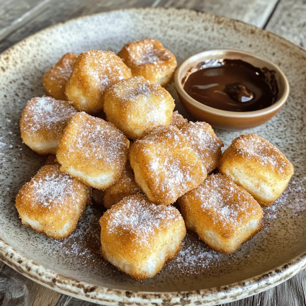- 1 cup all-purpose flour - 1/4 cup granulated sugar - 1 teaspoon baking powder - 1/4 teaspoon salt - 1/2 cup water - 2 tablespoons unsalted butter, melted - 1 teaspoon vanilla extract - 1/2 teaspoon ground cinnamon (for coating) - 1/4 cup additional granulated sugar (for coating) - Cooking spray To make Fluffy Air Fryer Churro Bites, you need these simple ingredients. Each one plays a key role in creating the perfect texture and taste. If you want to switch things up, you can replace the all-purpose flour with a gluten-free blend. This makes it friendly for those with gluten allergies. For a vegan option, use coconut oil or a plant-based butter instead of unsalted butter. Both swaps keep your churros tasty and fluffy. Using fresh spices makes a big difference. Ground cinnamon that is fresh will add more flavor. Also, opt for pure vanilla extract instead of imitation. It enhances the taste and makes your churro bites special. Quality ingredients lead to better results, so choose wisely. 1. Start by gathering your dry ingredients. In a medium mixing bowl, whisk together: - 1 cup all-purpose flour - 1/4 cup granulated sugar - 1 teaspoon baking powder - 1/4 teaspoon salt This mix helps to spread flavors evenly. 2. Next, grab another bowl for the wet ingredients. Combine: - 1/2 cup water - 2 tablespoons melted unsalted butter - 1 teaspoon vanilla extract Whisk well until the mixture looks smooth and blended. 3. Now, pour the wet mix into the dry mix. Use a spatula to gently stir. You want a soft dough, so don’t overmix. A little stickiness is fine; it makes the churro bites tender. 1. With a small cookie scoop or your hands, portion out the dough into small balls. Aim for about 1-inch in size. This keeps cooking even. 2. To shape uniform sizes, try to roll the dough between your palms. This helps create a nice round shape. 1. Preheat your air fryer to 350°F (175°C). This usually takes about 5 minutes. A hot air fryer helps to cook the churro bites evenly. 2. Place the dough balls in the air fryer basket in a single layer. Make sure they don’t touch each other. Depending on the size of your air fryer, you might need to cook in batches. 3. Lightly spray the tops of the dough balls with cooking spray. This will help them turn a beautiful golden brown as they cook. 4. Air fry for about 8-10 minutes. Keep an eye on them. You want them puffed up and golden brown. 5. When done, carefully remove the churro bites and roll them in a cinnamon-sugar mix. Serve them warm for the best taste! For the complete recipe, check out the Full Recipe. To make fluffy churro bites, avoid overmixing your dough. Overmixing can lead to tough bites instead of soft, airy ones. Mix just until the wet and dry ingredients combine. It should remain slightly sticky. Set your air fryer to 350°F (175°C). This temperature allows churro bites to cook evenly. Preheat it for about five minutes before adding your dough balls. If your churro bites stick, try using parchment paper in the air fryer basket. You can also lightly spray the basket with cooking spray before placing the dough. This will help prevent sticking and make removal easier. For undercooked churro bites, simply put them back in the air fryer. Cook them for an additional 2-3 minutes. Keep a close eye on them, so they do not overcook. Churro bites taste great with dips. Try chocolate sauce or dulce de leche for a sweet touch. Both options add rich flavor and make each bite even more enjoyable. For a fun twist, serve churro bites in a small paper bag. This gives a carnival feel! You can also sprinkle powdered sugar on top for extra sweetness. Enjoy these warm for the best flavor! {{image_4}} You can easily make churro bites even more fun by adding flavors. One great option is adding cocoa powder to the dough. This gives you rich chocolate churro bites. Just mix in 2 tablespoons of cocoa powder with your dry ingredients. You can also play with different spices. Try adding nutmeg or cardamom for a warm twist. Just remember to start small. A little goes a long way, and you can always taste and adjust! If you need a gluten-free option, you can swap the all-purpose flour. Use a gluten-free flour blend instead. This keeps the texture fluffy and light. For a low-sugar version, reduce the sugar in the dough. You can use a sugar substitute like erythritol. This way, you can enjoy churro bites without the extra sugar. Toppings can take your churro bites to a new level. Consider rolling them in crushed nuts. Almonds or pecans add a nice crunch. You can also serve churro bites with flavored sauces. Chocolate sauce or caramel sauce pairs well. These dips make each bite even more special. For the complete process, check out the Full Recipe. To keep your churro bites fresh, use an airtight container. This helps them stay soft. You can also wrap them in plastic wrap. Make sure they are cool before wrapping. This prevents steam from making them soggy. Store them at room temperature for up to two days. Reheating churro bites is easy. The best way is to use an air fryer. Set it to 350°F (175°C) and heat them for about 3 to 5 minutes. This keeps them crispy. You can also use a microwave. If you choose this method, heat them for 10 to 15 seconds. Watch closely to avoid making them tough. You can freeze churro bites for later. Place them in a single layer on a baking sheet. Freeze for about an hour until solid. Then, transfer them to a freezer bag. Be sure to remove as much air as you can. This helps keep them fresh. To thaw, leave them in the fridge overnight or reheat straight from the freezer in the air fryer. Yes, you can! You can bake churro bites in the oven. Preheat your oven to 375°F (190°C). Line a baking sheet with parchment paper. Place the dough balls on the sheet, leaving space between them. Bake for about 12-15 minutes or until golden brown. You can also deep fry them in hot oil for a crispy texture. Look for a golden-brown color on the outside. The churro bites should puff up nicely. If they look dry or cracked, they may be overcooked. You want a light, fluffy texture inside. A toothpick can help; if it comes out clean, they are ready. To keep churro bites fluffy, store them in an airtight container at room temperature. Avoid refrigerating them, as that can make them tough. When reheating, use the air fryer for a few minutes at 350°F (175°C). This will help restore their texture without making them dry. You can find the full recipe for Fluffy Air Fryer Churro Bites with detailed steps and measurements in the Full Recipe section. You’ve learned how to make delicious churro bites. We covered the essential ingredients and their substitutes, plus tips to ensure quality. You saw step-by-step instructions for preparing and cooking them perfectly in an air fryer. We also explored variations and storage options to keep them fresh. Now, you can enjoy these tasty treats anytime. Experiment with flavors and toppings to make them your own. Happy cooking!