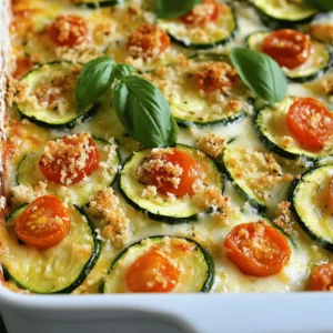 - 4 medium zucchinis, sliced - 1 cup cherry tomatoes, halved - 1 large onion, finely chopped - 3 cloves garlic, minced - 1 cup shredded mozzarella cheese - 1 cup grated Parmesan cheese - 1/2 cup breadcrumbs - 2 tablespoons olive oil - 1 teaspoon dried oregano - 1 teaspoon dried basil - Salt and freshly ground black pepper to taste - Fresh basil leaves, torn, for garnish This recipe for baked zucchini casserole is simple and full of flavor. You can easily find all these ingredients at your local store. Fresh zucchinis are key for a great taste. They bring out the best in this dish. Cherry tomatoes add a sweet burst that pairs well with the zucchini. Onions and garlic provide a nice base for the casserole. Their flavors deepen when you sauté them in olive oil. The cheeses create a rich and creamy texture. I love using mozzarella and Parmesan together. They melt beautifully and give a wonderful finish to the dish. The breadcrumbs on top add a satisfying crunch. They create a nice contrast to the softness of the baked veggies. The dried herbs, oregano and basil, elevate the flavors. They bring the taste of summer right to your table. For a bright touch, I like to garnish with fresh basil leaves. They add color and a fresh aroma. You can easily adjust the seasoning to your taste. Salt and pepper help to enhance all the flavors in the casserole. If you're eager to try this dish, check out the Full Recipe. It’s a great way to enjoy a healthy meal that everyone will love. - Preheat your oven to 375°F (190°C). - Heat olive oil in a skillet over medium heat. - Sauté onions until translucent (3-4 minutes). - Add minced garlic and sauté for 30 seconds. - Introduce zucchinis and cherry tomatoes; season and cook for 5-7 minutes. I love how the kitchen fills with scents when I sauté. The sweet smell of onions and garlic mixes perfectly. Once the onions turn a nice clear color, it’s time to add the garlic. This step takes only a moment but makes a huge difference. You will notice the aroma change as the garlic cooks. Add the zucchinis and cherry tomatoes next. Sprinkle in some salt and pepper, along with dried oregano and basil. This combo brings out the best flavors in the veggies! Cook for about 5-7 minutes. You want the zucchini to be tender yet still a little crisp. - Combine sautéed mixture with half the cheese in a bowl. - Transfer to a greased baking dish and spread evenly. - Mix remaining breadcrumbs and cheese and sprinkle on top. Now comes the fun part—assembly! Take your sautéed veggies and mix them with half the cheese in a bowl. This helps the cheese melt into the mixture. Next, pour everything into a greased baking dish. Make sure to spread it out evenly. In a small bowl, mix the rest of the breadcrumbs and cheese. This will top the casserole and give it a nice crispy finish. Sprinkle this mix generously over the veggie layer. - Bake in the preheated oven for 25-30 minutes. - Remove from oven, let cool briefly before serving. Your oven should be hot and ready now. Place the dish inside and bake for 25-30 minutes. You want the cheese on top to melt and turn golden brown. It’s hard to wait, but let it cool for a few minutes before you dive in. This helps the flavors settle, and it makes serving easier. For the full recipe, check the details above. Enjoy your tasty baked zucchini casserole! To prevent your casserole from being watery, make sure to remove excess moisture from the zucchini. Slice the zucchinis and sprinkle them with salt. Let them sit for 10-15 minutes, then pat them dry with a paper towel. This step helps keep the casserole nice and firm. For flavor, cheese is key. I suggest using a mix of mozzarella and Parmesan. This combo gives a rich taste and helps achieve a gooey texture. You can also add feta for a tangy twist. Garnish your casserole with fresh basil leaves. They add a pop of color and a burst of flavor. You can also sprinkle some extra Parmesan on top just before serving. This gives an appealing look and a cheesy finish. When serving, pair the casserole with a crisp green salad. A light vinaigrette dressing complements the dish well. This balance makes it a complete meal and adds freshness. For even cooking, use a 9x13 inch baking dish. It allows heat to circulate well and ensures your casserole cooks evenly. If you have a glass dish, that works great too. Use a sturdy spatula for mixing and a good knife for chopping. A large skillet for sautéing helps blend the flavors perfectly. These tools make the cooking process smoother and more enjoyable. For the full recipe, check out the details in the previous section. {{image_4}} You can make this dish gluten-free by using alternative breadcrumbs. Look for gluten-free options at your local store. For those who want a vegetarian or vegan dish, try using plant-based cheese. Many brands offer tasty vegan cheese that melts well. This way, everyone can enjoy the casserole without worry. Add more color and taste by mixing in other vegetables. Bell peppers, mushrooms, or spinach all work great. They add nutrients and make the dish more exciting. If you want a kick, adjust the spices. You can add a pinch of red pepper flakes for extra heat. This will make your casserole stand out. If you plan to host a large gathering, scaling the recipe is simple. Just double the ingredients and use a bigger baking dish. This way, you’ll have enough for everyone. For meal prep, portioning is key. Use small containers to store single servings. This makes it easy to grab a healthy meal on busy days. You can find the full recipe for this delicious dish above. To keep your baked zucchini casserole fresh, place it in an airtight container. This method helps prevent moisture loss. Make sure it cools completely before sealing. In the fridge, it stays good for about 3-4 days. If you notice any off smells or unusual textures, discard it. Freezing is a great option for longer storage. First, let the casserole cool completely. Cut it into portions for easy thawing later. Wrap each piece tightly in plastic wrap, then place them in a freezer bag. This method helps prevent freezer burn. To thaw, move the casserole to the fridge the night before. Reheat it in the oven at 350°F (175°C) for about 20-25 minutes. This keeps the texture nice and creamy. Look for signs of spoilage. If you see mold or notice a bad smell, throw it away. To keep the flavor strong, reheat the casserole gently. Avoid high heat, as it can dry it out. Adding a little olive oil before reheating can help restore moisture. Enjoy your delicious dish anytime with these storage tips! Yes, you can mix in other veggies. Bell peppers, carrots, or spinach work great. Each adds a different taste and texture. You can also try mushrooms for added umami flavor. Just chop them small to cook evenly. Feel free to get creative with what you have on hand! To prepare this dish ahead, follow these steps: - Cook the veggies as stated in the recipe. - Combine them with the cheese. - Place the mix in a greased baking dish. - Cover it with foil and store it in the fridge. When ready to bake, just remove the foil and cook as directed. For a balanced meal, serve this casserole with: - A crisp green salad with vinaigrette. - Steamed broccoli or green beans for added nutrition. - Garlic bread for a bit of comfort. These options complement the casserole’s flavors well and make your meal hearty. Yes, this casserole is perfect for meal prep. You can make a big batch and store portions. Here are some tips: - Cool the casserole completely before storing. - Use airtight containers to keep it fresh. - It can last up to four days in the fridge. You can reheat it in the oven or microwave. Absolutely! If you want a lighter dish, skip the breadcrumbs. You can top it with extra cheese for a cheesy crust. Another idea is to use crushed nuts for a crunchy texture. This keeps the dish gluten-free and adds healthy fats. This blog post guides you through making a delicious baked zucchini casserole. You learned about the key ingredients, step-by-step instructions, and helpful tips. The recipe is flexible, letting you make changes for personal taste. You can store leftovers or even freeze the casserole for future meals. Baking should be fun and easy! Enjoy experimenting with flavors and ingredients to make this dish your own. You’ll impress your family and friends with your tasty creation.