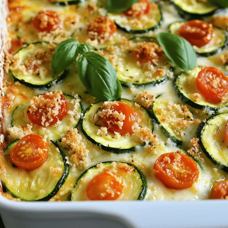 - 4 medium zucchinis, sliced - 1 cup cherry tomatoes, halved - 1 large onion, finely chopped - 3 cloves garlic, minced - 1 cup shredded mozzarella cheese - 1 cup grated Parmesan cheese - 1/2 cup breadcrumbs - 2 tablespoons olive oil - 1 teaspoon dried oregano - 1 teaspoon dried basil - Salt and freshly ground black pepper to taste - Fresh basil leaves, torn, for garnish This recipe for baked zucchini casserole is simple and full of flavor. You can easily find all these ingredients at your local store. Fresh zucchinis are key for a great taste. They bring out the best in this dish. Cherry tomatoes add a sweet burst that pairs well with the zucchini. Onions and garlic provide a nice base for the casserole. Their flavors deepen when you sauté them in olive oil. The cheeses create a rich and creamy texture. I love using mozzarella and Parmesan together. They melt beautifully and give a wonderful finish to the dish. The breadcrumbs on top add a satisfying crunch. They create a nice contrast to the softness of the baked veggies. The dried herbs, oregano and basil, elevate the flavors. They bring the taste of summer right to your table. For a bright touch, I like to garnish with fresh basil leaves. They add color and a fresh aroma. You can easily adjust the seasoning to your taste. Salt and pepper help to enhance all the flavors in the casserole. If you're eager to try this dish, check out the Full Recipe. It’s a great way to enjoy a healthy meal that everyone will love. - Preheat your oven to 375°F (190°C). - Heat olive oil in a skillet over medium heat. - Sauté onions until translucent (3-4 minutes). - Add minced garlic and sauté for 30 seconds. - Introduce zucchinis and cherry tomatoes; season and cook for 5-7 minutes. I love how the kitchen fills with scents when I sauté. The sweet smell of onions and garlic mixes perfectly. Once the onions turn a nice clear color, it’s time to add the garlic. This step takes only a moment but makes a huge difference. You will notice the aroma change as the garlic cooks. Add the zucchinis and cherry tomatoes next. Sprinkle in some salt and pepper, along with dried oregano and basil. This combo brings out the best flavors in the veggies! Cook for about 5-7 minutes. You want the zucchini to be tender yet still a little crisp. - Combine sautéed mixture with half the cheese in a bowl. - Transfer to a greased baking dish and spread evenly. - Mix remaining breadcrumbs and cheese and sprinkle on top. Now comes the fun part—assembly! Take your sautéed veggies and mix them with half the cheese in a bowl. This helps the cheese melt into the mixture. Next, pour everything into a greased baking dish. Make sure to spread it out evenly. In a small bowl, mix the rest of the breadcrumbs and cheese. This will top the casserole and give it a nice crispy finish. Sprinkle this mix generously over the veggie layer. - Bake in the preheated oven for 25-30 minutes. - Remove from oven, let cool briefly before serving. Your oven should be hot and ready now. Place the dish inside and bake for 25-30 minutes. You want the cheese on top to melt and turn golden brown. It’s hard to wait, but let it cool for a few minutes before you dive in. This helps the flavors settle, and it makes serving easier. For the full recipe, check the details above. Enjoy your tasty baked zucchini casserole! To prevent your casserole from being watery, make sure to remove excess moisture from the zucchini. Slice the zucchinis and sprinkle them with salt. Let them sit for 10-15 minutes, then pat them dry with a paper towel. This step helps keep the casserole nice and firm. For flavor, cheese is key. I suggest using a mix of mozzarella and Parmesan. This combo gives a rich taste and helps achieve a gooey texture. You can also add feta for a tangy twist. Garnish your casserole with fresh basil leaves. They add a pop of color and a burst of flavor. You can also sprinkle some extra Parmesan on top just before serving. This gives an appealing look and a cheesy finish. When serving, pair the casserole with a crisp green salad. A light vinaigrette dressing complements the dish well. This balance makes it a complete meal and adds freshness. For even cooking, use a 9x13 inch baking dish. It allows heat to circulate well and ensures your casserole cooks evenly. If you have a glass dish, that works great too. Use a sturdy spatula for mixing and a good knife for chopping. A large skillet for sautéing helps blend the flavors perfectly. These tools make the cooking process smoother and more enjoyable. For the full recipe, check out the details in the previous section. {{image_4}} You can make this dish gluten-free by using alternative breadcrumbs. Look for gluten-free options at your local store. For those who want a vegetarian or vegan dish, try using plant-based cheese. Many brands offer tasty vegan cheese that melts well. This way, everyone can enjoy the casserole without worry. Add more color and taste by mixing in other vegetables. Bell peppers, mushrooms, or spinach all work great. They add nutrients and make the dish more exciting. If you want a kick, adjust the spices. You can add a pinch of red pepper flakes for extra heat. This will make your casserole stand out. If you plan to host a large gathering, scaling the recipe is simple. Just double the ingredients and use a bigger baking dish. This way, you’ll have enough for everyone. For meal prep, portioning is key. Use small containers to store single servings. This makes it easy to grab a healthy meal on busy days. You can find the full recipe for this delicious dish above. To keep your baked zucchini casserole fresh, place it in an airtight container. This method helps prevent moisture loss. Make sure it cools completely before sealing. In the fridge, it stays good for about 3-4 days. If you notice any off smells or unusual textures, discard it. Freezing is a great option for longer storage. First, let the casserole cool completely. Cut it into portions for easy thawing later. Wrap each piece tightly in plastic wrap, then place them in a freezer bag. This method helps prevent freezer burn. To thaw, move the casserole to the fridge the night before. Reheat it in the oven at 350°F (175°C) for about 20-25 minutes. This keeps the texture nice and creamy. Look for signs of spoilage. If you see mold or notice a bad smell, throw it away. To keep the flavor strong, reheat the casserole gently. Avoid high heat, as it can dry it out. Adding a little olive oil before reheating can help restore moisture. Enjoy your delicious dish anytime with these storage tips! Yes, you can mix in other veggies. Bell peppers, carrots, or spinach work great. Each adds a different taste and texture. You can also try mushrooms for added umami flavor. Just chop them small to cook evenly. Feel free to get creative with what you have on hand! To prepare this dish ahead, follow these steps: - Cook the veggies as stated in the recipe. - Combine them with the cheese. - Place the mix in a greased baking dish. - Cover it with foil and store it in the fridge. When ready to bake, just remove the foil and cook as directed. For a balanced meal, serve this casserole with: - A crisp green salad with vinaigrette. - Steamed broccoli or green beans for added nutrition. - Garlic bread for a bit of comfort. These options complement the casserole’s flavors well and make your meal hearty. Yes, this casserole is perfect for meal prep. You can make a big batch and store portions. Here are some tips: - Cool the casserole completely before storing. - Use airtight containers to keep it fresh. - It can last up to four days in the fridge. You can reheat it in the oven or microwave. Absolutely! If you want a lighter dish, skip the breadcrumbs. You can top it with extra cheese for a cheesy crust. Another idea is to use crushed nuts for a crunchy texture. This keeps the dish gluten-free and adds healthy fats. This blog post guides you through making a delicious baked zucchini casserole. You learned about the key ingredients, step-by-step instructions, and helpful tips. The recipe is flexible, letting you make changes for personal taste. You can store leftovers or even freeze the casserole for future meals. Baking should be fun and easy! Enjoy experimenting with flavors and ingredients to make this dish your own. You’ll impress your family and friends with your tasty creation.