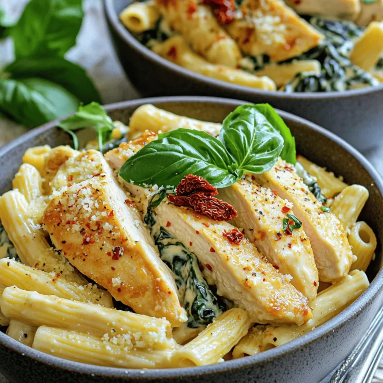 - 2 boneless, skinless chicken breasts - 8 oz penne pasta - 1 cup heavy cream For this dish, chicken breasts serve as the star. They cook up juicy and tender, making every bite satisfying. I choose penne pasta because its shape holds the creamy sauce well. Heavy cream adds richness, turning the dish into a creamy delight. - 1 teaspoon Italian seasoning - 1 teaspoon smoked paprika - 3 cloves garlic, minced Italian seasoning gives the dish a warm depth. Smoked paprika brings a hint of smokiness that pairs perfectly with chicken. Fresh garlic adds a punch of flavor that fills your kitchen with a lovely aroma. - 1 cup sun-dried tomatoes, chopped - 2 cups fresh spinach - 1/2 cup freshly grated Parmesan cheese Sun-dried tomatoes add a sweet and tangy note, brightening the pasta. Fresh spinach wilts down, adding color and nutrition. Finally, Parmesan cheese gives the sauce a savory kick, making it irresistible. For the complete cooking process, check the Full Recipe. - Bring a large pot of salted water to a boil. - Add 8 oz penne pasta and cook until al dente, about 8-10 minutes. - Drain the pasta in a colander and set it aside. - Season 2 boneless, skinless chicken breasts with salt, pepper, Italian seasoning, and smoked paprika. - Heat 2 tablespoons of olive oil in a large skillet over medium heat. - Add the seasoned chicken to the skillet. Cook for 5-7 minutes per side until golden brown and fully cooked. - Remove the chicken from the skillet and let it rest for a few minutes. Slice it into thin strips. - In the same skillet, sauté 3 cloves of minced garlic for about 30 seconds until fragrant. - Stir in 1 cup of heavy cream and bring it to a gentle simmer. Scrape any tasty bits off the bottom of the pan. - Add 1 cup of chopped sun-dried tomatoes and 1/2 cup of freshly grated Parmesan cheese. Mix well until the cheese melts and the sauce is rich. - Toss in 2 cups of fresh spinach and cook for 2-3 minutes until it wilts. - Add the cooked penne pasta to the sauce, mixing gently to coat it evenly. - Serve the creamy pasta topped with sliced chicken and fresh basil leaves for garnish. For the full recipe, check out the [Full Recipe]. - Always check that the chicken is fully cooked. It should reach 165°F. - When adding spinach, avoid overcooking. Cook it just until it wilts. - Taste the sauce as you cook. Adjust seasoning to your liking. Cooking is all about your personal touch. If you prefer more garlic or a bolder flavor, feel free to adjust. It’s your meal, after all! - Serve the pasta in deep, wide bowls. This makes it look inviting. - For garnish, sprinkle extra grated Parmesan on top. Fresh basil leaves add color. - A dash of chili flakes can enhance the look and flavor. These small touches can make a big difference. A beautifully presented dish is always more appealing. Enjoy the process of making your meal look as good as it tastes! {{image_4}} You can easily make Creamy Marry Me Chicken Pasta your own. Here are some simple swaps: - Alternative proteins: You can use turkey, shrimp, or tofu instead of chicken. Each option brings a unique taste. - Gluten-free pasta options: Try gluten-free penne or spiralized zucchini for a lighter touch. Both work well with the creamy sauce. - Vegan adaptations: Use plant-based cream and cheese. You can also swap chicken for mushrooms or chickpeas to keep it hearty. Enhancing the sauce can add extra flavor and texture. Here are some ideas: - Adding different vegetables: Toss in bell peppers, mushrooms, or broccoli. These add color and nutrients and blend well with the sauce. - Spice variations: Add red pepper flakes for heat or a dash of lemon zest for brightness. Experiment to find what you love. - Cheese alternatives: If you want a lighter option, use nutritional yeast instead of Parmesan. It provides a cheesy flavor without dairy. For full details on this delicious recipe, check out the Full Recipe. To store leftovers, let the pasta cool first. Place it in an airtight container. This keeps the pasta fresh and tasty. You can store it in the fridge for up to three days. After that, it may lose flavor and texture. For the best reheating, use the stove. Place the pasta in a skillet over low heat. Add a splash of water or cream to keep it moist. Stir often to heat it evenly. You can also use the microwave. Place the pasta in a microwave-safe dish. Cover it with a damp paper towel to keep moisture in. Heat in short bursts, stirring in between. Avoiding sogginess is key. If you notice the pasta is getting too wet, don't add too much liquid. A little goes a long way. For more tips, try checking out the Full Recipe. How can I make Creamy Marry Me Chicken Pasta ahead of time? You can prepare this dish a day in advance. Cook the pasta and chicken, then store them separately. Make the sauce and mix it just before serving. This keeps everything fresh and tasty. Can I freeze this dish? Yes, you can freeze Creamy Marry Me Chicken Pasta. Store it in an airtight container. It lasts up to three months in the freezer. Thaw it in the fridge overnight before reheating. What can I serve with Creamy Marry Me Chicken Pasta? Pair this dish with a simple salad or garlic bread. A light side helps balance the rich flavors of the pasta. You can also add a glass of white wine for a special touch. Can I use a different type of pasta? Absolutely! You can use any pasta you like. Fettuccine, rigatoni, or even gluten-free options work well. Just adjust the cooking time as needed. How do I ensure the sauce stays creamy? To keep the sauce creamy, avoid boiling it too hard. Stir gently and keep the heat low once you add the cream. This helps maintain that smooth texture. What if I don't have sun-dried tomatoes? If you lack sun-dried tomatoes, you can use fresh tomatoes instead. Just chop them and sauté them with the garlic. You can also add a bit of tomato paste for extra flavor. You now have a clear guide to make Creamy Marry Me Chicken Pasta. We covered key ingredients, from chicken breasts to fresh spinach. Preparing this dish involves cooking pasta, sautéing chicken, and making a rich cream sauce. My final thoughts? This recipe is flexible. You can swap ingredients and adjust flavors easily. With the tips I shared, you’ll impress anyone you serve. Enjoy cooking and have fun with your food!