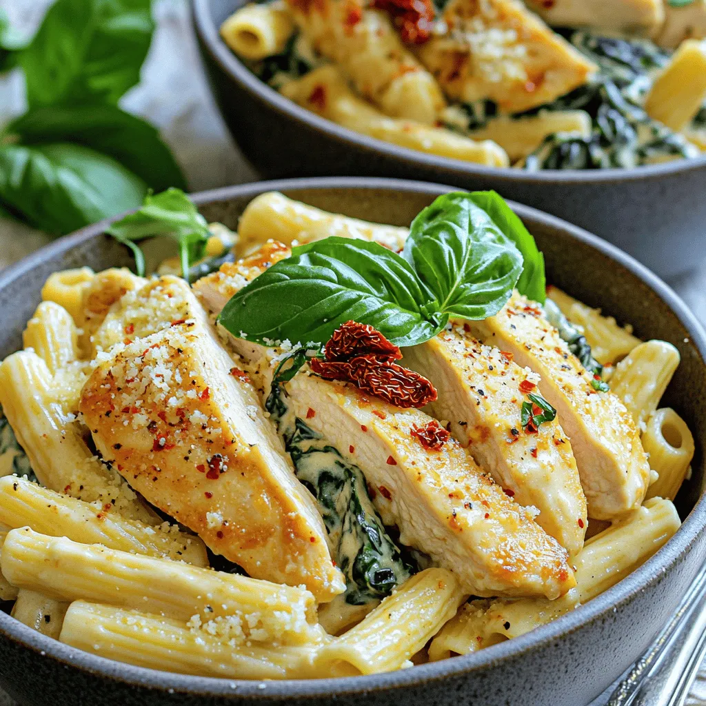 - 2 boneless, skinless chicken breasts - 8 oz penne pasta - 1 cup heavy cream For this dish, chicken breasts serve as the star. They cook up juicy and tender, making every bite satisfying. I choose penne pasta because its shape holds the creamy sauce well. Heavy cream adds richness, turning the dish into a creamy delight. - 1 teaspoon Italian seasoning - 1 teaspoon smoked paprika - 3 cloves garlic, minced Italian seasoning gives the dish a warm depth. Smoked paprika brings a hint of smokiness that pairs perfectly with chicken. Fresh garlic adds a punch of flavor that fills your kitchen with a lovely aroma. - 1 cup sun-dried tomatoes, chopped - 2 cups fresh spinach - 1/2 cup freshly grated Parmesan cheese Sun-dried tomatoes add a sweet and tangy note, brightening the pasta. Fresh spinach wilts down, adding color and nutrition. Finally, Parmesan cheese gives the sauce a savory kick, making it irresistible. For the complete cooking process, check the Full Recipe. - Bring a large pot of salted water to a boil. - Add 8 oz penne pasta and cook until al dente, about 8-10 minutes. - Drain the pasta in a colander and set it aside. - Season 2 boneless, skinless chicken breasts with salt, pepper, Italian seasoning, and smoked paprika. - Heat 2 tablespoons of olive oil in a large skillet over medium heat. - Add the seasoned chicken to the skillet. Cook for 5-7 minutes per side until golden brown and fully cooked. - Remove the chicken from the skillet and let it rest for a few minutes. Slice it into thin strips. - In the same skillet, sauté 3 cloves of minced garlic for about 30 seconds until fragrant. - Stir in 1 cup of heavy cream and bring it to a gentle simmer. Scrape any tasty bits off the bottom of the pan. - Add 1 cup of chopped sun-dried tomatoes and 1/2 cup of freshly grated Parmesan cheese. Mix well until the cheese melts and the sauce is rich. - Toss in 2 cups of fresh spinach and cook for 2-3 minutes until it wilts. - Add the cooked penne pasta to the sauce, mixing gently to coat it evenly. - Serve the creamy pasta topped with sliced chicken and fresh basil leaves for garnish. For the full recipe, check out the [Full Recipe]. - Always check that the chicken is fully cooked. It should reach 165°F. - When adding spinach, avoid overcooking. Cook it just until it wilts. - Taste the sauce as you cook. Adjust seasoning to your liking. Cooking is all about your personal touch. If you prefer more garlic or a bolder flavor, feel free to adjust. It’s your meal, after all! - Serve the pasta in deep, wide bowls. This makes it look inviting. - For garnish, sprinkle extra grated Parmesan on top. Fresh basil leaves add color. - A dash of chili flakes can enhance the look and flavor. These small touches can make a big difference. A beautifully presented dish is always more appealing. Enjoy the process of making your meal look as good as it tastes! {{image_4}} You can easily make Creamy Marry Me Chicken Pasta your own. Here are some simple swaps: - Alternative proteins: You can use turkey, shrimp, or tofu instead of chicken. Each option brings a unique taste. - Gluten-free pasta options: Try gluten-free penne or spiralized zucchini for a lighter touch. Both work well with the creamy sauce. - Vegan adaptations: Use plant-based cream and cheese. You can also swap chicken for mushrooms or chickpeas to keep it hearty. Enhancing the sauce can add extra flavor and texture. Here are some ideas: - Adding different vegetables: Toss in bell peppers, mushrooms, or broccoli. These add color and nutrients and blend well with the sauce. - Spice variations: Add red pepper flakes for heat or a dash of lemon zest for brightness. Experiment to find what you love. - Cheese alternatives: If you want a lighter option, use nutritional yeast instead of Parmesan. It provides a cheesy flavor without dairy. For full details on this delicious recipe, check out the Full Recipe. To store leftovers, let the pasta cool first. Place it in an airtight container. This keeps the pasta fresh and tasty. You can store it in the fridge for up to three days. After that, it may lose flavor and texture. For the best reheating, use the stove. Place the pasta in a skillet over low heat. Add a splash of water or cream to keep it moist. Stir often to heat it evenly. You can also use the microwave. Place the pasta in a microwave-safe dish. Cover it with a damp paper towel to keep moisture in. Heat in short bursts, stirring in between. Avoiding sogginess is key. If you notice the pasta is getting too wet, don't add too much liquid. A little goes a long way. For more tips, try checking out the Full Recipe. How can I make Creamy Marry Me Chicken Pasta ahead of time? You can prepare this dish a day in advance. Cook the pasta and chicken, then store them separately. Make the sauce and mix it just before serving. This keeps everything fresh and tasty. Can I freeze this dish? Yes, you can freeze Creamy Marry Me Chicken Pasta. Store it in an airtight container. It lasts up to three months in the freezer. Thaw it in the fridge overnight before reheating. What can I serve with Creamy Marry Me Chicken Pasta? Pair this dish with a simple salad or garlic bread. A light side helps balance the rich flavors of the pasta. You can also add a glass of white wine for a special touch. Can I use a different type of pasta? Absolutely! You can use any pasta you like. Fettuccine, rigatoni, or even gluten-free options work well. Just adjust the cooking time as needed. How do I ensure the sauce stays creamy? To keep the sauce creamy, avoid boiling it too hard. Stir gently and keep the heat low once you add the cream. This helps maintain that smooth texture. What if I don't have sun-dried tomatoes? If you lack sun-dried tomatoes, you can use fresh tomatoes instead. Just chop them and sauté them with the garlic. You can also add a bit of tomato paste for extra flavor. You now have a clear guide to make Creamy Marry Me Chicken Pasta. We covered key ingredients, from chicken breasts to fresh spinach. Preparing this dish involves cooking pasta, sautéing chicken, and making a rich cream sauce. My final thoughts? This recipe is flexible. You can swap ingredients and adjust flavors easily. With the tips I shared, you’ll impress anyone you serve. Enjoy cooking and have fun with your food!