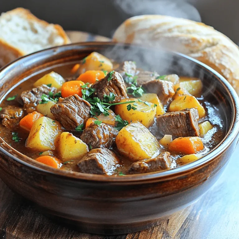 To make a tasty Instant Pot beef stew, you need a few key ingredients. Here’s what you’ll need: - 2 lbs beef chuck, cut into 1-inch cubes - 4 medium carrots, sliced into rounds - 3 medium potatoes, diced into bite-sized pieces - 1 onion, finely chopped - 3 cloves garlic, minced - 4 cups beef broth - 2 tablespoons tomato paste - 1 teaspoon dried thyme - 1 teaspoon dried rosemary - 1 bay leaf - Salt and freshly ground black pepper to taste - 2 tablespoons extra virgin olive oil - 1 tablespoon Worcestershire sauce - 1 cup frozen peas Each ingredient plays a vital role in building the flavor. The beef chuck gives the stew its rich taste and tender texture. Carrots and potatoes add sweetness and heartiness. Onions and garlic bring depth, while broth keeps everything moist and flavorful. Tomato paste adds a nice tang, and the herbs like thyme and rosemary provide warmth. The bay leaf adds a subtle earthiness. The olive oil helps to sauté the beef and veggies, while Worcestershire sauce gives a savory kick. Finally, frozen peas add a pop of color and sweetness at the end. For the full recipe, check out the complete instructions. Happy cooking! Start by getting your Instant Pot ready. Set it to the 'Sauté' function. Add 2 tablespoons of extra virgin olive oil. Once the oil is hot, add 2 lbs of beef chuck, cut into 1-inch cubes. Season the beef with salt and freshly ground black pepper. Brown the beef for about 5-7 minutes. You want it to have a nice color on all sides. When done, take the beef out and place it on a plate. Next, we’ll sauté the onions and garlic. In the same pot, add 1 finely chopped onion and 3 minced garlic cloves. Stir them for 2-3 minutes until the onion turns soft and clear. This step adds a great flavor base for your stew. Now it’s time to deglaze the pot. Add 2 tablespoons of tomato paste and 1 tablespoon of Worcestershire sauce. Use a wooden spoon to scrape the bottom of the pot. This helps to lift all those tasty bits stuck at the bottom. After deglazing, return the browned beef to the pot. Then, add 4 medium sliced carrots and 3 medium diced potatoes. Don’t forget to include 1 teaspoon each of dried thyme and dried rosemary, plus 1 bay leaf. Finally, pour in 4 cups of beef broth. Give everything a good stir to mix all the flavors together. Secure the lid on your Instant Pot, making sure the vent is sealed. Set it to 'Manual' or 'Pressure Cook' and choose high pressure for 35 minutes. Once it finishes, let the pressure release naturally for 10 minutes. After that, carefully turn the vent to let out any extra pressure before opening the lid. Finally, gently stir in 1 cup of frozen peas. Let the stew sit for 5 minutes to warm the peas. Taste your stew and adjust the seasoning with more salt or pepper if needed. For the full recipe, check [Full Recipe]. Enjoy your hearty and flavorful meal! To make tender beef and a flavorful broth, start with quality beef chuck. It has good marbling, which helps keep the meat juicy. Cut the beef into 1-inch cubes. This size cooks evenly and absorbs flavor well. Searing the beef is key. Use the sauté function on your Instant Pot. Browning adds depth to the stew. After browning, don’t skip deglazing. Scrape the pot to lift all those tasty bits. They add richness to your broth. Avoid common mistakes, like overcrowding the pot. It can lead to uneven cooking. If your beef isn’t browning well, cook in smaller batches. Also, don’t rush the natural pressure release. This step helps keep the meat tender. For an appealing dish, serve your beef stew in deep bowls. Top with freshly chopped parsley. This adds color and freshness. Pair it with warm, crusty bread. It’s perfect for dipping into the savory broth. Consider side dishes that complement the stew. Creamy mashed potatoes or buttery corn enhance the meal. A simple green salad adds a nice crunch. These sides balance the richness of the stew. For the full recipe, check out the details above. Enjoy your hearty meal! {{image_4}} You can change the beef in this stew to other proteins. Lamb works well, giving a rich taste. Chicken is another option; it cooks faster and is lighter. You can also use turkey for a healthy twist. Switching vegetables can change the flavor too. Try adding parsnips or sweet potatoes for a sweet touch. Green beans or corn add a nice crunch. Fresh herbs like parsley or thyme can brighten up the dish. Want a richer taste? Add a splash of red wine or beer. It adds depth and a warm flavor. Just remember to let the alcohol cook off a bit. For a spicy kick, chop some peppers or sprinkle in chili flakes. You can adjust the heat to your liking. Adding a touch of smoked paprika can also bring a warm, smoky flavor. These variations keep the stew fresh and exciting. Check the full recipe for more tips! To keep your beef stew fresh, start by cooling it. After it cools, place it in an airtight container. You can store it in the fridge for up to three days. For longer storage, freeze the stew in a freezer-safe container. Leave some space at the top for the stew to expand as it freezes. When you are ready to eat, you can reheat it on the stove or in the microwave. If reheating on the stove, do it on low heat. Stir often to keep it from sticking. In the fridge, beef stew lasts about three days. In the freezer, it can stay good for about three months. Always look for signs of spoilage. If the stew smells off or has a strange color, it’s best to throw it away. Checking for these signs helps you enjoy your meal safely. You can skip browning the meat, but it affects the flavor. Browning adds rich taste and deep color. It seals in juices, keeping the beef tender. Without this step, your stew may taste flat, lacking depth. I recommend you take the time to brown the meat. It makes a big difference in the final dish. To thicken your beef stew, you have a few options. You can mash some of the potatoes in the stew for a natural thickener. Another way is to mix a tablespoon of cornstarch with water, then stir it in. If you want a rich texture, simmer the stew longer with the lid off. This helps to reduce the liquid, giving you a thicker consistency. Yes, you can make a hearty vegetarian stew. Use mushrooms instead of beef for a meaty texture. You can also add lentils or chickpeas for protein. Swap beef broth for vegetable broth to keep it flavorful. Add plenty of root vegetables like carrots, potatoes, and parsnips for body and taste. This way, you still get a warm, filling dish without the meat. For stew, beef chuck is the best choice. It has a good amount of fat, making it tender when cooked. You can also use brisket or round for a leaner option. These cuts break down during cooking, adding flavor to your stew. Always opt for well-marbled meat, as this will keep your stew juicy and delicious. For the full recipe, check out the Hearty Instant Pot Beef Stew section. In this post, we covered how to make a tasty Instant Pot beef stew. We discussed essential ingredients, preparation steps, and cooking tips. You learned how to perfect your stew and explore fun variations. Plus, we shared storage tips to keep your leftovers fresh. With these steps, you can make a hearty meal easily. Enjoy pushing the limits of flavors and try new ingredients!