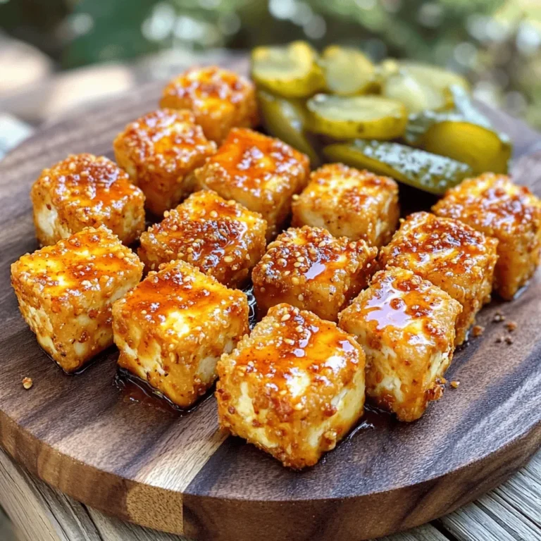 - 16 oz firm tofu, pressed and cubed - 1 cup plant-based milk (almond or soy) - 1 tablespoon apple cider vinegar - 1 cup all-purpose flour - 1 cup cornmeal - 2 teaspoons garlic powder - 2 teaspoons onion powder - 1 teaspoon smoked paprika - 1 teaspoon cayenne pepper (adjust to your spice preference) - 1 teaspoon salt - 1 teaspoon black pepper - 1 tablespoon maple syrup - ¼ cup hot chili oil - Fresh pickles and sliced bread for serving I love using firm tofu for this recipe. It holds its shape and gives a nice bite. Pressing the tofu is key. It removes excess water and helps the nuggets get crispy. The buttermilk mixture is easy to make. Just mix plant-based milk with apple cider vinegar. Let it sit for five minutes. It thickens and works well for coating. For the dry ingredients, I use all-purpose flour and cornmeal. The cornmeal adds a crunchy texture. The spices pack on the flavor. Garlic powder and onion powder make the nuggets taste savory. Smoked paprika adds a lovely depth. Cayenne pepper is what brings the heat. Adjust it to make it milder or spicier based on your taste. Maple syrup in the hot oil glaze gives a sweet touch. It balances the spice perfectly. Don't forget the fresh pickles! They add a refreshing crunch when served with the nuggets. Sliced bread is optional but makes a great sandwich. Enjoy your Vegan Nashville Hot Tofu Nuggets! For the complete step-by-step guide, check out the Full Recipe. - Preheat the oven to 400°F (200°C). - Press the tofu to remove water, then cut it into nugget-sized pieces. - In a bowl, combine 1 cup of plant-based milk with 1 tablespoon of apple cider vinegar. - Let it sit for 5 minutes. This thickens and curdles the milk. - In one dish, mix 1 cup of flour with garlic powder, onion powder, smoked paprika, salt, and black pepper. - In another dish, pour in 1 cup of cornmeal and mix in cayenne pepper. - Dip each nugget in the flour mix, coating it well. - Next, dip it in the buttermilk, letting excess drip off. - Finally, roll it in the cornmeal mix, pressing gently for a thick coating. - Arrange the coated nuggets on a baking sheet lined with parchment paper. - Lightly oil the nuggets to help them crisp up. - Bake for 25-30 minutes, flipping them halfway for even browning. - In a small bowl, mix hot chili oil with 1 tablespoon of maple syrup for the glaze. - Toss the baked nuggets in the glaze to coat them evenly. Enjoy these spicy treats with fresh pickles for extra flavor! To get the best texture with tofu, pressing is key. Start by using a tofu press or a simple method. Wrap your tofu in a clean towel and place a heavy object on top. Let it press for at least 30 minutes. This step gets rid of extra moisture. It helps your nuggets become crispy. For that perfect crisp, ensure a solid coating. After you coat each nugget in the flour mix, dip it in the buttermilk mixture. Then, roll it in the cornmeal mix. The cornmeal gives a crunchy bite. Lightly spray the nuggets with oil before baking. This adds to their crispiness. Adjusting spice levels is easy. If you want more heat, add more cayenne pepper. Just remember, start small. You can always add more later. For milder nuggets, reduce the cayenne to suit your taste. You can also mix in other spices. Try smoked paprika for a deep flavor. Add some cumin for a warm touch. Garlic powder and onion powder boost the taste without extra heat. Experiment to find your perfect blend. Presentation matters! Arrange your nuggets on a large, colorful platter. Add fresh pickles on top for a pop of color. A sprig of parsley also brightens the dish. You can serve with a side of dipping sauce for added flavor. Consider using sliced bread or buns for a sandwich. It makes for a fun meal. This way, your Vegan Nashville Hot Tofu Nuggets look as good as they taste. {{image_4}} You can change the flavor of your Vegan Nashville Hot Tofu Nuggets by using different spices. Try adding cumin for a warm taste or chili powder for a kick. You can also mix in herbs like thyme or oregano. Fresh herbs add brightness and depth to each bite. These nuggets pair well with many sides. Serve them with crispy fries or a fresh salad. You can also create a delicious sandwich. Place the tofu nuggets in a bun and add your favorite toppings. Think lettuce, tomatoes, and a drizzle of vegan mayo for extra flavor. If you need a gluten-free version, swap out the all-purpose flour and cornmeal. Use almond flour instead of regular flour for the breading. For cornmeal, try using gluten-free breadcrumbs. These changes keep the nuggets tasty and the texture just right. To keep your Vegan Nashville Hot Tofu Nuggets fresh, cool them first. Let them sit at room temperature for about 30 minutes. This helps avoid steam buildup, which makes them soggy. Once cooled, pack them in airtight containers. Glass or BPA-free plastic works best. Make sure to store them in the fridge. They stay good for up to four days. To reheat your tofu nuggets, the oven is best. Preheat it to 375°F (190°C). Place the nuggets on a baking sheet. Bake them for about 10-15 minutes. This method keeps them crispy. You can also use an air fryer. Set it at 350°F (175°C) and cook for about 5-8 minutes. Avoid microwaving as it makes them soft and chewy. You can freeze these nuggets, both baked and unbaked. For unbaked nuggets, arrange them on a baking sheet. Freeze until solid, then transfer to a freezer bag. This saves space. For baked nuggets, let them cool first. Then, place them in a freezer-safe container. They last up to three months. When ready to eat, thaw overnight in the fridge. Bake or air fry them again for best results. You should use firm or extra-firm tofu. Silken tofu is too soft for nuggets. Firm tofu holds its shape well. Extra-firm tofu gives a nice texture. Press it to remove moisture for the best results. This step helps the nuggets get crispy. Yes, this recipe is nut-free. The main ingredients do not include nuts. If you want to add a creamy dip, use tahini or sunflower seed butter. Both options are safe and tasty. Always check labels to ensure all ingredients are nut-free. To kick up the heat, add more cayenne pepper. You can also mix in hot sauce for extra spice. Try using a spicy chili oil instead of regular oil. Red pepper flakes are another good option. Adjust the heat to fit your taste. Yes, you can fry the nuggets! Heat oil in a deep pan for frying. Coat the tofu nuggets well for a crispy crust. Fry in batches to keep the oil hot. This method gives a crunchy texture and rich flavor. Just be careful with hot oil. These nuggets pair well with fresh pickles and sliced bread. You can also serve them with coleslaw for a cool crunch. Dipping sauces like ranch or hot sauce add more flavor. Sweet potato fries make a great side, too! You can find the [Full Recipe] for Vegan Nashville Hot Tofu Nuggets online. In this blog post, we explored how to make Vegan Nashville Hot Tofu Nuggets. We covered key ingredients, like firm tofu and spices, and detailed how to prepare, bread, and bake them to get that perfect crunch. I shared tips for adjusting spice levels and achieving great texture. You now have ideas for serving and storing leftovers too. Enjoy creating this tasty dish, and don’t be afraid to experiment with new flavors! Dive in and make these nuggets your own.