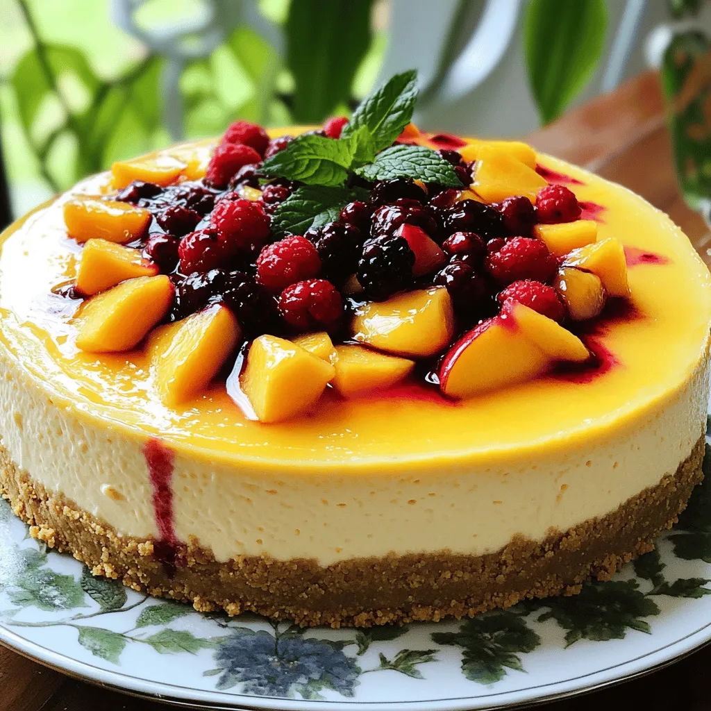 - 1 ½ cups graham cracker crumbs - 16 oz cream cheese, softened - 2 cups fresh peaches, peeled and chopped - 1 cup mixed berries (strawberries, blueberries, raspberries) The graham cracker crumbs form the crust. The cream cheese makes it rich and creamy. Fresh peaches add sweetness, while mixed berries bring a pop of flavor. - 1 cup sour cream - 1 teaspoon vanilla extract - Zest of 1 lemon Sour cream adds tang and creaminess. Vanilla extract boosts sweetness. Lemon zest gives a refreshing touch. - 9-inch springform pan - Electric mixer A springform pan helps you remove the cheesecake easily. An electric mixer makes mixing the cream cheese simple. For the full recipe, check out the complete instructions. Happy baking! 1. Preheat your oven to 325°F (163°C). This step is key for a great crust. 2. In a bowl, mix 1 ½ cups of graham cracker crumbs with ⅓ cup of granulated sugar. 3. Pour in ½ cup of melted butter. Stir until it looks like wet sand. 4. Press this mixture firmly into your springform pan. Bake for 10 minutes. Let it cool. 1. Grab a large bowl and beat 16 oz of softened cream cheese. Mix until it is smooth. 2. Add 1 cup of sour cream, 1 cup of sugar, and 1 teaspoon of vanilla extract. Mix until smooth. 3. Add 3 large eggs, one at a time. Beat gently after each egg to avoid lumps. 4. Gently fold in the zest of 1 lemon, 2 cups of chopped peaches, and 1 cup of mixed berries. 1. Pour the cheesecake filling into the cooled crust. Smooth the top with a spatula. 2. Bake in the oven for 50-60 minutes. The edges should be set, but the middle should jiggle slightly. 3. Turn off the oven and crack the door. Let the cheesecake cool in the oven for 1 hour. 4. After cooling, let it reach room temperature, then refrigerate for at least 4 hours. For best results, chill overnight. For the full recipe, check the detailed list above. Enjoy your creamy creation! To get a smooth, creamy texture in your cheesecake, avoid overmixing the filling. When you mix too much, air gets in, and this can cause cracks later. Mix just until the ingredients blend together. This keeps the cheesecake silky and rich. Cooling the cheesecake in the oven helps prevent cracks. After baking, turn off the oven and crack the door open. Let it sit in there for about an hour. This gradual cooling makes a big difference in the final look. How you top your cheesecake can make it even better. I love to drizzle a homemade berry sauce over each slice. Fresh mint leaves and extra berries on top add a nice touch. It makes each slice look colorful and tasty. When serving drinks, pair your cheesecake with a light tea or sparkling water. You could also serve it with a scoop of vanilla ice cream. Both options enhance the fruity flavors of the cheesecake. To add more depth, think about extra spices. A pinch of cinnamon or nutmeg can bring warmth. If you like a zing, try adding a drop of almond extract. It pairs well with the fruit. You can also play with different types of fruit. Swap peaches for mangoes or pineapples for a tropical twist. Use any berries you love, like blackberries or cherries. The Full Recipe gives you the freedom to experiment while keeping it delicious! {{image_4}} You can change the flavor of your cheesecake easily. For a tropical twist, use mango or pineapple instead of peaches. The sweet, juicy taste will make your dessert refreshing. You can also mix in other berries. Try raspberries, blueberries, or blackberries. They add a nice pop of color and flavor. If you need a gluten-free option, use gluten-free graham crackers for the crust. Just crush them like regular graham crackers and mix with melted butter and sugar. For vegan cheesecake, use cashew cream or coconut cream instead of cream cheese. You can also replace eggs with flaxseed meal mixed with water. This way, everyone can enjoy your cheesecake! Creating a no-bake berry peach cheesecake is simple. Instead of baking, chill it in the fridge. Use the same crust recipe and press it into your pan. For the filling, blend cream cheese, sugar, and vanilla until smooth. Fold in your fruits. Pour the filling over the crust. Then, let it chill for at least four hours. You’ll have a creamy dessert without ever turning on the oven. For the full recipe, check out the Berry Peach Cheesecake section! To keep your berry peach cheesecake fresh, store it in the fridge. Wrap it tightly in plastic wrap or place it in an airtight container. This helps to prevent it from absorbing other odors. Your cheesecake can stay fresh in the fridge for about 4 to 5 days. If you want to save some cheesecake for later, you can freeze it. First, let the cheesecake cool completely. Then, wrap it in plastic wrap and aluminum foil. This double layer protects it from freezer burn. You can freeze it for up to 3 months. When you are ready to eat it, simply take it out of the freezer. Place it in the fridge for several hours or overnight to defrost. Always check for signs of spoilage before eating leftover cheesecake. If you notice any mold or an off smell, it's best to throw it away. To extend freshness, avoid cutting into the cheesecake until you are ready to serve. Keeping it whole helps it last longer. Enjoy your creamy dessert without the worry of spoilage! For more detailed instructions and the full recipe, click here. To prevent cracks in your cheesecake, use a few simple techniques. First, mix your filling gently. Overmixing adds air, which can cause cracks. Second, let the cheesecake cool slowly. After baking, crack the oven door open. This helps the cheesecake cool gradually. Lastly, refrigerate it overnight for the best results. These methods will give you a smooth, creamy cheesecake. Yes, you can use frozen fruits in this recipe. Frozen fruits are convenient and can be just as tasty. They often have great flavor and are easy to find. Just remember to thaw and drain them before mixing them into the batter. This avoids adding extra moisture. Using frozen fruits can save you prep time while still giving a great flavor. Cheesecake usually takes about 4 hours to set in the fridge. However, for the best flavor, leave it overnight. Cooling it in the oven for about an hour after baking helps too. This gradual cooling allows the cheesecake to firm up without cracking. Patience is key for that perfect slice! Using a water bath is not necessary, but it has its benefits. A water bath helps distribute heat evenly. This can give you a creamier texture. It also lowers the chance of cracks forming. If you have time, consider using this method. It can elevate your cheesecake experience. This blog post detailed how to make a delicious berry peach cheesecake. You learned about key ingredients, essential tools, and step-by-step instructions. We explored tips to achieve a creamy texture and variations, like no-bake options and dietary adjustments. Remember, storing your cheesecake properly ensures its freshness. With these insights, you are set to impress friends and family with your cheesecake. Enjoy crafting your dessert, and don’t forget to share!
