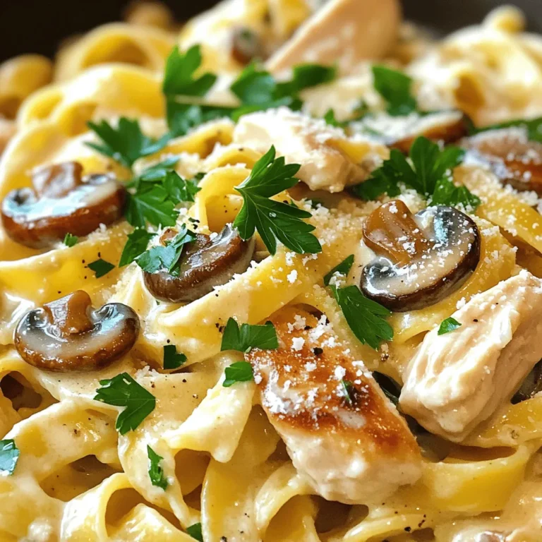 - 300g pasta (fettuccine or penne) - 2 boneless, skinless chicken breasts, thinly sliced - 200g mushrooms, sliced (cremini or button varieties) - 1 cup heavy cream - 1 cup chicken broth - 1 cup freshly grated Parmesan cheese - 2 cloves garlic, finely minced - 1 small onion, finely chopped - 2 tablespoons extra virgin olive oil - 1 teaspoon Italian seasoning blend - Salt and freshly cracked black pepper to taste - Fresh parsley, finely chopped (for garnish) Gather these ingredients before you start. Having everything ready helps you cook smoothly. You can choose fettuccine or penne based on your taste. Chicken breasts add protein, while mushrooms bring a nice earthy flavor. Heavy cream makes the sauce rich and smooth. Chicken broth gives depth. Freshly grated Parmesan adds a cheesy touch. Garlic and onion boost the flavor. Olive oil keeps things moist and adds richness. Italian seasoning blends many herbs for a classic taste. Don’t forget salt and pepper! They really make the dish pop. Finally, fresh parsley adds a colorful garnish. For the full recipe, check out the details above. Boil a large pot of salted water. Add the pasta and cook until al dente. This usually takes about 10 to 12 minutes. Once done, drain the pasta in a colander. Save about a cup of the cooking water for later. In a big skillet, heat one tablespoon of olive oil on medium heat. While it warms, season the sliced chicken with salt, pepper, and Italian herbs. Place the chicken in the skillet. Cook for 5 to 7 minutes until the chicken is no longer pink. Move the chicken to a plate and keep it warm. Use the same skillet for the vegetables. Add the last tablespoon of olive oil. Once hot, add the chopped onion. Cook for 2 to 3 minutes until it is clear. Then, add the minced garlic and sliced mushrooms. Stir for about 5 to 7 minutes until the mushrooms turn brown and soft. Lower the heat to medium-low. Pour in the chicken broth. Scrape the bottom of the skillet to mix in any brown bits. Add the heavy cream and stir well. Let it simmer for 3 to 4 minutes until it thickens. Put the cooked chicken back into the skillet. Add the freshly grated Parmesan cheese. Stir everything together until the cheese melts. If the sauce is too thick, add a bit of the reserved pasta water. Gently add the drained pasta to the skillet. Toss it carefully to coat the pasta in the creamy sauce. Taste it and add more salt and pepper if you want. Plate the creamy chicken mushroom pasta in bowls. Sprinkle fresh parsley on top for color. You can also add more Parmesan cheese if you like. Enjoy your delicious dinner delight! For the full recipe, check the earlier sections. To cook pasta perfectly, start with a large pot of salted water. Bring it to a rolling boil. Add your pasta and cook until it is al dente. This usually takes about 10-12 minutes. Drain the pasta but save some water for later. This starchy water helps the sauce stick. For tender chicken breasts, slice them thinly. Season with salt and pepper before cooking. Heat olive oil in a skillet over medium heat. Cook the chicken until it is no longer pink, about 5-7 minutes. This keeps the chicken juicy and flavorful. Add depth to your sauce by using fresh herbs. Basil or thyme can brighten the flavor. For heat, consider adding red pepper flakes or a splash of hot sauce. These little tweaks can elevate your dish to new heights. If you want a richer sauce, stir in some cream cheese with the heavy cream. This adds a creamy texture and a nice tang. You can also experiment with different cheeses. A bit of goat cheese or blue cheese can add a unique twist. For sides, a fresh green salad pairs well with this dish. The crunch of the salad balances the creaminess of the pasta. You can also serve garlic bread for extra flavor and texture. When it comes to drinks, a crisp white wine works best. A chilled Sauvignon Blanc or a light Pinot Grigio complements the dish nicely. If you prefer non-alcoholic options, a sparkling water with lemon can refresh your palate. Enjoy making this creamy chicken mushroom pasta! For the full recipe, check out the details above. {{image_4}} You can make this dish vegetarian by swapping chicken for tofu or extra vegetables. Tofu absorbs flavors well and gives a nice texture. Cut firm tofu into cubes and sauté until golden brown. You can also add veggies like zucchini, bell peppers, or broccoli for more color and taste. For a gluten-free meal, choose gluten-free pasta like rice or corn pasta. These options cook similarly to regular pasta and still taste great. You may need to adjust cooking times, so check the package instructions. The creamy sauce remains just as tasty with these pasta swaps. You can enhance the dish with sun-dried tomatoes, spinach, or different cheeses. Sun-dried tomatoes add a sweet and tangy kick. Toss in fresh spinach for a pop of color and nutrients. Experiment with cheeses like mozzarella or goat cheese for a unique twist. Each addition brings a new layer of flavor to your creamy chicken mushroom pasta. For the full recipe, check out the detailed instructions earlier. To store leftovers of creamy chicken mushroom pasta, place it in an airtight container. Make sure it cools down before sealing. This helps keep the dish fresh. You can store it in the fridge for up to three days. Reheat only the portion you plan to eat later. This keeps the rest tasty and safe. Yes, you can freeze creamy chicken mushroom pasta! To do this, let it cool completely. Then, transfer it to a freezer-safe container or bag. It can last up to three months in the freezer. When you’re ready to enjoy it again, thaw it overnight in the fridge. This helps to preserve the flavors. For the best results when reheating, use the stovetop. Place the pasta in a skillet over low heat. Add a splash of chicken broth or water to help loosen the sauce. Stir gently until heated through. You can also use a microwave, but cover it to keep moisture in. Heat it in short bursts, stirring often to avoid hot spots. This dish takes about 30 minutes to make. You need 15 minutes to prep your ingredients. Cooking the pasta and the sauce takes another 15 minutes. This quick cooking time makes it great for busy weeknights! Yes, you can use canned mushrooms. However, fresh mushrooms offer better flavor and texture. Canned mushrooms can be softer and lack that nice bite. If possible, use fresh for the best experience. If you want a lighter option, consider using half-and-half or whole milk. You can also use a mix of milk and cornstarch for a similar texture. Just keep in mind, it may not be as rich as heavy cream. You can prepare the chicken and sauce in advance. Just store them separately in the fridge. Cook the pasta fresh when you are ready to serve. This keeps everything nice and tasty! For the best results, use the Full Recipe to guide your prep. This blog post covered a creamy chicken mushroom pasta recipe. You learned about the ingredients, step-by-step cooking instructions, and helpful tips. Exploring variations for different diets ensures everyone can enjoy this dish. You also gained storage advice and answers to common questions. Cooking can be fun and satisfying. Try this recipe and make it your own!