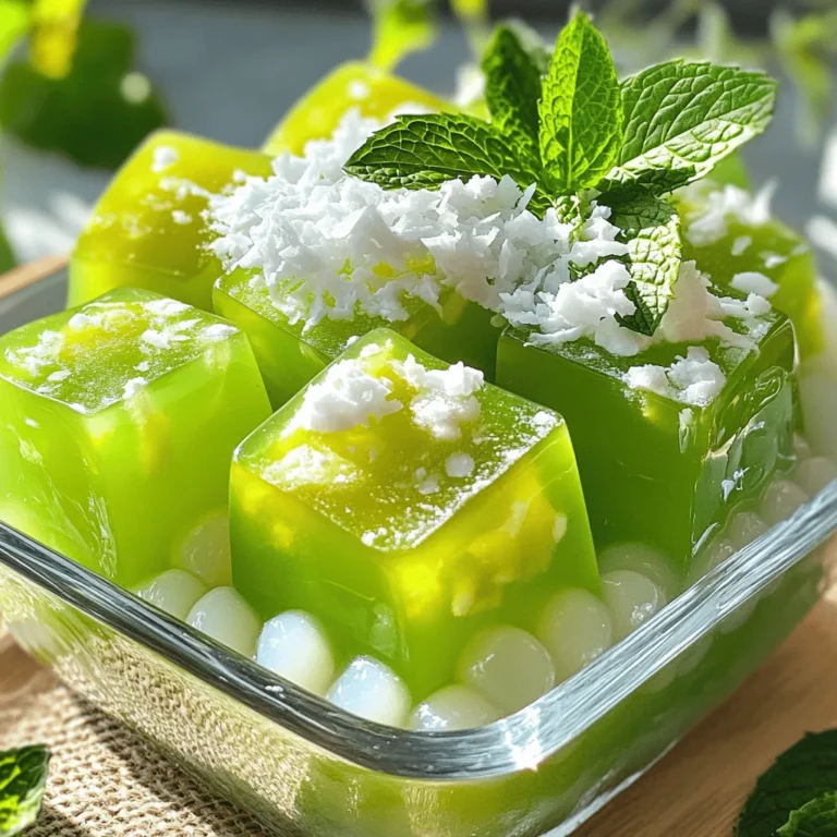 Grass jelly balls are a fun and tasty treat. They feature soft, chewy tapioca pearls mixed with refreshing grass jelly. This dessert has a unique look and texture that makes it stand out. The jelly has a dark color and a slightly herbal taste, which pairs well with sweet coconut milk. You can enjoy grass jelly balls as a snack or a dessert. Grass jelly comes from the leaves of the Mesona chinensis plant. People in Asia have enjoyed it for many years. It appears in various dishes, from drinks to desserts. In countries like Taiwan and Malaysia, grass jelly is a popular dessert base. It often combines with other ingredients, creating a delightful mix of flavors and textures. This treat connects people to their culture and traditions. Grass jelly balls offer several health benefits. They are low in calories, making them a great choice for a light dessert. Grass jelly contains antioxidants, which help protect your body from damage. The tapioca pearls provide energy through carbohydrates. Coconut milk adds healthy fats, while sugar gives you a quick energy boost. Enjoying this treat in moderation can be a delightful way to satisfy your sweet tooth while also being mindful of nutrition. To make Grass Jelly Balls Delight, gather these simple ingredients: - 1 cup grass jelly, cut into small cubes - 1/2 cup small-sized tapioca pearls - 1/4 cup creamy coconut milk - 2 tablespoons sugar (adjust according to your sweetness preference) - 1/4 teaspoon pure vanilla extract - Fresh mint leaves for garnish - Crushed ice (optional, for a refreshing touch) If you can't find grass jelly, try using agar jelly. It has a similar texture and taste. For tapioca pearls, you can use mini boba as an alternative. If you want a dairy-free option, replace the coconut milk with almond milk or cashew cream. You can also swap sugar for honey or maple syrup for added flavor. For the best taste, buy high-quality grass jelly from Asian grocery stores or online. Look for brands with a short ingredient list. When choosing tapioca pearls, select small-sized ones that are fresh. Always check the packaging for expiration dates. For coconut milk, choose full-fat coconut milk for a rich flavor. Fresh mint adds a nice touch, so get it from a local market or grow it at home. To start, you need to prepare the tapioca pearls. Grab a medium pot and fill it with 3 cups of water. Heat the water until it boils. Carefully add the tapioca pearls to the pot. Stir gently to keep them from sticking together. Cook the pearls for 15 to 20 minutes. They should look clear and feel chewy when done. After cooking, turn off the heat and let the pearls sit for 10 more minutes. This helps them reach the perfect texture. Next, drain the pearls using a fine mesh strainer. Rinse them under cold water to stop cooking and remove extra starch. Set the pearls aside. Now, it’s time to assemble your treat! First, take individual serving bowls. Start by layering the bottom with grass jelly cubes. Make sure they cover the bowl evenly. Then, add a generous amount of the cooked tapioca pearls on top of the grass jelly. This adds a nice chewy texture. Next, mix the creamy coconut milk, sugar, and vanilla extract in a bowl. Stir well until the sugar dissolves. Carefully drizzle this sweet coconut mixture over the layered grass jelly and tapioca. If you want it cold, add some crushed ice on top. Finally, garnish with fresh mint leaves for color and a fresh taste. For the best results, layer your ingredients carefully. Start with the grass jelly to prevent it from breaking. Spread the tapioca pearls evenly for a nice look. Drizzle the coconut milk slowly to cover all layers. This helps every bite be sweet and tasty. If you want a fun twist, consider adding toasted sesame seeds or fresh fruit on top. These not only add flavor but also make your dessert look beautiful. Enjoy your Grass Jelly Balls Delight! {{image_4}} When making Grass Jelly Balls, avoid overcooking the tapioca pearls. This can make them too soft. Make sure to follow the cooking time closely. Rinsing the pearls after cooking is also key. It stops the cooking and removes extra starch. If you skip this step, pearls may clump together. Lastly, don’t rush the layering process. This helps create a beautiful dish. If you have leftovers, store them in the fridge. Keep the grass jelly and tapioca pearls in separate containers. This keeps the texture fresh. When ready to eat, combine them again. You can reheat the coconut milk slightly if needed. Consume leftovers within two days for the best taste. To boost flavors, try adding a pinch of salt to the coconut milk. This can enhance sweetness. You can also mix in a bit of fresh fruit like mango or berries. They add natural sweetness and color. For a twist, add a splash of lime juice. This will give a zesty kick. Remember, small changes can make a big difference in taste! You can mix it up with different ingredients. Try using fruit jelly instead of grass jelly for a sweeter twist. You can also swap coconut milk for almond milk. This change adds a nutty flavor that many enjoy. For a more tropical vibe, add pineapple or mango pieces. These fruits brighten the dish and offer more nutrients. Serve your grass jelly balls in unique ways. Use a clear glass to show off the beautiful layers. You can also put them in small cups for easy sharing. Drizzle honey or agave syrup on top for added sweetness. Adding a sprinkle of toasted nuts gives a nice crunch too. For a fun twist, freeze the mixture in popsicle molds for a cool treat. Grass jelly balls can fit into many dishes. Mix them into smoothies for a refreshing drink. You can also add them to fruit salads for texture. Another option is to throw them into Asian desserts like shaved ice. Their chewy texture adds a fun element to any dish. Check out the Full Recipe for more ways to enjoy grass jelly balls! To make grass jelly, you need specific plants. You will use the leaves of the Mesona chinensis plant. Boil the leaves in water for a while. Strain the liquid and add sugar. Let it cool to form jelly. This jelly can then be cut into cubes and used in recipes. You can find grass jelly balls in many Asian grocery stores. Look in the dessert aisle or the refrigerated section. You might also find them online through specialty food websites. Check if they sell vacuum-sealed or canned versions for convenience. Yes, you can make grass jelly balls ahead of time. They keep well in the fridge for about three days. Just store them in an airtight container. When ready to use, simply layer them into your dish. You can use grass jelly balls in many dishes. They work well in desserts like fruit salads and bubble teas. You can add them to sweet soups or serve them with coconut milk. They make a great addition to any refreshing summer treat. For a fun recipe, check the Full Recipe for Grass Jelly Balls Delight! Grass jelly balls offer a unique and tasty treat. We explored their origins, cultural importance, and health perks. You learned how to gather quality ingredients and make them at home. The step-by-step guide made the process easy, while tips helped you avoid mistakes. Variations and creative uses keep things exciting. Now, go ahead and enjoy your grass jelly balls in fun ways. The possibilities are endless, so get creative and share your delights!