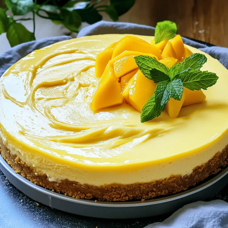 To make this delicious creamy mango cheesecake, gather the following ingredients: - 1 ½ cups graham cracker crumbs - ½ cup unsalted butter, melted - 2 tablespoons granulated sugar - 16 oz cream cheese, softened to room temperature - 1 cup sour cream - ¾ cup granulated sugar - 2 teaspoons pure vanilla extract - 1 cup ripe mango puree (fresh or canned) - 2 large eggs, at room temperature - 2 tablespoons cornstarch - Fresh mango slices and mint leaves, for garnish If you need to make some swaps, here are some ideas: - Use digestive biscuits instead of graham crackers for the crust. - If you’re dairy-free, try cream cheese made from nuts. - You can replace sour cream with Greek yogurt for a tangy taste. - For a sweeter cheesecake, add more sugar to the mango puree. Choosing the right mango is key to great flavor. Here’s how to pick the best ones: - Look for mangoes that feel slightly soft when gently squeezed. - The skin should have a bright color, often yellow or red with green. - Check for a sweet, fruity aroma near the stem. - Avoid any mangoes with dark spots or blemishes. - If they are not ripe, place them in a paper bag to speed up ripening. This recipe brings together fresh mango flavor with creamy cheesecake for a delightful treat. Enjoy making it with your favorite ingredients! For the complete recipe, check the Full Recipe link. To start, gather your ingredients. You will need graham cracker crumbs, melted butter, and sugar. First, preheat your oven to 325°F (160°C). In a bowl, mix the crumbs, melted butter, and sugar. Stir until it looks like wet sand. Next, take a 9-inch springform pan. Press the crumb mixture into the bottom evenly. Bake for 10 minutes. After baking, let it cool completely. Now, it’s time to make the filling. Get your cream cheese and place it in a large bowl. Beat it with an electric mixer until it's smooth. Add in the sour cream, sugar, and vanilla extract. Mix until everything is well combined. Next, fold in the mango puree gently with a spatula. Add the eggs one at a time, mixing slowly. Be careful not to overmix. Lastly, sift the cornstarch and fold it in until the batter is smooth. Pour the mango cheesecake batter over the cooled crust. Smooth the top with a spatula. Bake in your oven for 55 to 60 minutes. The edges should be set, while the center has a slight jiggle. Turn off the oven and leave the cheesecake inside for one hour. This helps prevent cracks. After cooling, transfer the cheesecake to the refrigerator. Chill for at least 4 hours or overnight. When ready to enjoy, slice and garnish with fresh mango and mint. To get a smooth and creamy texture, start with room-temperature ingredients. This helps the cream cheese blend well. Use an electric mixer to beat the cream cheese until it is lump-free. Mix slowly when adding eggs, one at a time. This keeps air out of the batter. Too much air can make the cheesecake puffy and less smooth. Cracking is a common issue with cheesecakes. To avoid this, let your cheesecake cool slowly in the oven. After baking, turn off the heat and leave it inside for an hour. This gradual cooling helps the cheesecake set without sudden temperature changes. Also, avoid overmixing, especially after adding the eggs. Overmixing can cause air bubbles, which lead to cracks. Having the right tools makes cheesecake easier to make. Here are some must-have items: - Springform pan: This allows for easy removal of the cheesecake. - Electric mixer: A hand mixer or stand mixer helps achieve a smooth batter. - Spatula: Use it for folding and smoothing the batter. - Sifter: For sifting cornstarch and avoiding lumps. - Oven thermometer: This ensures your oven is at the right temperature. These tools will help you create a perfect creamy mango cheesecake. For more detailed steps, check the Full Recipe. {{image_4}} You can easily add new flavors to your creamy mango cheesecake. For a tropical twist, use passion fruit puree instead of mango. This will give your cheesecake a bright, tangy taste. Simply swap the mango puree for the same amount of passion fruit. You can also add shredded coconut for a chewy texture. Mix in ½ cup of coconut with the cream cheese for a rich flavor. If you want a no-bake version, it is simple. Just skip the baking steps. After mixing your filling, pour it over the crust. Chill it in the fridge for at least 6 hours or overnight. This will help it set without baking. The result is a lighter dessert that is just as creamy and delicious. You can make this cheesecake gluten-free by using gluten-free graham crackers or almond flour for the crust. For a vegan version, replace the cream cheese with a plant-based alternative. You can also use coconut cream in place of sour cream. Substitute eggs with flax eggs or applesauce for binding. These swaps will help you enjoy a creamy mango cheesecake that fits your dietary needs. For the full recipe, check out the [Full Recipe]. Storing leftover cheesecake is simple. First, cover the cheesecake with plastic wrap or aluminum foil. This keeps it fresh and moist. If you used a springform pan, you can leave it in the pan. Just wrap the top well. Place it in the fridge for up to five days. I recommend enjoying it within this time for the best taste. If you want to save your cheesecake for later, freezing is the way to go. First, let it cool completely. Then, slice it into pieces. Wrap each slice tightly in plastic wrap. After that, place the wrapped slices in a freezer-safe bag. You can freeze them for up to three months. When you are ready to eat, just thaw the slices in the fridge overnight. You don’t need to reheat cheesecake, but you can refresh it. If it has been frozen, let it thaw in the fridge. This keeps its smooth texture. Before serving, you can add fresh mango slices or a drizzle of fruit sauce. This gives it a fresh taste and a pretty look. For the full recipe, check the section above. It takes about 20 minutes to prep. Baking takes 55 to 60 minutes. You also need to chill it for at least 4 hours. So, the total time is around 6 hours, including chilling. Yes, you can use frozen mango. Just thaw it and blend it into a puree. This works well if fresh mango is not available. The flavor will still be great! To slice cheesecake neatly, use a hot knife. Dip it in hot water, then dry it off. Cut through the cheesecake slowly. Clean the knife after each cut. This keeps the slices pretty and clean. For more tips, check the Full Recipe for extra ideas! In this article, I covered how to create a creamy mango cheesecake. You learned about the key ingredients, step-by-step instructions, and essential tips for the best results. I shared delicious variations and how to store leftover cheesecake. Remember to pick fresh mangoes for the best flavor. With practice, your cheesecake will impress everyone. Enjoy your baking journey and savor each bite of your homemade treat!