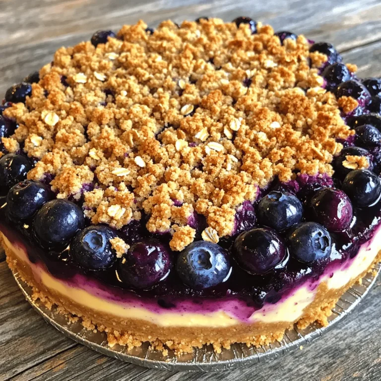 - 1 ½ cups graham cracker crumbs - ½ cup unsalted butter, melted - ¼ cup granulated sugar - 16 oz (450g) cream cheese, softened - 1 cup granulated sugar - 3 large eggs, at room temperature - 1 tsp pure vanilla extract - 1 cup sour cream - 1 cup fresh blueberries, rinsed and dried - 1 cup all-purpose flour - ½ cup rolled oats - ½ cup packed brown sugar - ½ cup unsalted butter, cold and cubed - 1 tsp ground cinnamon To create this Blueberry Crumble Cheesecake, you'll need simple but essential ingredients. The crust forms the base, giving texture and flavor. I use graham cracker crumbs, unsalted butter, and a bit of sugar to make it sweet. This forms a tasty layer that holds the entire cheesecake together. For the cheesecake filling, the star is cream cheese. It brings a rich and creamy taste. I mix it with sugar, eggs, vanilla, sour cream, and fresh blueberries. The blueberries add a burst of fruity flavor that balances the creaminess of the cheesecake. Make sure to rinse and dry them well before adding them to the mix. Lastly, the crumble topping is what makes this dessert extra special. I combine flour, rolled oats, brown sugar, cold unsalted butter, and cinnamon. This mixture creates a crunchy texture that contrasts perfectly with the soft cheesecake. Using quality ingredients makes a big difference in taste. I recommend using fresh blueberries for the best flavor. If you want to dive deeper, check out the Full Recipe for detailed steps. First, preheat your oven to 325°F (160°C). In a medium bowl, mix the graham cracker crumbs, melted butter, and sugar. Stir until it looks like wet sand. Next, press the mixture into the bottom of a 9-inch springform pan. Make sure it’s even. Bake the crust for 10 minutes, then remove it from the oven and let it cool completely in the pan. In a large bowl, beat the cream cheese and sugar together until smooth. You want a creamy texture. Add the eggs one at a time, mixing well after each addition. Then, stir in the vanilla extract and sour cream. Finally, gently fold in the fresh blueberries, careful not to break them. Pour the cheesecake filling over your cooled crust. Spread it evenly with a spatula. Bake it for about 45-50 minutes or until the edges set and the center still jiggles a bit. After baking, turn off the oven and leave the cheesecake inside with the door slightly open for about an hour. This helps it cool down slowly. While the cheesecake cools, make the crumble topping. In a separate bowl, mix the flour, rolled oats, brown sugar, cold cubed butter, and cinnamon. Use your fingers or a pastry cutter to blend everything until it looks like coarse crumbs. After the cheesecake cools, sprinkle the crumble topping evenly over the cheesecake. Then, increase the oven temperature to 350°F (175°C) and bake for another 20-25 minutes. Look for a golden brown crumble on top. Once done, take the cheesecake out and let it cool at room temperature. After cooling, cover the cheesecake with plastic wrap and refrigerate for at least 4 hours. For the best taste, chill it overnight. Before serving, run a knife around the edge of the pan to loosen it. Remove the sides of the springform pan and slice the cheesecake into 12 pieces. You can garnish with fresh blueberries if you like. For the Full Recipe, check the earlier sections. Enjoy your delicious Blueberry Crumble Cheesecake! To get the best texture for your cheesecake, start with room temperature ingredients. This step is key. Cold cream cheese won’t mix well and can lead to lumps. Let your cream cheese and eggs sit out for about 30 minutes before using them. Also, avoid overmixing the filling. Mix just until all ingredients combine. Too much mixing adds air to the batter. This air can cause cracks while baking. For storing the cheesecake, keep it in the fridge. Cover it lightly with plastic wrap or foil. This keeps it fresh for about five days. If you want to save it longer, freeze it. Slice the cheesecake first for easy serving later. Wrap each slice in plastic wrap, then place them in a freezer-safe bag. It can last up to three months in the freezer. To boost flavor, try adding lemon zest or almond extract to the filling. Both add a nice twist. You can also consider other toppings. Fresh whipped cream pairs well with the cheesecake. You could sprinkle extra blueberries on top for a pop of color and taste. For a bit of crunch, crushed nuts or a drizzle of honey also work great! For the full recipe, check out the Blueberry Crumble Cheesecake section above. {{image_4}} You can change up the berries in this cheesecake. Try raspberries, strawberries, or blackberries. Each fruit brings a unique taste. You can also mix different fruits for more flavor. Adding citrus zest, like lemon or orange, brightens the dish. This small touch makes the cheesecake even more special. If you want a lighter version, cut back on sugar and fat. Use less sugar in the filling and topping. You can also swap regular cream cheese for low-fat cream cheese. This keeps the taste but reduces calories. Another option is to use Greek yogurt instead of sour cream. It adds creaminess with less fat. For those who cannot eat gluten, make a gluten-free crust. Use almond flour or gluten-free graham crackers. This way, everyone can enjoy this dessert. If you need a dairy-free option, try using cashew cream or tofu. Both options create a smooth filling without dairy. You can enjoy this cheesecake no matter your diet. To keep your cheesecake fresh, store it in the fridge. Use an airtight container or cover it with plastic wrap. This will help keep it moist and tasty. The cheesecake stays fresh for about 5 to 7 days. However, the sooner you enjoy it, the better it will taste! Freezing your cheesecake is easy. First, let it cool completely after baking. Then, wrap the cheesecake tightly in plastic wrap and place it in a freezer-safe container. This will help prevent freezer burn. You can freeze it for up to 2 months. When you are ready to eat, move it to the fridge to thaw overnight. After thawing, serve it cold for the best flavor. If you want to enjoy a warm slice, use the oven. Preheat it to 350°F (175°C). Place a slice on a baking sheet and heat for about 10 minutes. This will warm the cheesecake without making it soggy. Avoid using the microwave, as it can change the texture. Enjoy your slice warm or chilled, whichever you prefer! To stop cracks, keep the oven temperature steady. Always use room temperature ingredients. Mix gently to avoid air bubbles. When baking, place a pan of water in the oven. This keeps moisture in and helps. After baking, let the cheesecake cool slowly. Leave it in the oven with the door slightly open. This gradual cooling helps prevent cracks. Yes, you can use frozen blueberries. They work well too. Just make sure to thaw and drain them first. This way, you avoid excess moisture in the batter. Frozen berries may not hold their shape as well as fresh ones. However, they still add great flavor to the cheesecake. To slice cheesecake, use a sharp knife. Dip the knife in hot water before each cut. Wipe the knife clean after each slice. This keeps the slices neat and helps avoid crumbs. For a clean edge, cut straight down. You can also use a cake server to lift slices. This cheesecake lasts about 5 days in the fridge. Keep it covered to keep it fresh. If you want to store it longer, you can freeze it. Frozen cheesecake can last up to 3 months. Just make sure to wrap it well to prevent freezer burn. Absolutely! You can make this cheesecake a day or two ahead. Just let it chill in the fridge. This allows the flavors to blend nicely. When ready to serve, add the crumble topping and slice. It’s a great option for parties or special gatherings. For the full recipe, check out the details above. This blueberry crumble cheesecake combines a crispy crust, creamy filling, and a sweet topping. I shared step-by-step instructions to make baking easy. Tips for perfect texture and flavor enhancements help you create a delicious treat. You can explore variations to suit different tastes and dietary needs. Enjoy this rich dessert at any gathering or special occasion. Follow these guidelines, and you’ll impress everyone with your baking skills. Now it's time to savor your creation!