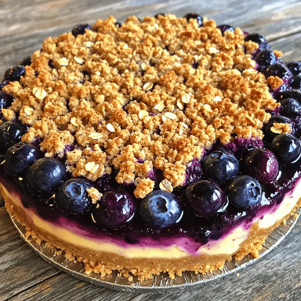 - 1 ½ cups graham cracker crumbs - ½ cup unsalted butter, melted - ¼ cup granulated sugar - 16 oz (450g) cream cheese, softened - 1 cup granulated sugar - 3 large eggs, at room temperature - 1 tsp pure vanilla extract - 1 cup sour cream - 1 cup fresh blueberries, rinsed and dried - 1 cup all-purpose flour - ½ cup rolled oats - ½ cup packed brown sugar - ½ cup unsalted butter, cold and cubed - 1 tsp ground cinnamon To create this Blueberry Crumble Cheesecake, you'll need simple but essential ingredients. The crust forms the base, giving texture and flavor. I use graham cracker crumbs, unsalted butter, and a bit of sugar to make it sweet. This forms a tasty layer that holds the entire cheesecake together. For the cheesecake filling, the star is cream cheese. It brings a rich and creamy taste. I mix it with sugar, eggs, vanilla, sour cream, and fresh blueberries. The blueberries add a burst of fruity flavor that balances the creaminess of the cheesecake. Make sure to rinse and dry them well before adding them to the mix. Lastly, the crumble topping is what makes this dessert extra special. I combine flour, rolled oats, brown sugar, cold unsalted butter, and cinnamon. This mixture creates a crunchy texture that contrasts perfectly with the soft cheesecake. Using quality ingredients makes a big difference in taste. I recommend using fresh blueberries for the best flavor. If you want to dive deeper, check out the Full Recipe for detailed steps. First, preheat your oven to 325°F (160°C). In a medium bowl, mix the graham cracker crumbs, melted butter, and sugar. Stir until it looks like wet sand. Next, press the mixture into the bottom of a 9-inch springform pan. Make sure it’s even. Bake the crust for 10 minutes, then remove it from the oven and let it cool completely in the pan. In a large bowl, beat the cream cheese and sugar together until smooth. You want a creamy texture. Add the eggs one at a time, mixing well after each addition. Then, stir in the vanilla extract and sour cream. Finally, gently fold in the fresh blueberries, careful not to break them. Pour the cheesecake filling over your cooled crust. Spread it evenly with a spatula. Bake it for about 45-50 minutes or until the edges set and the center still jiggles a bit. After baking, turn off the oven and leave the cheesecake inside with the door slightly open for about an hour. This helps it cool down slowly. While the cheesecake cools, make the crumble topping. In a separate bowl, mix the flour, rolled oats, brown sugar, cold cubed butter, and cinnamon. Use your fingers or a pastry cutter to blend everything until it looks like coarse crumbs. After the cheesecake cools, sprinkle the crumble topping evenly over the cheesecake. Then, increase the oven temperature to 350°F (175°C) and bake for another 20-25 minutes. Look for a golden brown crumble on top. Once done, take the cheesecake out and let it cool at room temperature. After cooling, cover the cheesecake with plastic wrap and refrigerate for at least 4 hours. For the best taste, chill it overnight. Before serving, run a knife around the edge of the pan to loosen it. Remove the sides of the springform pan and slice the cheesecake into 12 pieces. You can garnish with fresh blueberries if you like. For the Full Recipe, check the earlier sections. Enjoy your delicious Blueberry Crumble Cheesecake! To get the best texture for your cheesecake, start with room temperature ingredients. This step is key. Cold cream cheese won’t mix well and can lead to lumps. Let your cream cheese and eggs sit out for about 30 minutes before using them. Also, avoid overmixing the filling. Mix just until all ingredients combine. Too much mixing adds air to the batter. This air can cause cracks while baking. For storing the cheesecake, keep it in the fridge. Cover it lightly with plastic wrap or foil. This keeps it fresh for about five days. If you want to save it longer, freeze it. Slice the cheesecake first for easy serving later. Wrap each slice in plastic wrap, then place them in a freezer-safe bag. It can last up to three months in the freezer. To boost flavor, try adding lemon zest or almond extract to the filling. Both add a nice twist. You can also consider other toppings. Fresh whipped cream pairs well with the cheesecake. You could sprinkle extra blueberries on top for a pop of color and taste. For a bit of crunch, crushed nuts or a drizzle of honey also work great! For the full recipe, check out the Blueberry Crumble Cheesecake section above. {{image_4}} You can change up the berries in this cheesecake. Try raspberries, strawberries, or blackberries. Each fruit brings a unique taste. You can also mix different fruits for more flavor. Adding citrus zest, like lemon or orange, brightens the dish. This small touch makes the cheesecake even more special. If you want a lighter version, cut back on sugar and fat. Use less sugar in the filling and topping. You can also swap regular cream cheese for low-fat cream cheese. This keeps the taste but reduces calories. Another option is to use Greek yogurt instead of sour cream. It adds creaminess with less fat. For those who cannot eat gluten, make a gluten-free crust. Use almond flour or gluten-free graham crackers. This way, everyone can enjoy this dessert. If you need a dairy-free option, try using cashew cream or tofu. Both options create a smooth filling without dairy. You can enjoy this cheesecake no matter your diet. To keep your cheesecake fresh, store it in the fridge. Use an airtight container or cover it with plastic wrap. This will help keep it moist and tasty. The cheesecake stays fresh for about 5 to 7 days. However, the sooner you enjoy it, the better it will taste! Freezing your cheesecake is easy. First, let it cool completely after baking. Then, wrap the cheesecake tightly in plastic wrap and place it in a freezer-safe container. This will help prevent freezer burn. You can freeze it for up to 2 months. When you are ready to eat, move it to the fridge to thaw overnight. After thawing, serve it cold for the best flavor. If you want to enjoy a warm slice, use the oven. Preheat it to 350°F (175°C). Place a slice on a baking sheet and heat for about 10 minutes. This will warm the cheesecake without making it soggy. Avoid using the microwave, as it can change the texture. Enjoy your slice warm or chilled, whichever you prefer! To stop cracks, keep the oven temperature steady. Always use room temperature ingredients. Mix gently to avoid air bubbles. When baking, place a pan of water in the oven. This keeps moisture in and helps. After baking, let the cheesecake cool slowly. Leave it in the oven with the door slightly open. This gradual cooling helps prevent cracks. Yes, you can use frozen blueberries. They work well too. Just make sure to thaw and drain them first. This way, you avoid excess moisture in the batter. Frozen berries may not hold their shape as well as fresh ones. However, they still add great flavor to the cheesecake. To slice cheesecake, use a sharp knife. Dip the knife in hot water before each cut. Wipe the knife clean after each slice. This keeps the slices neat and helps avoid crumbs. For a clean edge, cut straight down. You can also use a cake server to lift slices. This cheesecake lasts about 5 days in the fridge. Keep it covered to keep it fresh. If you want to store it longer, you can freeze it. Frozen cheesecake can last up to 3 months. Just make sure to wrap it well to prevent freezer burn. Absolutely! You can make this cheesecake a day or two ahead. Just let it chill in the fridge. This allows the flavors to blend nicely. When ready to serve, add the crumble topping and slice. It’s a great option for parties or special gatherings. For the full recipe, check out the details above. This blueberry crumble cheesecake combines a crispy crust, creamy filling, and a sweet topping. I shared step-by-step instructions to make baking easy. Tips for perfect texture and flavor enhancements help you create a delicious treat. You can explore variations to suit different tastes and dietary needs. Enjoy this rich dessert at any gathering or special occasion. Follow these guidelines, and you’ll impress everyone with your baking skills. Now it's time to savor your creation!