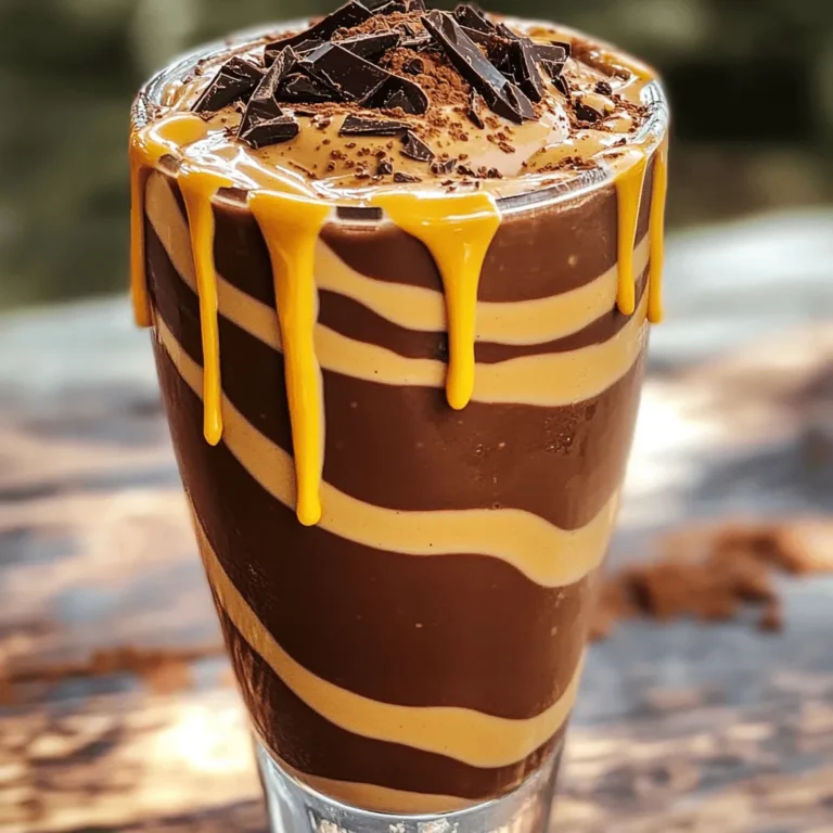 - Dark cocoa powder and its role in flavor Dark cocoa powder adds a rich, deep taste to your shake. It brings a chocolatey punch that pairs perfectly with peanut butter. The unsweetened version keeps things healthy without added sugar. Plus, it’s packed with antioxidants, making it a smart choice for flavor and health. - Benefits of using frozen banana Using a frozen banana makes your shake creamy and thick. It adds natural sweetness without being overpowering. Frozen bananas also help chill the shake, so you don’t need to add ice. This keeps the flavor pure and rich, enhancing your overall experience. - Peanut butter options: natural vs. processed You can choose between natural and processed peanut butter. Natural peanut butter has no added sugars or oils. It offers a pure peanut flavor that blends well. Processed peanut butter is creamier and sweeter. It’s great if you want a more indulgent taste. Both options work well; it just depends on your preference! You can find the full recipe above for a delightful treat that’s both nutritious and indulgent. To start, blend your ingredients for the perfect consistency. First, add the dark cocoa powder, frozen banana, and peanut butter to your blender. Then, pour in the almond milk, honey or maple syrup, vanilla extract, and a pinch of sea salt. Blend it all on high speed. This creates a smooth and creamy shake. If you like a thicker shake, toss in a handful of ice cubes. Blend again until everything mixes well. Next, taste your shake. If it needs more sweetness, add extra honey or maple syrup. Blend briefly again to mix it in. Getting the right sweetness makes your shake even better. For an appealing serving, pour the shake into a tall glass carefully. To impress, drizzle some peanut butter along the inside of the glass before you pour in the shake. This creates a beautiful design. Finally, sprinkle a little cocoa powder on top. You can also add dark chocolate shavings for a fancy touch. Use a colorful straw to finish it off. Enjoy your tasty Dark Chocolate Peanut Butter Shake! For the full recipe, check out the ingredients list. To make the best Dark Chocolate Peanut Butter Shake, you can add a few flavors. A sprinkle of cinnamon or a dash of cayenne pepper can add a kick. These spices boost the chocolate taste and make your shake special. Choose the right milk for a creamy texture. Almond milk is a great choice, but you can use oat or coconut milk. Each type of milk adds its own flavor and creaminess. You want a smooth blend, so pick one you enjoy. Using high-quality cocoa is key. Look for unsweetened dark cocoa powder. It gives your shake a rich, deep flavor. Cheap cocoa can taste bitter and dull. Using good cocoa makes a big difference in your shake's taste. Try these tips to elevate your shake. For the full recipe, check out the recipe section above. Enjoy your tasty creation! {{image_4}} If you want to change up your Dark Chocolate Peanut Butter Shake, I have some great ideas. First, consider dairy-free and vegan options. You can swap almond milk for coconut milk or oat milk. Both options work well and add unique flavors. Next, think about sweeteners. If you prefer something natural, use agave syrup or stevia instead of honey or maple syrup. These alternatives are great for reducing sugar. You can also boost your shake with superfoods or protein powder. Try adding a tablespoon of chia seeds or flaxseeds. These tiny seeds pack a nutritional punch. If you want more protein, a scoop of your favorite protein powder will do the trick. Mix and match these ideas to create your perfect shake. You can find the Full Recipe to get started. To keep your dark chocolate peanut butter shake fresh, store it in the fridge. Use a tight-sealing container or a mason jar. This helps keep air out and flavors in. - Best Practices: Pour any leftover shake into your container right away. This helps maintain its taste and texture. If you plan to store it for more than a day, give it a good shake before drinking. - Shelf Life: Your shake lasts about 1 to 2 days in the fridge. After that, the taste may fade. If you want to keep it longer, consider freezing it. - Freezing Tips: Pour the shake into ice cube trays for easy portioning. Once frozen, transfer the cubes to a freezer bag. This method allows you to blend a quick shake later. Just blend the frozen cubes with a bit of milk for a fast treat. - Reuse Ideas: Use leftover ingredients in other recipes. For example, add extra cocoa powder or peanut butter to oatmeal. Mix frozen banana slices into smoothies or yogurt. You can even use them in baked goods for a chocolatey twist. By following these tips, you ensure that your dark chocolate peanut butter shake remains tasty and fun! For the full recipe, check out the entire article. Can I make this shake ahead of time? Yes, you can make this shake ahead of time. Just blend all the ingredients and store it in the fridge. When you are ready to enjoy it, give it a quick stir or blend it again. The shake tastes best within 24 hours, so try to drink it fresh. How to make it dairy-free? To make this shake dairy-free, use almond milk or coconut milk. Both options add a nice creaminess. You can also try oat milk or soy milk if you prefer. Just make sure to check for any added sugars if you want to keep it healthy. What can I substitute for peanut butter? If you need to replace peanut butter, try almond butter or sunflower seed butter. Both give a nice taste and creamy texture. You can also use tahini. Just keep in mind that the flavor will change slightly. Is this shake healthy or indulgent? This shake can be both! It has healthy ingredients like bananas and cocoa. Yet, it also feels like a treat with peanut butter. If you want to make it healthier, skip the sweetener or reduce the amount you use. The choice is yours! For the full recipe, check out the details above. In this post, we explored how to make a delicious shake using dark cocoa, frozen bananas, and peanut butter. You learned blending steps for the perfect mix, tips for sweetness, and ways to present your shake. We also covered flavor-enhancing spices and alternative ingredients for special diets. Don't forget the best storage tips to keep leftovers fresh. Overall, this shake is easy to make and tasty, whether you want a treat or something healthier. Try it yourself and enjoy the amazing flavors!