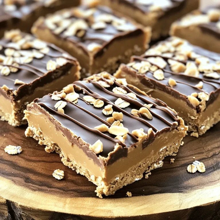 - 1 cup creamy peanut butter - 1 cup rolled oats - 1/2 cup honey or maple syrup - 1/2 cup graham cracker crumbs - 1/4 cup chocolate chips (dark or milk chocolate) - 1/4 teaspoon vanilla extract - Pinch of salt To make no-bake peanut butter bars, you need a few key ingredients. Each one plays an important role in the texture and flavor. The creamy peanut butter gives a rich taste. Rolled oats add a chewy texture. Honey adds sweetness and binds everything together. Graham cracker crumbs give a nice crunch. Chocolate chips add that sweet touch, making the bars even more enjoyable. The vanilla and salt balance the flavors. If you don't have honey, you can use agave or brown sugar. They work great as sweeteners, too. For a different flavor, swap creamy peanut butter for almond or cashew butter. This change can add a fun twist! If you need gluten-free options, look for gluten-free graham crackers. This way, everyone can enjoy these tasty bars. For the full recipe, visit the cooking section. 1. Start by placing 1 cup of creamy peanut butter and 1/2 cup of honey (or maple syrup) in a large bowl. Mix these two well using a sturdy spatula. I like to blend until it is smooth and creamy. 2. Next, add 1 cup of rolled oats, 1/2 cup of graham cracker crumbs, 1/4 teaspoon of vanilla extract, and a pinch of salt. Stir everything together. You want it to look like a sticky dough. 3. Now it’s time to fold in 1/4 cup of chocolate chips. Gently mix them into the dough. This way, they stay whole and add nice bites of chocolate. 1. Grab an 8x8 inch square baking pan. Line it with parchment paper. Make sure to leave some paper hanging over the sides. This will help you lift the bars out later. 2. Pour the peanut butter mixture into the pan. Use the back of your spatula to press it down. You want a compact layer that holds together well. 1. Put the pan in the fridge. Let it chill for at least 1 hour. This helps the bars set up nicely. 2. When they are ready, take the pan out of the fridge. Use the parchment paper to lift the whole block out. Place it on a cutting board and slice it into squares or rectangles. For a great treat, store any leftovers in an airtight container. They stay fresh in the fridge for up to a week. Enjoy your no-bake peanut butter bars! To get the best no-bake peanut butter bars, start with a compact mixture. A firm mix helps the bars hold their shape well. Press the mixture firmly into the pan. This step makes a big difference. For optimal results, chill the bars in the fridge for at least an hour. This helps them set properly and enhances their texture. Make your bars look great by drizzling melted chocolate on top. This adds a rich flavor and a nice finish. You can also add toppings like chopped nuts, shredded coconut, or a sprinkle of sea salt. These extras not only make your bars pretty but also add a fun crunch. One mistake is overmixing the ingredients. This can make the bars too soft. Mix just enough to combine everything. Another common error is not chilling the bars long enough. If you don’t chill them enough, they might not hold together when you cut them. Make sure to allow the full chilling time for the best results. {{image_4}} You can easily change the taste of your no-bake peanut butter bars. Adding spices like cinnamon or nutmeg can give a warm flavor. Just a pinch can brighten the taste. You can also try using extracts like almond or coconut. A few drops will add a nice twist to the bars. Get creative with these flavors to make them your own! If you want vegan no-bake peanut butter bars, swap honey for maple syrup. This keeps the bars plant-based and still tasty. You can also add protein powder for a boost. This option is great if you need more energy or want to refuel after a workout. Just mix in your favorite protein powder with the other ingredients. Seasonal flavors can make your bars special for holidays. In fall, add pumpkin spice for a cozy taste. In winter, a hint of peppermint can make the bars festive. Adjust your mix-ins to match the season. These small changes can bring new life to your no-bake peanut butter bars and make them fun for any occasion! For the full recipe, check out the full recipe section. To keep your no-bake peanut butter bars fresh, store them in an airtight container. This helps prevent moisture and keeps them tasty. I recommend placing a piece of parchment paper between layers to avoid sticking. You should refrigerate them for best results. The cool air helps maintain their texture and flavor. If you want to save some bars for later, freezing is a great choice. First, cut the bars into squares. Then, wrap each one in plastic wrap. Place them in a freezer bag or container. This method will help keep them fresh for up to three months. When you're ready to eat a bar, take it out and let it thaw at room temperature for about 15 to 30 minutes. You can also thaw them overnight in the fridge. These bars can last about one week in the fridge. Look for signs of spoilage. If you see any mold or if they smell off, it's best to throw them away. Fresh bars should have a nice peanut butter aroma and a firm texture. Enjoy your delicious no-bake peanut butter bars while they are at their best! To make no-bake peanut butter bars, you start by mixing peanut butter and honey in a bowl. Next, stir in rolled oats, graham cracker crumbs, and a pinch of salt. Mix until it forms a sticky dough. Then, fold in chocolate chips for sweetness. Press the mixture into a lined pan and chill it in the fridge for one hour. After chilling, cut into bars and enjoy! For a detailed recipe, check the Full Recipe. Yes, you can use natural peanut butter. It has a different texture and taste. Natural peanut butter is thicker and may need more mixing. It can also make the bars a bit crumbly. If you prefer a creamier texture, stick with creamy peanut butter. The flavor will be rich and delicious either way! These bars need to chill for at least one hour. This cooling time helps them set properly. If you chill them longer, they will hold their shape even better. If you want them firmer, leave them in the fridge for two hours. Just make sure to slice them after chilling, so they stay fresh. You can add many fun mix-ins to customize your bars! Try adding chopped nuts for crunch. Dried fruit like raisins or cranberries adds sweetness. You can even include seeds like chia or sunflower seeds for extra nutrition. For a chocolate boost, add cocoa powder or more chocolate chips. The options are endless! These no-bake peanut butter bars are tasty and easy to make. You learned about key ingredients and step-by-step instructions. We also explored substitutions to fit your needs, tips for the best texture, and ways to make the bars unique for any season or diet. Remember to store your bars properly for freshness. With these simple guidelines, you can enjoy delicious bars anytime. Get creative, have fun, and enjoy your tasty treat!